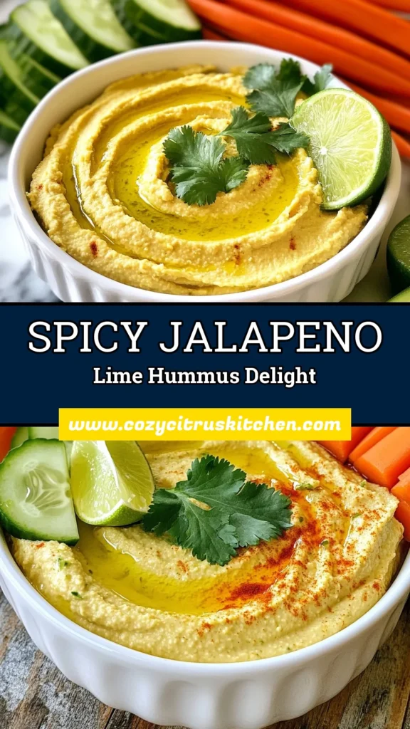 Elevate your snack game with this flavorful Spicy Jalapeno Lime Hummus! This creamy hummus recipe combines chickpeas, fresh lime juice, and spicy jalapeno to create the perfect lime cilantro dip. It's an ideal vegan party appetizer and a healthy snack idea that will impress your guests. Quick and easy to make, this dip pairs wonderfully with fresh vegetables. Try it now and bring some spice to your next gathering! #JalapenoHummus #VeganAppetizer #HealthySnacks #HummusRecipe