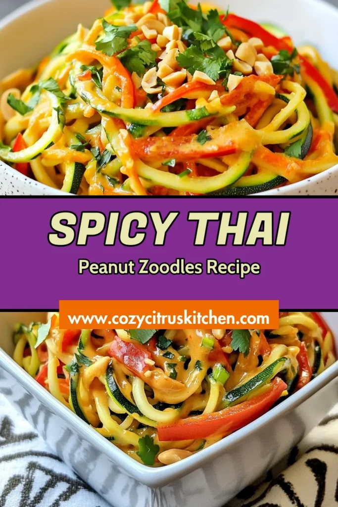 Discover the deliciousness of Spicy Thai Zoodles with this easy Peanut Butter Zoodle Recipe! Perfect for a quick meal, this Gluten-Free Thai Zoodles dish features zucchini noodles coated in a creamy Zucchini Noodle Peanut Sauce. Enjoy a healthy zoodle stir-fry bursting with flavor. Ready in just 15 minutes, it’s time to spice up your dinner routine! Save this recipe and add it to your meal prep! #SpicyThaiZoodles #PeanutButterZoodleRecipe #GlutenFreeZoodles #HealthyZoodleStirFry