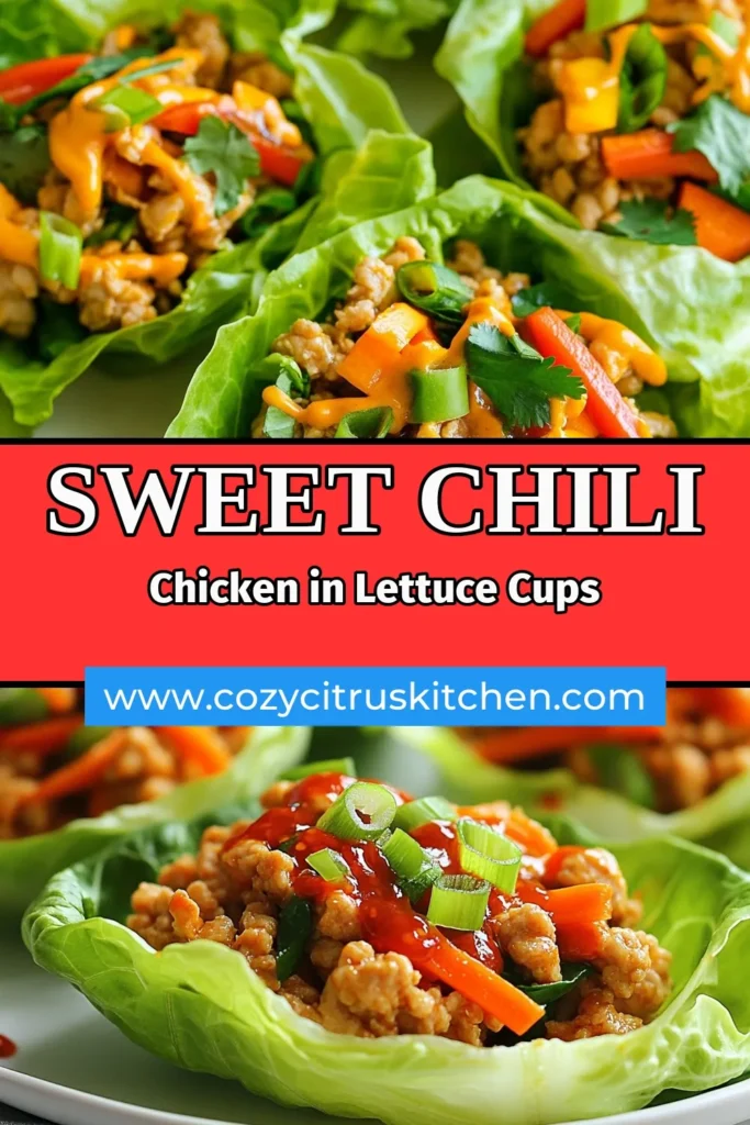 Savor the deliciousness of Sweet Chili Chicken Lettuce Cups with this easy lettuce wrap recipe! Perfectly seasoned ground chicken is combined with fresh veggies and a sweet chili sauce to create healthy chicken lettuce cups that will delight your taste buds. These Asian inspired lettuce wraps are great for a quick dinner or a fun appetizer. Try this easy recipe today and enjoy a flavorful meal! Save for later! #SweetChiliChickenLettuceCups #HealthyChickenLettuceCups #EasyLettuceWrapRecipe #AsianInspiredLettuceWraps