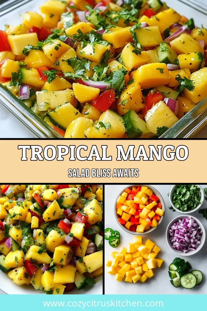 Dive into the refreshing world of Tropical Mango Salad! This vibrant Mango Pineapple Salad is the ultimate Fresh Fruit Salad Recipe, perfect for any occasion. With juicy mango, sweet pineapple, and a zesty lime dressing, it’s an easy-to-make Vegan Mango Salad that everyone will love. Enjoy this Easy Tropical Salad as a side or a light meal. Click to discover how to create this delicious dish and save the recipe for later! #TropicalMangoSalad #VeganRecipes #HealthyEating #FruitSalad