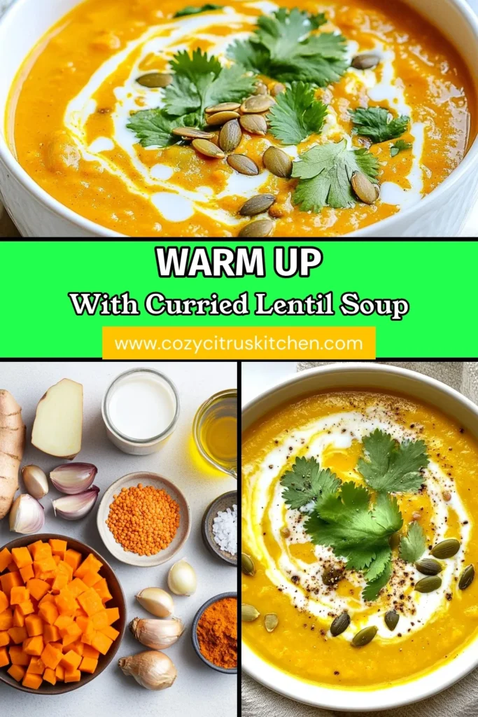 Discover the soothing flavors of curried lentil soup with this easy sweet potato soup recipe. Packed with healthy ingredients, this vegan curry soup features creamy coconut milk, red lentils, and sweet potatoes, making it a perfect comfort dish. Enjoy a bowl of this nutritious goodness that’s not just delicious but also great for meal prep. Save this recipe for your next wholesome meal! #CurriedLentilSoup #SweetPotatoSoup #VeganCurry #HealthyLentilRecipes
