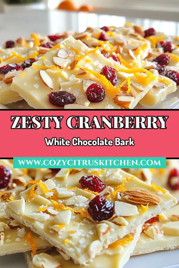 Delight in this festive Orange Cranberry White Chocolate Bark, the perfect addition to your holiday treat ideas! This easy chocolate bark combines creamy white chocolate with tangy cranberries and zesty orange for a deliciously simple festive dessert recipe. Create a batch of this orange cranberry bark in just 15 minutes and impress your guests. Save this quick white chocolate bark recipe for your next celebration! #HolidayTreats #ChocolateBark #FestiveDesserts #SweetTreats