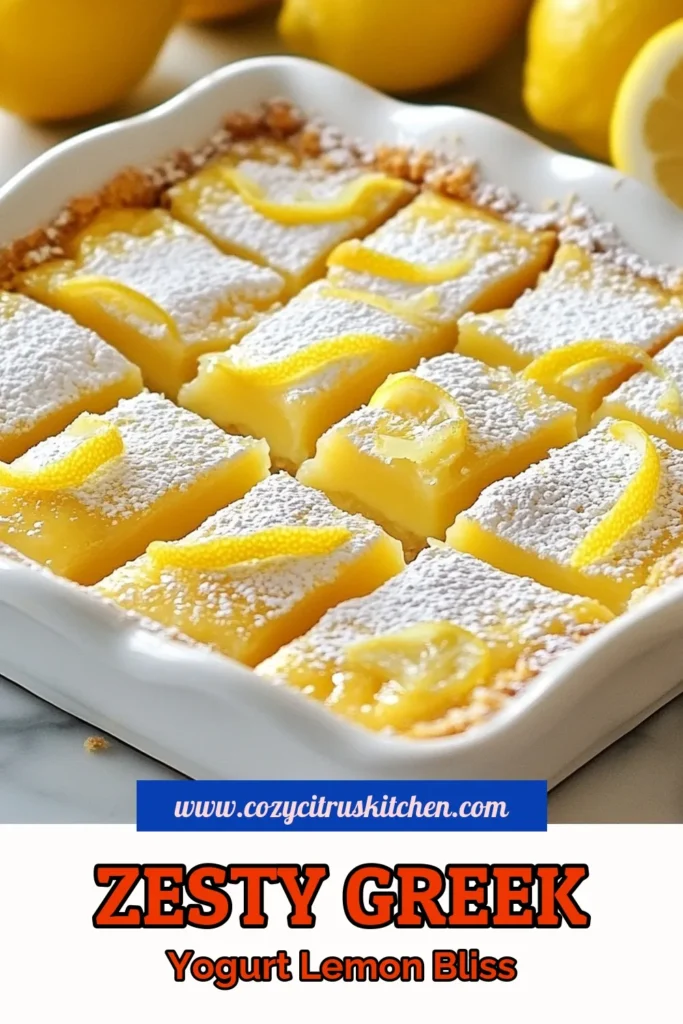 Discover the delightful taste of Greek yogurt lemon bars, a refreshing twist on your favorite lemon dessert! This easy lemon dessert recipe is not only delicious but also healthy, making it perfect for any occasion. Enjoy citrus dessert squares that are creamy and zesty, thanks to the naturally tangy Greek yogurt. Impress your guests and satisfy your cravings with these easy-to-make lemon bars! Try this recipe today! #GreekYogurtLemonBars #HealthyDesserts #CitrusDessert #EasyRecipes