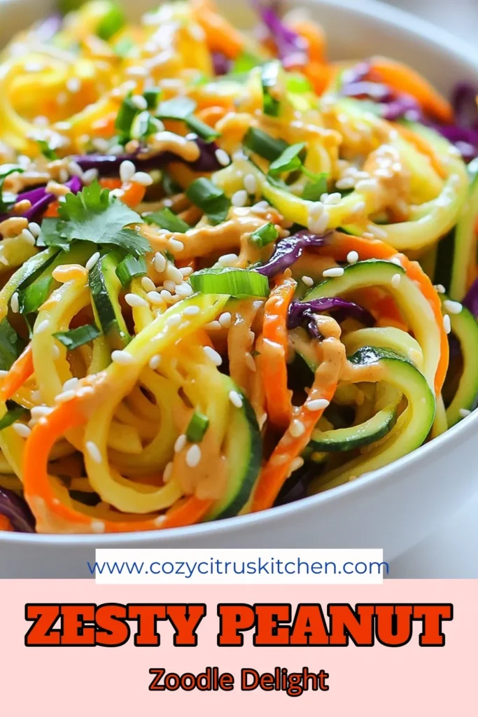 Discover the vibrant flavors of this Sesame Peanut Zoodle Salad! This spiralized zucchini salad is not only a healthy zoodle recipe but also a delicious vegan salad with peanut dressing. Packed with fresh veggies and a gluten-free zoodle dish, it’s perfect for meal prep or a light lunch. Don't miss out on this refreshing dish—pin it now to try later! #ZoodleSalad #VeganRecipes #GlutenFree #HealthyEating