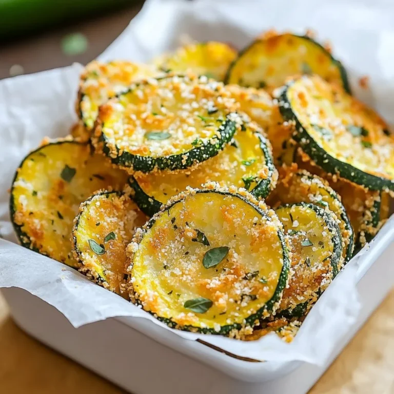 - Zucchini - Parmesan Cheese - Breadcrumbs (Whole Wheat) - Herbs and Spices - Eggs - Olive Oil Spray To make Herb Parmesan Zucchini Chips, you need simple and fresh ingredients. First, grab 2 medium zucchinis. Choose firm ones with a shiny skin. This ensures they will be crunchy. Next, get 1 cup of grated Parmesan cheese. This cheese gives the chips a salty and nutty flavor. You can use fresh cheese for a richer taste. Then, you'll need 1 cup of breadcrumbs. Whole wheat breadcrumbs work best. They add a nice texture and a bit of fiber. Next, gather your herbs and spices. You will need: - 1 teaspoon of dried oregano - 1 teaspoon of dried basil - 1 teaspoon of garlic powder - ½ teaspoon of paprika - Salt and black pepper to taste These herbs and spices add a lot of flavor. Feel free to mix and match based on your taste. You will also need 2 large eggs, beaten. The eggs help the breadcrumbs stick to the zucchini slices. Lastly, have an olive oil spray on hand. This helps the chips become crispy and golden brown. With these ingredients, you’re ready to create a tasty and healthy snack. Enjoy the process! {{ingredient_image_1}} First, you need to preheat your oven to 425°F (220°C). This step is key to getting those chips crispy. While the oven heats, line a baking sheet with parchment paper. This makes cleanup easy and helps the chips not stick. Next, grab a large bowl. In it, combine the grated Parmesan cheese, breadcrumbs, oregano, basil, garlic powder, paprika, salt, and black pepper. Mix these dry ingredients well. You want every chip to have that tasty coating. Now, take two large eggs and beat them in another bowl. You want the eggs mixed well but not too frothy. Take each zucchini slice and dip it into the beaten eggs. Let the extra egg drip off. Next, coat the slice in the Parmesan breadcrumb mixture. Press gently to make sure the coating sticks well. This step is crucial for a crunchy texture. Once all the slices are coated, arrange them on the prepared baking sheet in a single layer. Make sure they don’t overlap. This helps them cook evenly. Before baking, spray the slices lightly with olive oil. This gives them a golden look and extra crispiness. Now, pop the baking sheet into the oven. Bake the zucchini chips for about 20 to 25 minutes. Flip them halfway through to ensure even cooking. Look for a golden brown color and crispy texture. When they’re done, take them out and let them cool slightly before serving. Enjoy your healthy snack! - Olive Oil Application: Using olive oil spray is key. It adds a light coat without soaking the chips. This helps achieve that crispy texture. A quick spray on both sides works wonders. You want just enough oil to help the breadcrumbs stick and brown. - Baking Times and Temperature: Set your oven to 425°F (220°C). This high heat helps the chips crisp up nicely. Bake them for 20 to 25 minutes. Flip the chips halfway through to ensure even cooking. Watch closely, as each oven varies slightly. - Additional Seasonings: Feel free to mix in more flavors. Try adding a pinch of cayenne for heat or lemon zest for brightness. You can also use fresh herbs if you have them on hand. Just remember, fresh herbs have a stronger flavor, so use less than dried. - Types of Dipping Sauce Suggestions: Pair your chips with tasty dips. Marinara sauce is a classic choice, but a spicy aioli can elevate the flavor. You can also serve them with ranch dressing or a yogurt dip for a cool contrast. Experiment with your favorites! Pro Tips Slice Uniformly: Ensure your zucchini slices are of even thickness for consistent cooking and crispiness. Use Fresh Herbs: For an extra burst of flavor, consider using fresh herbs instead of dried, adjusting the quantity as needed. Don’t Overcrowd: Bake in batches if necessary; overcrowding the baking sheet can lead to soggy chips. Experiment with Seasoning: Feel free to mix in other spices or cheese varieties to customize the flavor profile to your liking. {{image_2}} Cheese Substitutes If you want to change the cheese, try using nutritional yeast. It gives a cheesy flavor without dairy. You can also use vegan cheese for a plant-based option. This keeps the recipe tasty and friendly for different diets. Gluten-Free Options To make this recipe gluten-free, switch the breadcrumbs. Use crushed rice cereal or gluten-free panko. Both options add crunch without the gluten. Just make sure to check the labels for hidden gluten. Spicy Zucchini Chips For a kick, add chili powder or cayenne pepper to the seasoning mix. Start with a small amount and taste as you go. This adds heat and flavor to the chips that is sure to impress. Herbs Variations You can switch herbs based on your taste. Try thyme or rosemary for a new twist. Fresh herbs can work too. Just chop them finely and mix them into the breadcrumbs. Each herb brings its own flavor to the dish. After making these tasty zucchini chips, let them cool completely on a wire rack. This step keeps them crispy. Once cool, place the chips in an airtight container. Use parchment paper between layers to avoid sogginess. Store them in the fridge for up to three days. To enjoy your chips again, you can reheat them in two ways: the oven or the air fryer. - Oven: Preheat it to 350°F (175°C). Spread the chips on a baking sheet. Heat for about 10 minutes, or until crispy again. - Air Fryer: Set it to 350°F (175°C). Place the chips in the basket in a single layer. Heat for 5 minutes for a quick crunch. For both methods, avoid overheating. Too much heat can make the chips lose their nice crunch. Keeping them crispy is key to a great snack! How do I make zucchini chips without bread crumbs? You can skip the bread crumbs by using just cheese. Coat the zucchini slices in beaten eggs and then sprinkle them with Parmesan cheese. Bake as usual, and you will still enjoy a tasty snack. Can I use fresh herbs instead of dried? Yes, you can use fresh herbs! Just chop them finely. Use about three times more fresh herbs than dried ones. For example, if the recipe calls for 1 teaspoon of dried oregano, use 3 teaspoons of fresh oregano. How can I make these chips spicier? To add spice, mix in some red pepper flakes. You can also add a dash of cayenne pepper to the breadcrumb mixture. This will give your chips a nice kick! What is the best way to store zucchini chips? Let the chips cool completely before storing. Place them in an airtight container. Keep them in a cool, dry place. For extra crispiness, you can also store them in a paper bag. This post covered how to make tasty zucchini chips. You learned about the ingredients, steps, and tips for perfecting your dish. Remember, use fresh herbs or change up spices to suit your taste. You can also store leftovers well and reheat them without losing crispiness. Explore variations to give your chips new flavors. Enjoy creating your own zucchini snacks!