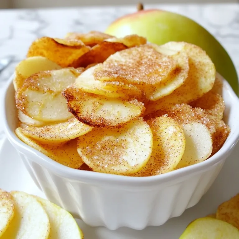 To make Cinnamon Sugar Apple Chips, you need: - 3 medium apples (like Honeycrisp or Fuji) - 1 tablespoon lemon juice The flavor comes from: - 1 teaspoon cinnamon - 2 tablespoons granulated sugar - A pinch of salt These ingredients create that sweet and warm taste we all love. You can switch things up by using different apples. Try Granny Smith for a tart flavor. You may also add nutmeg for a warm twist. If you want a healthier option, use honey or agave syrup instead of granulated sugar. Each choice brings a new taste to your chips. {{ingredient_image_1}} First, gather your ingredients. You need: - 3 medium apples (like Honeycrisp or Fuji) - 1 tablespoon lemon juice - 1 teaspoon cinnamon - 2 tablespoons granulated sugar - Pinch of salt Wash and dry the apples well. This step is key for good flavor. Use a sharp knife or a mandoline slicer to cut the apples into thin rounds. Aim for slices that are about 1/8-inch thick. Don’t forget to remove any seeds. Now, let's make that cinnamon sugar mix. In a small bowl, combine the cinnamon, sugar, and a pinch of salt. This mix adds a sweet and spicy kick to the chips. Next, toss the apple slices with lemon juice. This step helps keep the apples from turning brown. Now, lay the apple slices flat on a baking sheet lined with parchment paper. Make sure they don’t overlap. Sprinkle the cinnamon sugar mix evenly over the slices. Every chip should get some flavor. Preheat your oven to 225°F (110°C) and place the baking sheet inside. Bake for 1.5 to 2 hours. Flip the chips halfway through. They will turn crisp and light golden as they bake. Once baked, remove the chips from the oven. Allow them to cool completely on the baking sheet. This cooling time helps them get even crispier. For serving, present the apple chips in a nice bowl. Add a sprinkle of cinnamon on top for flair. You can also place a few fresh apple slices around the bowl. If you want to gift these chips, package them in cellophane bags. They make a sweet and crunchy treat! To get your apple chips nice and crispy, thin slices are key. Aim for 1/8-inch thick slices. Use a sharp knife or a mandoline slicer. Even thickness helps them cook evenly. Bake them slowly at 225°F. This low heat lets them dry out without burning. Flip the chips halfway through baking. This ensures both sides get crispy. Let them cool completely after baking. They will get crunchier as they cool. Apples can brown fast after cutting. To stop this, toss your slices in lemon juice right away. The acid in lemon juice slows down browning. You can also soak them in a lemon-water mix for a few minutes. This keeps your apple chips looking fresh and tasty. Remember, fresh ingredients make a big difference in flavor! If you have leftover apple chips, store them in an airtight container. This keeps them crispy longer. Make sure they are fully cool before sealing. If they are not, moisture builds up, and they will get soggy. You can keep them at room temperature for up to a week. For longer storage, try putting them in the fridge. They make a great snack anytime! Pro Tips Choose the Right Apples: Honeycrisp and Fuji are excellent choices due to their sweetness and crunch, but feel free to experiment with other varieties for different flavors. Uniform Slicing: Use a mandoline slicer for even thickness to ensure all chips bake at the same rate, resulting in a perfectly crisp texture. Storage Tips: Store your apple chips in an airtight container to maintain their crispness. Adding a silica gel packet can help absorb moisture. Flavor Variations: Experiment by adding other spices like nutmeg or ginger to the cinnamon sugar mixture for a unique twist on the classic flavor. {{image_2}} You can change the flavor of your apple chips. Try adding nutmeg for a warm, cozy taste. Just mix a pinch with the cinnamon and sugar. You can also add vanilla extract. Use a few drops in the lemon juice before tossing it with the apples. This gives a sweet, rich flavor. If you want a healthier option, use honey or maple syrup instead of sugar. Brush the sliced apples lightly with honey or drizzle the syrup on top. This adds a nice sweetness. You can also try stevia or agave syrup for a low-calorie choice. Adjust the amount to taste. Different apples can change the taste of your chips. Honeycrisp apples are sweet and crunchy. Fuji apples are also sweet but a bit softer. If you prefer tart flavors, try Granny Smith apples. They add a nice contrast to the sweet cinnamon sugar. Experiment to find your favorite apple for this snack! Cinnamon and apples pack a healthy punch. Apples are full of fiber, which helps digestion. They also have vitamins that support your heart. Cinnamon has antioxidants that help fight disease. It can help keep your blood sugar steady. Together, they make a tasty snack that is good for you. One serving of cinnamon sugar apple chips has about 120 calories. This comes from the apples and the sugar mix. Each apple you use adds about 80 calories. The sugar adds another 30 calories per serving. This snack is lower in calories than many store-bought options. Homemade apple chips are fresher and healthier. You control the ingredients. Store-bought chips often have added preservatives and more sugar. Homemade chips let you enjoy pure flavors without extra stuff. You also save money by making them at home. Plus, they taste better when they are fresh out of the oven. To make Cinnamon Sugar Apple Chips, start by preheating your oven to 225°F (110°C). Wash and dry three medium apples, like Honeycrisp or Fuji. Use a sharp knife or mandoline slicer to cut the apples into thin rounds, about 1/8-inch thick. Remove any seeds you find. In a bowl, mix 1 teaspoon of cinnamon, 2 tablespoons of sugar, and a pinch of salt. In another bowl, toss the apple slices with 1 tablespoon of lemon juice to stop browning. Lay the slices in a single layer on a baking sheet lined with parchment paper. Sprinkle the cinnamon sugar mix evenly over the apples. Bake for 1.5 to 2 hours, flipping halfway through. They are done when crisp and slightly golden. Let them cool completely to become extra crunchy. Yes, you can use other fruits for chips! Try pears, bananas, or even sweet potatoes. Each fruit has its own unique taste and texture. Slice them thinly, just like you do with apples. The baking time might change based on the fruit you choose. Always check for crispness as they bake. Homemade apple chips can last for about 1 to 2 weeks if stored properly. Keep them in an airtight container at room temperature. For longer storage, you can place them in the fridge. If they lose some crunch, you can bake them again for a few minutes to refresh them. This blog post covered how to create tasty cinnamon sugar apple chips. We explored key ingredients, preparation tips, and baking steps. I shared ways to enhance flavor and prevent browning, ensuring perfect crispiness. You learned about health benefits and compared homemade chips to store-bought options. Now, you can enjoy a fun snack that's both tasty and healthy. Try different apples and spices to make it your own. Happy baking!