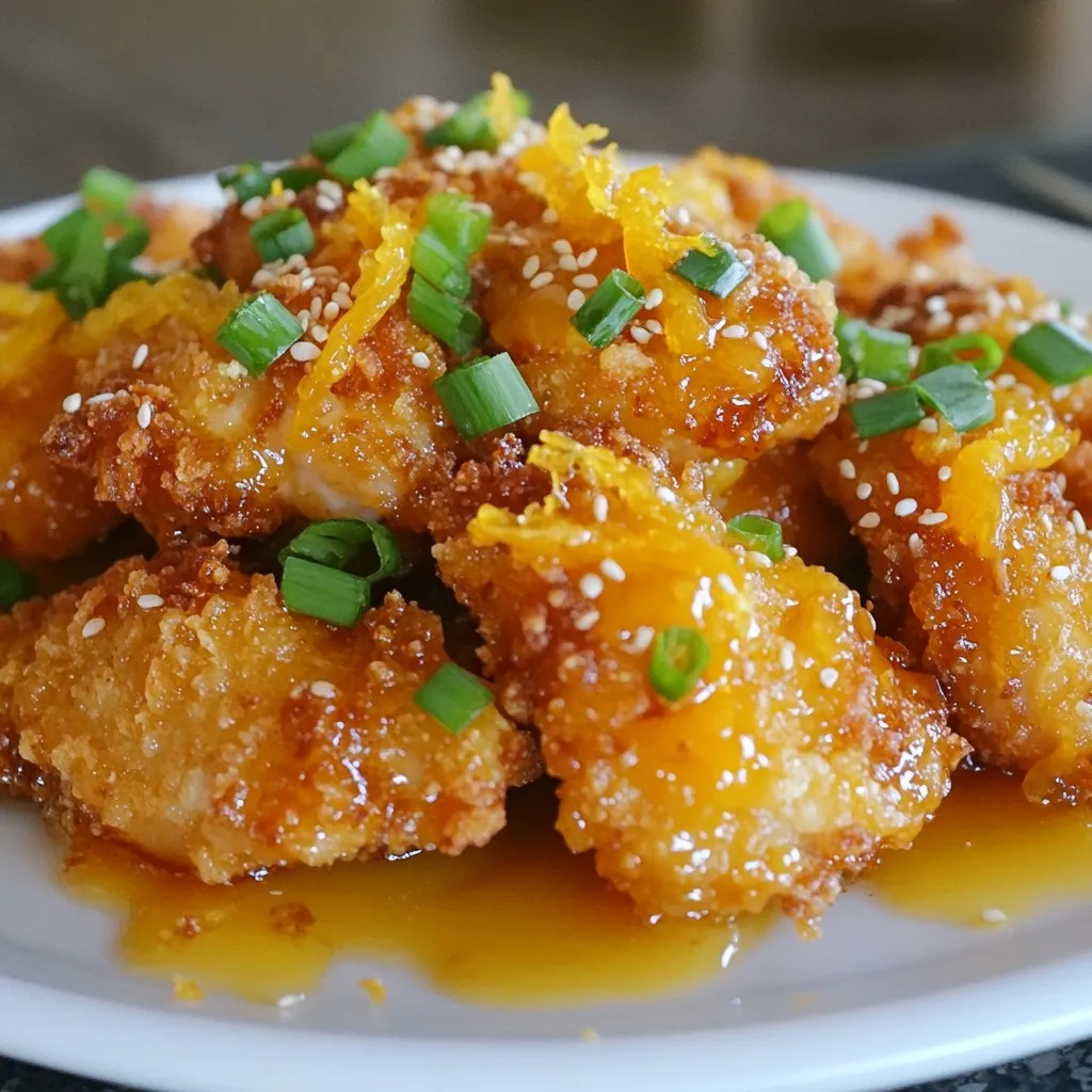 - 1.5 pounds boneless, skinless chicken thighs - 1 cup all-purpose flour - 2 large eggs, beaten - 1 cup panko breadcrumbs - 1 teaspoon garlic powder - 1 teaspoon ginger powder - Salt and pepper to taste - 1/4 cup soy sauce - 1/4 cup fresh orange juice - 1/4 cup honey - Zest of 1 orange - 1 tablespoon cornstarch - 1 tablespoon sesame oil - Garnish: sliced green onions and sesame seeds I love using chicken thighs for this dish. They stay juicy and tender. Start with 1.5 pounds of boneless, skinless chicken thighs. Cut them into bite-sized pieces for even cooking. Next, you'll need the coating. Mix 1 cup of all-purpose flour with salt, pepper, 1 teaspoon of garlic powder, and 1 teaspoon of ginger powder. This mix adds great flavor to the chicken. For the crunch, use 1 cup of panko breadcrumbs. Panko gives a nice crispy finish. You will also need 2 large eggs, beaten, to help the breadcrumbs stick well. Now, let’s talk about the orange sauce. It brings everything together. You’ll need 1/4 cup of soy sauce and the same amount of fresh orange juice. Honey adds sweetness, and you’ll need 1/4 cup of it. Don't forget the zest of 1 orange. It adds a bright flavor. Also, include 1 tablespoon of cornstarch. This helps thicken the sauce. Lastly, use 1 tablespoon of sesame oil for a nutty taste. Garnish with sliced green onions and sesame seeds. They add color and a fresh touch. This mix of ingredients will make your dish shine. {{ingredient_image_1}} - First, preheat your oven to 400°F (200°C). This helps the chicken cook evenly. - Next, line a large sheet pan with parchment paper. This makes cleanup easier. - In a shallow bowl, mix 1 cup of all-purpose flour, 1 teaspoon of garlic powder, 1 teaspoon of ginger powder, and a pinch of salt and pepper. This mix adds flavor and helps the coating stick. - Cut 1.5 pounds of boneless, skinless chicken thighs into bite-sized pieces. - Dip each piece of chicken into the flour mix first. This helps the egg and breadcrumbs stick. - Next, dip the floured chicken into 2 beaten eggs, covering it well. - Finally, coat the chicken with 1 cup of panko breadcrumbs. Press gently so they stick. - Place the coated chicken on the prepared sheet pan in a single layer. This allows it to cook evenly. - In a medium bowl, whisk together 1/4 cup of soy sauce, 1/4 cup of fresh orange juice, and 1/4 cup of honey. - Add the zest of 1 orange, 1 tablespoon of cornstarch, and 1 tablespoon of sesame oil. - Mix until well combined. This sauce adds a tasty glaze to the chicken. - Pour the orange sauce evenly over the chicken on the sheet pan. Make sure each piece is coated. - Bake in the preheated oven for 25-30 minutes. The chicken should turn golden brown. - Turn the chicken halfway through the baking time. This helps it cook evenly and stay crispy. - Check the chicken’s internal temperature; it should reach 165°F (74°C) when done. To get that crispy texture, start with dry chicken. Pat the chicken pieces with paper towels. This helps the coating stick better. Use the three-step coating method: first, dip in flour, then eggs, and finally, panko breadcrumbs. When pressing the panko, use your fingers to gently press down. This ensures the breadcrumbs stick well. Don’t be shy about getting a nice layer of panko on each piece. You can add extra spices to boost flavor. Consider adding paprika or crushed red pepper for some heat. A little bit of black pepper adds a nice kick too. Balancing sweetness and saltiness is key. If you find it too sweet, add a bit more soy sauce. This will help balance the flavor and make it more savory. One common mistake is overbaking the chicken. Check for doneness at 25 minutes. The chicken should be golden brown and reach an internal temperature of 165°F. Another mistake is applying sauce incorrectly. Make sure to pour the sauce evenly over the chicken. This ensures every piece gets that tasty orange flavor. Pro Tips Marinate for Extra Flavor: Allow the chicken to marinate in the orange sauce for at least 30 minutes before baking. This will enhance the flavor and juiciness of the chicken. Use Fresh Ingredients: Freshly squeezed orange juice and zest will provide a brighter and more vibrant flavor compared to bottled juice. Achieve Maximum Crispiness: For extra crunch, you can briefly fry the breaded chicken pieces in hot oil before baking. This will give them an even crispier texture. Serve Immediately: For the best texture, serve the chicken immediately after baking. Letting it sit too long can cause it to lose its crispiness. {{image_2}} You can swap chicken thighs for chicken breasts if you prefer. Chicken breasts are leaner, but thighs add more flavor. If you want a plant-based option, try tofu or tempeh. Press and cube the tofu for best results. For a gluten-free coating, use ground almonds or gluten-free breadcrumbs instead of all-purpose flour. Both options give a nice crunch. To add a sweet and spicy kick, mix sriracha or chili sauce into the orange sauce. This change brings a new layer of flavor. For citrus alternatives, you can use lime or grapefruit juice. Each will give a unique twist to the dish. Roasting vegetables alongside the chicken makes a complete meal. Try bell peppers, broccoli, or snap peas. They add color and nutrients. When adding vegetables, adjust the cooking time. Harder veggies like carrots need more time than soft ones like zucchini. Check them at the halfway point and stir for even cooking. To keep your orange chicken fresh, place it in the fridge. Use an airtight container for best results. Make sure the chicken cools down before sealing. This way, it won’t get soggy. Leftovers stay good for about three to four days. To reheat, use the oven for the best crispiness. Preheat your oven to 350°F (175°C). Place the chicken on a baking sheet. Heat for about 10-15 minutes. Check if it’s hot throughout. If you prefer, you can use a microwave. Just keep in mind, the chicken may not be as crispy. You can freeze the orange chicken before or after cooking. To freeze before cooking, coat the chicken and place it in a freezer bag. Remove as much air as possible. For after cooking, let the chicken cool. Then, wrap it tightly in foil or plastic wrap. Store it in a freezer-safe container. When ready to eat, thaw in the fridge overnight before reheating. This will help maintain the taste and texture. Yes, you can use chicken breasts. They are leaner than thighs. This means they cook faster and may dry out more easily. Chicken thighs give a juicier bite and richer flavor. If you use breasts, be careful not to overcook them. Bake the chicken for 25-30 minutes. Make sure the internal temperature reaches 165°F (74°C). Use a meat thermometer to check. This will help keep the chicken safe to eat and perfectly cooked. You can double the recipe. Just use a larger sheet pan. If your pan is crowded, cooking times may change. Check the chicken for doneness to ensure it cooks evenly. Serve it with steamed rice or sautéed vegetables. These sides balance the flavors well. You can also add a fresh salad for a light touch. Enjoy the bright taste of orange chicken with these options! This blog post covers how to make delicious sheet pan orange chicken. We explored the essential ingredients, from the chicken and coating to the sweet and tangy sauce. I shared step-by-step instructions to ensure perfect results, plus helpful tips and common mistakes to avoid. You can also customize your dish with substitutes or tasty sides. With proper storage and reheating methods, your leftovers will stay fresh and tasty. Enjoy this dish with loved ones and impress them with your cooking skills!