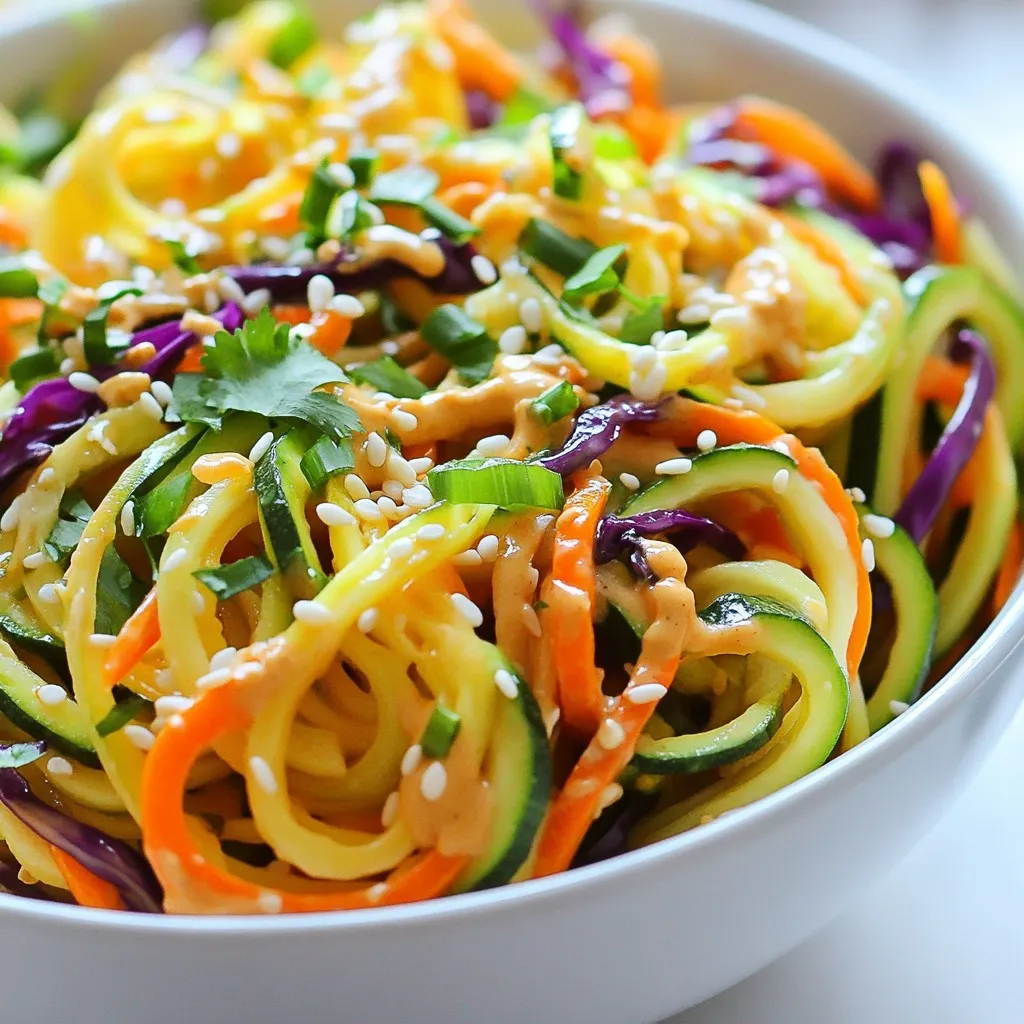 To make a Sesame Peanut Zoodle Salad, gather these fresh items: - 3 medium zucchinis, spiralized into noodles - 1 bell pepper (red or yellow), thinly sliced - 1 cup shredded carrots - 1 cup purple cabbage, thinly sliced - 1/2 cup cilantro, chopped - 1/4 cup green onions, chopped - 1/4 cup unsalted peanuts, roughly chopped - 1/4 cup soy sauce (or tamari for gluten-free) - 2 tablespoons creamy peanut butter - 2 tablespoons sesame oil - 1 tablespoon rice vinegar - 1 tablespoon honey or maple syrup (for a vegan option) - 1 teaspoon grated ginger - Sesame seeds for garnish Feel free to add or change ingredients to make this salad your own. Here are some ideas: - Cherry tomatoes for a sweet burst - Cucumber for extra crunch - Edamame for added protein - Avocado for creaminess - Sriracha for heat This salad is not just tasty; it packs a nutritional punch. Each serving is rich in vitamins and minerals. Here's a quick breakdown: - Calories: Approximately 200 - Protein: About 7 grams - Fat: Around 12 grams, mainly from healthy sources - Carbohydrates: Roughly 20 grams - Fiber: Approximately 4 grams This salad is light but filling. It's perfect for lunch or dinner. Enjoy the fresh flavors and vibrant colors! {{ingredient_image_1}} Start by spiralizing the zucchinis. Use a spiralizer to turn them into noodles. Place the zoodles in a large bowl. This base gives the salad a nice, crunchy texture. Slice the bell pepper thinly and add it to the bowl. Next, shred the carrots and toss them in. Then, slice the purple cabbage and add it as well. Chop the cilantro and green onions. Mix all the veggies gently to combine. Make sure everything is evenly distributed. This mix adds color and flavor to your salad. In a small bowl, whisk together the soy sauce or tamari. Add the creamy peanut butter and sesame oil. Then, pour in the rice vinegar and honey or maple syrup. Grate some ginger and add it to the mix. Whisk until smooth and well combined. This dressing ties the whole salad together for a rich taste. After making the dressing, pour it over the zoodle salad. Toss everything well to coat the zoodles and veggies. Let it sit for about 10 minutes. This helps the flavors blend and softens the zoodles a bit. To spiralize zucchini, choose firm, fresh zucchinis. Wash them well and cut off the ends. Use a spiralizer for even noodles. Turn the zucchini as you spiralize. This gives you long, uniform zoodles. If you find the zoodles too watery, pat them dry with a clean towel. This step helps keep the salad crisp. To make the salad shine, use fresh ingredients. Fresh cilantro and ginger add a punch. Toasting the peanuts brings out their rich flavor. You can also add a splash of lime juice for a zesty kick. If you want more heat, try adding a bit of chili paste or flakes. Experiment with the dressing too; swap honey for maple syrup for a vegan touch. This salad works great for meal prep. Spiralize the zucchini and store it in an airtight container. Keep the dressing separate until you are ready to eat. This keeps the zoodles crunchy. You can mix in other veggies too. Carrots and bell peppers are great choices. Prepare a large batch and enjoy it throughout the week! Pro Tips Use Fresh Ingredients: For the best flavor and texture, use fresh, organic vegetables whenever possible. Adjust the Sauce: Feel free to modify the dressing ingredients to suit your taste; add more peanut butter for creaminess or more vinegar for tang. Chill Before Serving: For a refreshing taste, let the salad chill in the fridge for about 30 minutes before serving. Experiment with Toppings: Try adding other toppings like avocado, sesame seeds, or even grilled chicken for extra protein. {{image_2}} Adding protein makes this salad even better. You can use cooked chicken or tofu for a tasty boost. For chicken, grill or bake it first. Then, slice it into strips and add it to the salad. If you prefer tofu, use firm or extra-firm tofu. Pan-fry or bake it until golden. Then, cube it and mix it in with the zoodles. Both options add flavor and make the dish more filling. If you want to change the flavor, try different dressings. You can swap the soy sauce for a spicy sauce for a kick. A sesame ginger dressing adds a fresh twist. For a creamy option, use tahini instead of peanut butter. You can also mix in lime juice for a zesty note. Feel free to experiment until you find your favorite dressing! Using seasonal vegetables can make this salad even more exciting. In summer, add fresh corn or cherry tomatoes. In fall, try roasted butternut squash or sweet potatoes. You can also use seasonal greens like spinach or arugula. Just remember to slice them thinly. Mixing in these veggies keeps the salad fresh and reflects what’s in season. Enjoy the vibrant colors and flavors! To keep your zoodle salad fresh, store it in an airtight container. Make sure to remove excess air. You can place it in the fridge right after serving. When you store the salad this way, it stays crisp and tasty. The zoodle salad stays good for about three days in the fridge. After that, the veggies may lose their crunch. The dressing can last up to a week if stored separately. Always check for freshness before you eat. Reheating zoodles is easy. However, I recommend eating them cold for the best taste. If you prefer warm zoodles, heat them gently in a pan. Do this for just a minute or two to avoid mushiness. Enjoy your meal fresh and flavorful! Yes, you can make this salad ahead of time. Just prepare the zoodles and veggies. Store them in the fridge in an airtight container. Keep the dressing separate. This way, the salad stays fresh and crunchy. When you're ready to eat, mix in the dressing. Let it sit for a few minutes to soak in the flavor. To add some heat, try these options: - Add a pinch of red pepper flakes to the dressing. - Mix in sriracha or chili paste for a kick. - Use spicy peanuts instead of regular ones. These small changes can really spice things up without losing the salad's charm. If you want to swap peanuts, here are some great choices: - Almonds add nice crunch and flavor. - Cashews provide a creamy texture. - Sunflower seeds are a great nut-free option. These substitutes will keep your salad tasty and satisfying. This blog post covered how to make a fresh zoodle salad. We discussed key ingredients, step-by-step instructions, and helpful tips to enhance your dish. You learned about protein additions and seasonal swaps to keep your meals exciting. Proper storage and reheating techniques help you enjoy leftovers too. Overall, this zoodle salad is easy to customize, tasty, and healthy. It’s a fun way to enjoy veggies and make meals more exciting. Give it a try and enjoy every bite!