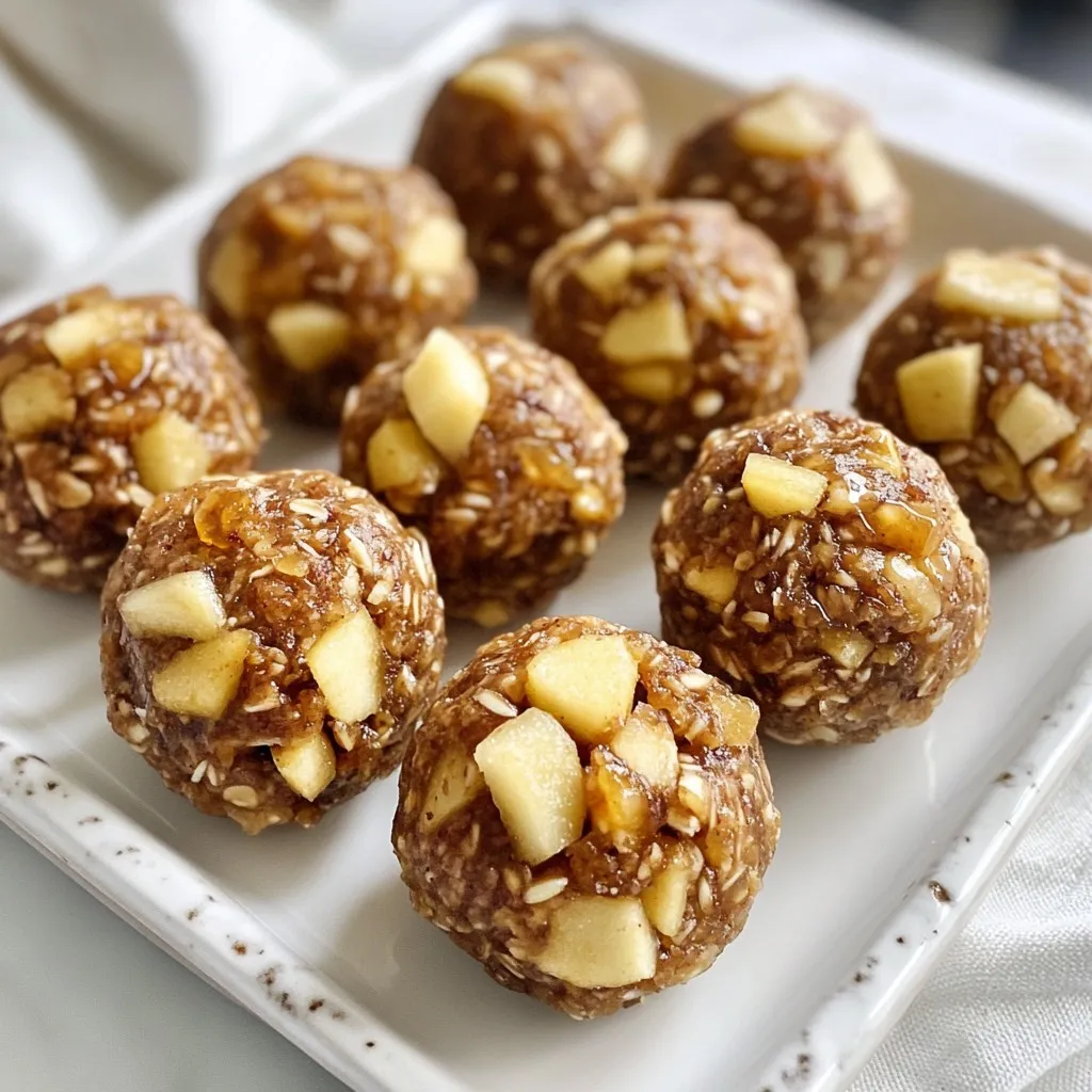 To make apple cinnamon energy balls, gather these key items: - 1 cup rolled oats - 1 cup almond butter (or any nut butter of choice) - 1 cup dried apples, chopped - 1/2 cup honey or maple syrup - 1 teaspoon ground cinnamon - 1/2 teaspoon vanilla extract - 1/4 teaspoon salt These ingredients work together to create a tasty and wholesome snack. The oats give a nice texture, while the dried apples add sweetness. Almond butter binds it all together and adds healthy fats. You can boost the flavor with these optional ingredients: - 1/4 cup flaxseeds (for added nutrition) - 1/2 cup chopped nuts (like walnuts or pecans) Flaxseeds are great for extra omega-3s. Chopped nuts add crunch and a nutty taste. Feel free to mix and match to find your favorite combo. If you need to make swaps, here are some ideas: - Use sunflower seed butter instead of almond butter for nut-free options. - Swap honey for agave syrup to make it vegan. - Choose gluten-free oats for a gluten-free version. These alternatives let everyone enjoy these energy balls, no matter their diet. Choose what fits your needs best! {{ingredient_image_1}} Making apple cinnamon energy balls is easy and fun. Start by gathering all your ingredients. You will need rolled oats, almond butter, dried apples, honey or maple syrup, ground cinnamon, vanilla extract, salt, and optional add-ins like flaxseeds and nuts. 1. In a large mixing bowl, combine the rolled oats, almond butter, and chopped dried apples. 2. Add in the honey or maple syrup, ground cinnamon, vanilla extract, and salt. 3. Stir the mixture well until everything blends together. If you want more texture, fold in flaxseeds and chopped nuts. 4. Ensure the mixture feels sticky and can hold together. If it seems too wet, add more oats. If it is too dry, add a bit more nut butter or honey. 1. Once the mixture is ready, use your hands to roll it into small balls, about 1 inch wide. 2. Place the balls on a baking sheet lined with parchment paper. 3. After shaping, refrigerate the energy balls for about 30 minutes to help them firm up. 4. Store any leftovers in an airtight container in the fridge. They stay fresh for up to a week. To make the best apple cinnamon energy balls, follow these tips: - Use fresh, high-quality ingredients. This will make a big difference in taste. - Mix well to ensure each bite has a balanced flavor. - If your mixture feels too wet, add more oats. If it’s too dry, add more nut butter. - Roll the mixture into uniform balls for even texture. Many people make these mistakes when making energy balls: - Not measuring ingredients accurately can change the texture. - Skipping the chill time can lead to soft, hard-to-handle balls. - Forgetting to taste the mixture before rolling can lead to bland bites. - Not storing them properly can reduce freshness and flavor. Enjoy your energy balls in many ways: - Pack them as a quick snack for school or work. - Serve them at parties for a healthy treat option. - Pair them with yogurt or fruit for a balanced breakfast. - Store them in an airtight container in the fridge for easy access. Pro Tips Storage Tip: Keep your energy balls in an airtight container in the fridge to maintain their freshness and flavor for up to a week. Customizable Ingredients: Feel free to substitute the dried apples with other dried fruits like cranberries or apricots for a different flavor profile. Texture Variation: For a chewier texture, consider adding more dried fruit or using rolled oats instead of quick oats. Nut Butter Options: Experiment with different nut butters such as peanut butter or sunflower seed butter for a unique taste and nutritional benefits. {{image_2}} You can mix it up with these simple ideas. Try adding cocoa powder for chocolate lovers. You can also swap dried apples for raisins or cranberries. For a nutty twist, use different nuts like pecans or almonds. Want a tropical taste? Add some shredded coconut! Each choice brings new flavors and fun. Making these energy balls fit your diet is easy. Use gluten-free oats to make them gluten-free. For a vegan option, replace honey with maple syrup. You can also pick a nut butter that matches your needs. If you're nut-free, sunflower seed butter works great! These swaps keep the taste and nutrition intact. Boosting nutrition is simple. Add chia seeds or hemp seeds for extra protein. You can also stir in some spirulina or matcha powder for a health kick. If you want fiber, ground flaxseeds are a great choice too. These superfoods help make your snacks even better while keeping them tasty! To keep your energy balls fresh, store them in an airtight container. This helps to seal in moisture and flavor. I prefer using glass jars or plastic containers with tight lids. Place them in the fridge, where they stay cool and safe. This method keeps them tasty for up to a week. Always check for any signs of spoilage before eating. If you want to save some for later, freezing is a great choice. First, shape your energy balls and place them on a baking sheet. Make sure they are not touching each other. Freeze them for about two hours. Once firm, transfer the balls to a freezer-safe bag. Label the bag with the date, and they can last for up to three months. You can grab them any time you need a quick snack. Apple cinnamon energy balls can last up to a week in the fridge. If you notice any off smells or changes in texture, it’s best to toss them. Signs of spoilage include a slimy feel or mold. Always trust your senses. When in doubt, throw it out! Apple cinnamon energy balls are packed with nutrients. They contain oats, which provide fiber. Fiber helps digestion and keeps you full. The dried apples add natural sweetness and vitamins. Almond butter gives healthy fats and protein. Honey or maple syrup adds energy. Overall, these bites offer a great mix of carbs, protein, and healthy fats. You can use fresh apples, but they change the texture. Fresh apples have more water, making the mixture too wet. If you use fresh apples, chop them small. You may need to add more oats to balance. Dried apples work best for a chewy, sweet taste. Store apple cinnamon energy balls in the fridge for up to a week. Place them in an airtight container. This keeps them fresh and tasty. If you notice any changes in smell or texture, it’s best to toss them out. Yes, these energy balls are great for kids! They are healthy and easy to eat. Kids love the sweet taste of apples and cinnamon. You can pack them in lunchboxes for a quick snack. They also provide energy for playtime and school. Absolutely! You can use any nut butter you like. Peanut butter, cashew butter, or sunflower seed butter work well too. Just keep in mind the flavor may change slightly. Each nut butter adds its unique taste and nutrition. Choose what you enjoy most! Apple cinnamon energy balls are simple to make and fun to eat. We discussed key ingredients, how to prepare, and tips for success. Remember to explore flavor variations and storage methods to enjoy these snacks longer. You can customize them to fit your needs—think vegan or gluten-free. These bites are tasty, nutritious, and great for kids, too. With a little practice, you can create delicious energy balls that fuel your day. Now, grab your ingredients and start making your own!
