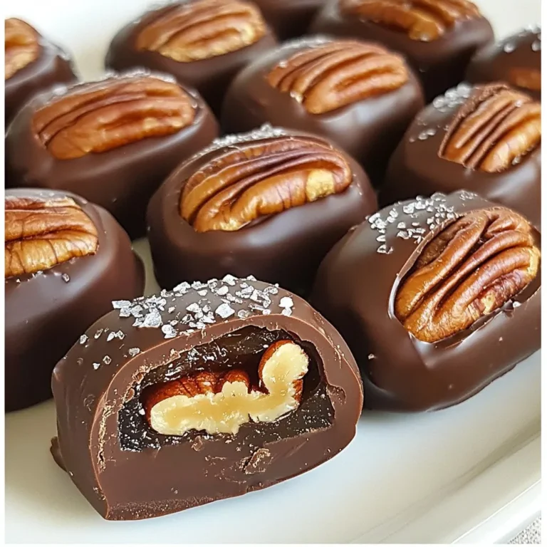 To make Chocolate Covered Date Turtles, you need a few simple items. Each ingredient plays a key role in flavor and texture. Here’s what you will need: - 12 large Medjool dates, pitted - 1 cup pecan halves - 1 cup semi-sweet chocolate chips - 2 tablespoons coconut oil - Sea salt for sprinkling Medjool dates are sweet and chewy. They work well as a base. Pecan halves add a nice crunch and nutty flavor. Semi-sweet chocolate chips give you that rich chocolate taste. Coconut oil helps the chocolate melt smoothly and adds a slight coconut flavor. A sprinkle of sea salt at the end brings out the sweetness and makes each bite special. Choose high-quality ingredients for the best results. Fresh Medjool dates make a big difference. Look for pecan halves that are crunchy and flavorful. Use good semi-sweet chocolate chips for creamy chocolate. This combination will make your turtles truly irresistible. {{ingredient_image_1}} To start, preheat your oven to 350°F (175°C). This step helps warm the dates and makes them easier to slice. Next, take your Medjool dates and slice each one lengthwise. Be careful not to cut all the way through. You want to make a pocket for the filling. Now, gently open each sliced date. Take 2-3 pecan halves and place them inside the pocket. Press them together slightly to keep them secure. This adds a lovely crunch and nutty flavor to your treat. In a microwave-safe bowl, combine 1 cup of semi-sweet chocolate chips and 2 tablespoons of coconut oil. Microwave this mixture in 30-second intervals. Stir in between each interval until it becomes smooth and fully melted. This step is key for a nice, shiny chocolate coating. Next, line a baking sheet with parchment paper. Using a fork or toothpick, dip each stuffed date into the melted chocolate. Make sure to coat it completely. Allow any extra chocolate to drip off before placing it on the baking sheet. After dipping, place the chocolate-covered dates on the prepared baking sheet. While the chocolate is still warm, sprinkle a touch of sea salt over each date. This will enhance the flavor with a sweet and salty contrast. Now, refrigerate the dates for about 20-30 minutes. This time allows the chocolate to set properly. Once they are set, transfer the turtles to a serving platter. You can enjoy them right away or store them in an airtight container in the fridge for up to a week. These treats are sure to impress anyone who tries them! When making Chocolate Covered Date Turtles, I always choose Medjool dates. They are large, soft, and sweet. Other dates can be dry or small. Medjool dates have a rich flavor, perfect for this dessert. Look for dates that feel plump and have a shiny surface. Avoid any that are hard or shriveled. The right date makes all the difference. Melting chocolate can be tricky. I recommend using a microwave-safe bowl. Start by adding chocolate chips and coconut oil. Heat in 30-second bursts. Stir after each burst to keep the heat even. This helps avoid burning the chocolate. If you notice any small lumps, keep stirring. The heat will melt them. You want a smooth, shiny chocolate for dipping. For a delightful treat, serve your Chocolate Covered Date Turtles with coffee or tea. The warm drinks enhance the sweet taste of the dates. You can also pair them with vanilla ice cream. The cold ice cream contrasts well with the chocolate. If you're feeling adventurous, try adding a sprinkle of chili powder. It adds a kick that surprises your taste buds. Pro Tips Choose the Right Dates: Opt for large Medjool dates for their rich flavor and chewy texture, which hold up well when stuffed and coated in chocolate. Coconut Oil Magic: Adding coconut oil to the chocolate not only helps it melt smoothly but also gives the chocolate a beautiful gloss and improves the texture. Experiment with Nuts: While pecans are traditional, feel free to mix it up with walnuts or almonds for a different flavor profile. Storing Tips: Keep the chocolate-covered dates in an airtight container in the fridge to maintain their freshness and prevent them from sticking together. {{image_2}} You can switch out pecans for almonds or walnuts. Both nuts add a nice crunch. Almonds bring a light, sweet flavor. Walnuts have a rich, earthy taste. Try using what you like best. Just make sure to chop them if they are too big. This makes stuffing the dates easier. You can use dark or milk chocolate. Dark chocolate gives a bold taste. It has less sugar and more cocoa. This makes it a bit healthier. On the other hand, milk chocolate is sweeter and creamier. It may appeal to kids and those with a sweet tooth. Choose what matches your taste. Add spices or extracts to boost flavor. A dash of cinnamon can add warmth. Vanilla extract gives a sweet aroma. Sea salt enhances the rich chocolate flavor. It creates a great sweet-salty combo. You can even try a pinch of cayenne for a little heat. Experiment with different flavors to find your favorite mix! To keep your chocolate turtles fresh, store them in the fridge. Place them in an airtight container. This prevents moisture from ruining the chocolate. They will stay good for up to a week. The cool temperature helps keep the chocolate firm. You can enjoy them whenever you crave a sweet treat! If you want to save your turtles for later, freezing is a great option. First, place them in a single layer on a baking sheet. Freeze them for about an hour. Once they are solid, transfer them to a freezer-safe bag. Remove as much air as possible. They can last for up to three months in the freezer. When you’re ready to eat, just thaw them in the fridge overnight. Understanding shelf life helps you enjoy your chocolate turtles at their best. When stored in the fridge, they last about a week. Frozen turtles will remain fresh for three months. The chocolate may lose some shine over time, but the taste remains great. Always check for any signs of spoilage before eating. Enjoy your delicious creations while they are fresh! To make Chocolate Covered Date Turtles vegan, you need to change the chocolate and some ingredients. Use dairy-free chocolate chips. Many brands offer great vegan options. For the coconut oil, you can keep it as it is since it’s already plant-based. You can also add some nut butter inside the dates. Almond butter or cashew butter works well. It adds creaminess and boosts flavor. Remember to check labels for any hidden dairy ingredients in your chocolate. Yes, you can use other nuts in your turtles! Almonds and walnuts are great choices. Almonds give a nice crunch and a lighter taste. Walnuts have a richer flavor, which pairs well with chocolate. Try mixing different nuts for a fun twist. Each nut adds a unique taste and texture. You can even roast the nuts lightly to enhance their flavor before stuffing them in the dates. Chocolate Covered Date Turtles have many health benefits. Dates are high in fiber, which helps digestion. They also provide natural sweetness without refined sugar. The nuts add protein and healthy fats to keep you full. Plus, dark chocolate is rich in antioxidants. These help fight free radicals in your body. Enjoying these treats can satisfy your sweet tooth while giving you some nutrition too! In this post, we explored making delicious Chocolate Covered Date Turtles. We detailed the key ingredients like Medjool dates, pecans, and chocolate. We covered easy steps for preparation, stuffing, and melting chocolate. We also shared tips for choosing dates and suggested tasty variations. Remember, these treats are fun to make and enjoy. Each bite offers a sweet joy and a health boost. So, grab your ingredients, and start creating your Chocolate Covered Date Turtles today!