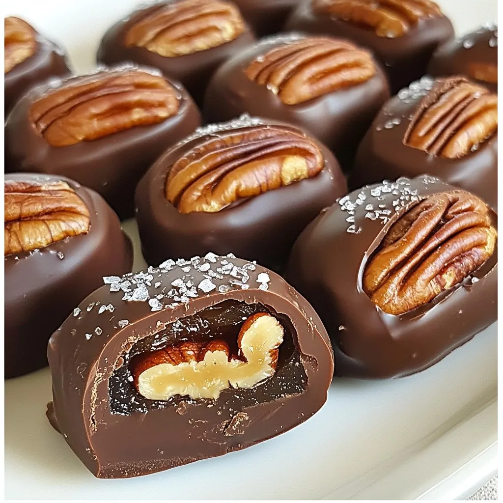 To make Chocolate Covered Date Turtles, you need a few simple items. Each ingredient plays a key role in flavor and texture. Here’s what you will need: - 12 large Medjool dates, pitted - 1 cup pecan halves - 1 cup semi-sweet chocolate chips - 2 tablespoons coconut oil - Sea salt for sprinkling Medjool dates are sweet and chewy. They work well as a base. Pecan halves add a nice crunch and nutty flavor. Semi-sweet chocolate chips give you that rich chocolate taste. Coconut oil helps the chocolate melt smoothly and adds a slight coconut flavor. A sprinkle of sea salt at the end brings out the sweetness and makes each bite special. Choose high-quality ingredients for the best results. Fresh Medjool dates make a big difference. Look for pecan halves that are crunchy and flavorful. Use good semi-sweet chocolate chips for creamy chocolate. This combination will make your turtles truly irresistible. {{ingredient_image_1}} To start, preheat your oven to 350°F (175°C). This step helps warm the dates and makes them easier to slice. Next, take your Medjool dates and slice each one lengthwise. Be careful not to cut all the way through. You want to make a pocket for the filling. Now, gently open each sliced date. Take 2-3 pecan halves and place them inside the pocket. Press them together slightly to keep them secure. This adds a lovely crunch and nutty flavor to your treat. In a microwave-safe bowl, combine 1 cup of semi-sweet chocolate chips and 2 tablespoons of coconut oil. Microwave this mixture in 30-second intervals. Stir in between each interval until it becomes smooth and fully melted. This step is key for a nice, shiny chocolate coating. Next, line a baking sheet with parchment paper. Using a fork or toothpick, dip each stuffed date into the melted chocolate. Make sure to coat it completely. Allow any extra chocolate to drip off before placing it on the baking sheet. After dipping, place the chocolate-covered dates on the prepared baking sheet. While the chocolate is still warm, sprinkle a touch of sea salt over each date. This will enhance the flavor with a sweet and salty contrast. Now, refrigerate the dates for about 20-30 minutes. This time allows the chocolate to set properly. Once they are set, transfer the turtles to a serving platter. You can enjoy them right away or store them in an airtight container in the fridge for up to a week. These treats are sure to impress anyone who tries them! When making Chocolate Covered Date Turtles, I always choose Medjool dates. They are large, soft, and sweet. Other dates can be dry or small. Medjool dates have a rich flavor, perfect for this dessert. Look for dates that feel plump and have a shiny surface. Avoid any that are hard or shriveled. The right date makes all the difference. Melting chocolate can be tricky. I recommend using a microwave-safe bowl. Start by adding chocolate chips and coconut oil. Heat in 30-second bursts. Stir after each burst to keep the heat even. This helps avoid burning the chocolate. If you notice any small lumps, keep stirring. The heat will melt them. You want a smooth, shiny chocolate for dipping. For a delightful treat, serve your Chocolate Covered Date Turtles with coffee or tea. The warm drinks enhance the sweet taste of the dates. You can also pair them with vanilla ice cream. The cold ice cream contrasts well with the chocolate. If you're feeling adventurous, try adding a sprinkle of chili powder. It adds a kick that surprises your taste buds. Pro Tips Choose the Right Dates: Opt for large Medjool dates for their rich flavor and chewy texture, which hold up well when stuffed and coated in chocolate. Coconut Oil Magic: Adding coconut oil to the chocolate not only helps it melt smoothly but also gives the chocolate a beautiful gloss and improves the texture. Experiment with Nuts: While pecans are traditional, feel free to mix it up with walnuts or almonds for a different flavor profile. Storing Tips: Keep the chocolate-covered dates in an airtight container in the fridge to maintain their freshness and prevent them from sticking together. {{image_2}} You can switch out pecans for almonds or walnuts. Both nuts add a nice crunch. Almonds bring a light, sweet flavor. Walnuts have a rich, earthy taste. Try using what you like best. Just make sure to chop them if they are too big. This makes stuffing the dates easier. You can use dark or milk chocolate. Dark chocolate gives a bold taste. It has less sugar and more cocoa. This makes it a bit healthier. On the other hand, milk chocolate is sweeter and creamier. It may appeal to kids and those with a sweet tooth. Choose what matches your taste. Add spices or extracts to boost flavor. A dash of cinnamon can add warmth. Vanilla extract gives a sweet aroma. Sea salt enhances the rich chocolate flavor. It creates a great sweet-salty combo. You can even try a pinch of cayenne for a little heat. Experiment with different flavors to find your favorite mix! To keep your chocolate turtles fresh, store them in the fridge. Place them in an airtight container. This prevents moisture from ruining the chocolate. They will stay good for up to a week. The cool temperature helps keep the chocolate firm. You can enjoy them whenever you crave a sweet treat! If you want to save your turtles for later, freezing is a great option. First, place them in a single layer on a baking sheet. Freeze them for about an hour. Once they are solid, transfer them to a freezer-safe bag. Remove as much air as possible. They can last for up to three months in the freezer. When you’re ready to eat, just thaw them in the fridge overnight. Understanding shelf life helps you enjoy your chocolate turtles at their best. When stored in the fridge, they last about a week. Frozen turtles will remain fresh for three months. The chocolate may lose some shine over time, but the taste remains great. Always check for any signs of spoilage before eating. Enjoy your delicious creations while they are fresh! To make Chocolate Covered Date Turtles vegan, you need to change the chocolate and some ingredients. Use dairy-free chocolate chips. Many brands offer great vegan options. For the coconut oil, you can keep it as it is since it’s already plant-based. You can also add some nut butter inside the dates. Almond butter or cashew butter works well. It adds creaminess and boosts flavor. Remember to check labels for any hidden dairy ingredients in your chocolate. Yes, you can use other nuts in your turtles! Almonds and walnuts are great choices. Almonds give a nice crunch and a lighter taste. Walnuts have a richer flavor, which pairs well with chocolate. Try mixing different nuts for a fun twist. Each nut adds a unique taste and texture. You can even roast the nuts lightly to enhance their flavor before stuffing them in the dates. Chocolate Covered Date Turtles have many health benefits. Dates are high in fiber, which helps digestion. They also provide natural sweetness without refined sugar. The nuts add protein and healthy fats to keep you full. Plus, dark chocolate is rich in antioxidants. These help fight free radicals in your body. Enjoying these treats can satisfy your sweet tooth while giving you some nutrition too! In this post, we explored making delicious Chocolate Covered Date Turtles. We detailed the key ingredients like Medjool dates, pecans, and chocolate. We covered easy steps for preparation, stuffing, and melting chocolate. We also shared tips for choosing dates and suggested tasty variations. Remember, these treats are fun to make and enjoy. Each bite offers a sweet joy and a health boost. So, grab your ingredients, and start creating your Chocolate Covered Date Turtles today!