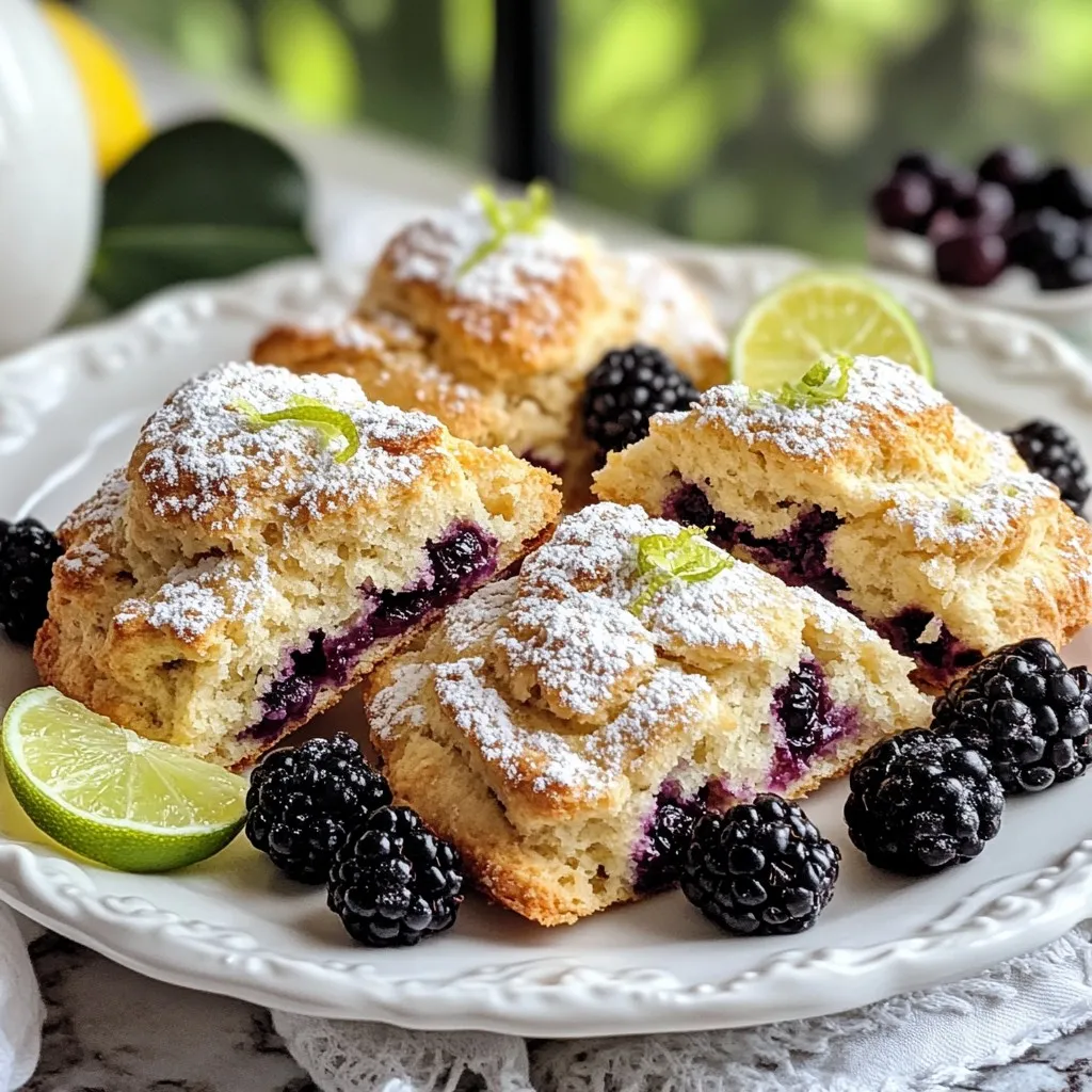 - 2 cups all-purpose flour - 1/4 cup granulated sugar - 1 tablespoon baking powder - 1/2 teaspoon salt - 1/2 cup cold unsalted butter, cubed - 1/2 cup fresh blackberries, halved - Zest of 1 lime - 1/4 cup heavy cream - 1 large egg - 1 teaspoon vanilla extract - Juice of 1 lime - Extra cream for brushing - Coarse sugar for sprinkling When measuring flour, use the spoon and level method. This helps avoid packed flour. Spoon the flour into a measuring cup, then level it off. For sugar, make sure to pack it lightly in the cup. The butter should be cold to help create flaky layers in the scones. I recommend using fresh, ripe blackberries for the best flavor. Look for plump, firm berries. For butter, choose high-quality unsalted butter for better control over the salt in your scones. For heavy cream, use a brand that you trust. It makes a difference in richness. You can find coarse sugar at most grocery stores; it's great for that crunchy top. {{ingredient_image_1}} Start by preheating your oven to 400°F (200°C). This heat makes the scones rise nicely. Next, line a baking sheet with parchment paper. This helps the scones not stick while baking. In a large bowl, add 2 cups of all-purpose flour, 1/4 cup of granulated sugar, 1 tablespoon of baking powder, and 1/2 teaspoon of salt. Use a whisk to mix these together well. This step ensures even flavor in every bite. Now, take 1/2 cup of cold, cubed butter and add it to the flour mix. Use your fingers or a pastry cutter to blend the butter until it looks like coarse crumbs. Then, gently fold in the zest of 1 lime and 1/2 cup of halved blackberries. Be gentle here to keep the berries whole. In another bowl, whisk together 1/4 cup of heavy cream, 1 large egg, 1 teaspoon of vanilla extract, and the juice of 1 lime. Mix until smooth. This combination adds moisture and flavor to the scones. Pour the wet mix into the dry ingredients. Stir until just combined. Don’t overmix; the dough should feel slightly sticky. Turn the dough onto a lightly floured surface. Shape it into a circle about 1-inch thick. Cut the dough into wedges or use a round cutter for nice shapes. Transfer the scones to your prepared baking sheet. Brush the tops with extra cream and sprinkle coarse sugar on them. Bake for 15-20 minutes. Keep an eye on them, looking for a golden-brown color. Once done, let them cool on the baking sheet for a few minutes before moving them to a wire rack. Enjoy your warm, flavorful scones! To make great scones, use cold butter. Cold butter helps create a flaky texture. Cut the butter quickly into the flour. You want small crumbs. Mix gently to keep the blackberries whole. Overmixing can lead to tough scones. Shape the dough carefully, too. A gentle touch keeps the scones light. Brush with cream for a golden top. Sprinkle sugar to add a sweet crunch. One common mistake is overmixing the dough. This can make your scones hard. Another is using warm butter. Always ensure your butter is cold. Also, don’t skip the baking powder. It helps the scones rise. Finally, watch the baking time closely. Every oven is different. You want the scones golden but not burnt. Pair your scones with tea or coffee. A light herbal tea works well with the lime flavor. Try serving them with lemonade for a refreshing twist. If you like something stronger, a light sparkling wine can be nice. These drinks enhance the scone's fruity taste. Enjoy your scones warm for the best experience! Pro Tips Chill Your Ingredients: For the best texture, make sure your butter and cream are cold. This helps create flaky layers in your scones. Don’t Overmix: Mix the dough just until combined. Overmixing can lead to dense scones rather than light and fluffy ones. Use Fresh Blackberries: Fresh blackberries will provide the best flavor and texture. If using frozen, do not thaw them before adding to the dough. Experiment with Flavors: Feel free to substitute the lime with lemon or experiment with other berries for a unique twist on this classic recipe. {{image_2}} You can swap blackberries for other fruits. Raspberries bring a nice tart flavor. Strawberries add sweetness and color. Blueberries provide a juicy burst. Each fruit gives a unique taste to your scones. Try adding spices for extra flavor. A pinch of cinnamon can give warmth. Nutmeg adds a cozy touch. You can also mix in chopped nuts for crunch. Lemon zest brightens the flavors, too. To make gluten-free scones, use a gluten-free flour blend. Look for one that has xanthan gum for texture. You might need to add a bit more liquid. Always check the blend's instructions for best results. These adaptations keep your scones soft and tasty. After baking, let the scones cool on a wire rack. Once cool, place them in an airtight container. Store them at room temperature for up to three days. If you want them to last longer, you can refrigerate them, but this may change their texture. To enjoy leftover scones, preheat your oven to 350°F (175°C). Place the scones on a baking sheet. Heat them for about 5 to 10 minutes. This helps restore their fresh texture. You can also microwave them for about 15 seconds, but they may not be as crisp. If you want to freeze scones, wrap each one tightly in plastic wrap. Then, place them in a freezer bag. They can stay frozen for up to two months. To thaw, move them to the fridge overnight. Then, reheat as mentioned above for the best results. Yes, you can use frozen blackberries. They work well in scones. Just do not thaw them. Add them straight to the dough. This way, they keep their shape, and your scones stay light and fluffy. To make scones less crumbly, avoid overmixing the dough. Mix just until combined. Also, ensure your butter is cold. This helps create a nice texture. Adding a bit more cream can help, too. If you need a substitute for heavy cream, try using whole milk mixed with butter. Mix 1/4 cup of butter with 3/4 cup of whole milk. For a lighter option, use half and half. This gives a nice texture without heavy cream. To know if your scones are done, look for a golden-brown color. Insert a toothpick in the center. If it comes out clean, the scones are ready. They should also feel firm but spring back slightly when touched. This article covers how to make great scones step by step. We discussed key ingredients, measurements, and product tips. I shared easy methods to prepare the oven, mix ingredients, and check for doneness. Remember these tips to avoid common mistakes. Explore variations for added flavor, and learn storage and reheating methods. Baking scones can be fun and rewarding. With practice, you’ll master them in no time. Enjoy your baking journey!