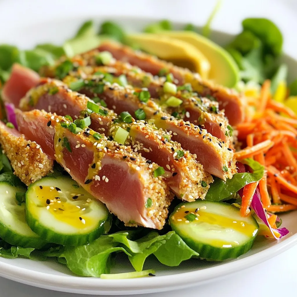 - 2 Ahi tuna steaks (about 6 oz each) - 1/4 cup sesame seeds (mix of white and black for visual appeal) - 4 cups mixed salad greens (arugula, spinach, and romaine) - 2 tablespoons soy sauce (low sodium) - 1 tablespoon sesame oil - 1 cup shredded carrots - 1/2 cucumber, thinly sliced - 1/2 red bell pepper, julienned - 1 avocado, sliced - 2 green onions, chopped - 1 tablespoon fresh ginger, grated - 1 tablespoon lime juice - Salt and pepper to taste This dish starts with Ahi tuna steaks. Ahi tuna is fresh and meaty. Choose steaks that are deep red. They should feel firm to the touch. Next, sesame seeds add a nice crunch. I like to mix white and black seeds for a pop of color. The mixed salad greens bring freshness and flavor. You can use arugula, spinach, or romaine. For the dressing, I mix soy sauce and sesame oil. This gives a rich flavor. Shredded carrots, thinly sliced cucumber, and julienned bell pepper add crunch. Avocado brings creaminess. Green onions add a hint of sharpness. Finally, fresh ginger and lime juice give a zesty kick. Salt and pepper are key to boost all flavors. Each ingredient plays a big role in making this salad bright and tasty. {{ingredient_image_1}} 1. Drying and seasoning the tuna: Start by patting the Ahi tuna steaks dry with paper towels. This step helps the sesame seeds stick better. Next, season both sides with salt and pepper. I always use a light touch so the tuna's flavor shines through. Then, brush the tuna lightly with low-sodium soy sauce. This adds a nice umami flavor. 2. Pressing tuna into sesame seeds: Pour the sesame seeds onto a plate. I like to use a mix of white and black seeds for a beautiful look. Take each seasoned tuna steak and press it into the seeds. Make sure to coat all sides evenly. This creates a tasty crust that adds crunch and flavor. 1. Searing instructions for optimal doneness: Heat sesame oil in a skillet over medium-high heat. Once hot, add the sesame-crusted tuna steaks. Sear them for about 1-2 minutes on each side for rare. If you prefer a different doneness, adjust the time slightly. Keep an eye on the color; it should be a lovely golden brown. 2. Resting tuna before slicing: After searing, remove the tuna from the pan. Let it rest for a minute. This step is key! Resting allows the juices to settle, making each bite tender and juicy. 1. Combining salad ingredients: In a large bowl, mix together the salad greens, shredded carrots, thinly sliced cucumber, julienned red bell pepper, and sliced avocado. I love using a variety of colors for an appealing look. 2. Making and adding the dressing: In a small bowl, whisk together grated ginger, lime juice, a splash of soy sauce, and a pinch of salt. Taste it and adjust as you like. Drizzle the dressing over the salad right before serving. 3. Final plating and garnishing tips: Thinly slice the seared tuna against the grain. Arrange the salad on plates and top it with the slices of tuna. Finally, sprinkle chopped green onions over the top for extra flavor and a pop of color. Serve it on a large platter for sharing or in individual bowls. Enjoy! To get the best sear on your Ahi tuna, heat your skillet well. A high heat gives you that nice crust while keeping the center tender. For rare tuna, cook it for just 1-2 minutes on each side. If you prefer medium, extend the time to 3-4 minutes per side. Always check the center; it should remain pink. Want to boost the flavor? Try adding spices like garlic powder or a hint of chili flakes. Fresh herbs, such as cilantro or basil, also work well. Using the freshest ingredients makes a big difference. Fresh greens and ripe avocado will elevate your salad. You can even toss in some radishes for a crunchy bite. Plating is key for an impressive meal. Arrange the salad on a large platter to share or in individual bowls for a personal touch. Thinly sliced tuna should sit atop the greens. For a pop of color, add a lime wedge and sprinkle leftover sesame seeds. This adds both flair and flavor to your dish. Consider pairing it with a light soup or crusty bread to complete your meal. Pro Tips Quality Tuna: Always choose sushi-grade Ahi tuna for the best flavor and texture. This ensures a safe and delicious experience. Perfect Sear: Use a hot skillet and don’t overcrowd the pan to achieve a perfect sear. This keeps the tuna tender and juicy inside. Fresh Ingredients: Opt for fresh, organic produce for the salad to enhance the overall flavor and nutritional value of the dish. Customize the Dressing: Feel free to adjust the dressing ingredients according to your taste. Adding a touch of honey or chili flakes can elevate the flavor. {{image_2}} You can switch up the protein in this salad. If you prefer chicken, grilled or seared chicken breasts work well. For a vegetarian version, try marinated tofu. It offers a nice texture and flavor. Feel free to mix the greens too. Instead of arugula, spinach, or romaine, use kale or mixed baby greens. Each type adds its own taste and crunch. You can also add veggies like radishes or snap peas for an extra crunch. While the ginger-lime dressing is a star, you can change it for variety. A sesame-ginger vinaigrette adds depth and pairs well with the tuna. You can also try a spicy mayo for a kick. Just mix mayo with sriracha or wasabi. Another option is a classic balsamic vinaigrette. It gives a sweet-tart flavor that contrasts nicely with the tuna. Feel free to experiment with different flavors to find what you love best. This salad shines on its own, but you can add sides for more fun. Try serving it with crispy wonton chips or a light miso soup. These add texture and flavor that match well. You can also transform this salad into a poke bowl. Start with sushi rice or quinoa as the base. Then, pile on the salad ingredients and top it with sliced tuna. Drizzle on your favorite dressing for a fun twist. To keep your Sesame Crusted Ahi Tuna Salad fresh, store leftovers in an airtight container. This helps maintain flavor and texture. Place the salad in the fridge within two hours to ensure safety. For the best results, keep the tuna separate from the salad greens. This keeps the greens crisp. For the tuna, wrap it tightly in plastic wrap or foil. This method prevents it from drying out. You can also place it in a small container. It should last about 2 days in the fridge. If you need to reheat the tuna, do it gently. Use a microwave on low power for about 30 seconds. Check it after every 10 seconds to prevent overcooking. Overcooked tuna can become tough and dry. Remember, it is best served rare or medium-rare. You can also warm it in a skillet over low heat. This way, you can keep the nice crust. Just heat it for a minute on each side. For easy meal prep, you can prepare salad components in advance. Wash and chop your greens and veggies a day or two before. Store them in separate containers in the fridge. This keeps them fresh and ready to go. You can also sear the tuna ahead of time and let it cool. Slice it thin and store it in the fridge. When you are ready to eat, just assemble the salad. Drizzle the dressing just before serving for the best taste. This makes for quick and delicious meals throughout the week. Ahi tuna is a type of fish known for its rich flavor and firm texture. It is often found in warm waters, mainly in the Pacific Ocean. Ahi tuna comes in two main varieties: yellowfin and bigeye. Both types are popular for sushi and sashimi. The meat is red and has a mild taste. Ahi tuna is low in fat and high in protein, making it a healthy choice for meals. Yes, you can use frozen tuna for this recipe. When using frozen tuna, let it thaw in the fridge overnight. Once thawed, pat it dry with paper towels. This helps to remove excess moisture. Season and crust the tuna as you would with fresh tuna. Sear it for about 2-3 minutes on each side for a nice crust. To check if the tuna is done, look for a few signs. First, the outside should be nicely browned and crusted. Second, the inside should remain pink and slightly warm for rare doneness. If you prefer medium, look for a light pink center. Use a meat thermometer if needed; it should read about 125°F for rare and 135°F for medium. Yes, this dish can be gluten-free. Use gluten-free soy sauce instead of regular soy sauce. Most of the other ingredients are naturally gluten-free. Always check labels on packaged items to ensure they are safe for gluten-sensitive individuals. Enjoy this salad without worry! This blog post covered a delicious salad with ahi tuna. We explored the main and additional ingredients that bring it to life. I shared step-by-step instructions to prepare, cook, and assemble your dish. You learned tips for perfecting the sear and enhancing flavors. We discussed variations and storing leftovers effectively. Take these ideas, enjoy the process, and create your own take on this meal! Cooking should be fun and rewarding.