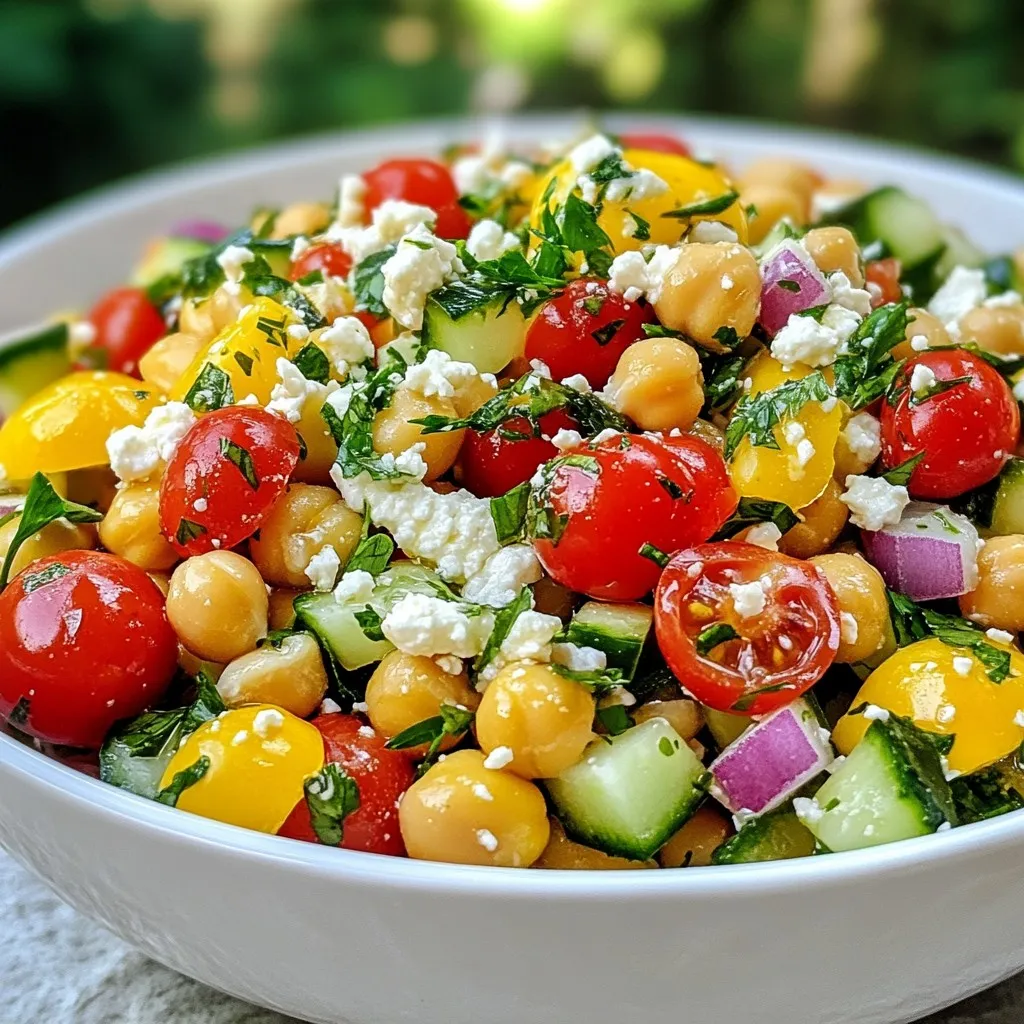 - 1 can (15 oz) chickpeas, drained and rinsed - 1 cup cherry tomatoes, halved - 1 cucumber, diced - 1/2 red onion, finely chopped - 1/4 cup Kalamata olives, pitted and sliced - 1/2 cup feta cheese, crumbled - 2 tablespoons fresh parsley, chopped - 1 tablespoon fresh mint, chopped Canned chickpeas are the star of this dish. They add protein and fiber. Rinse and drain them for the best flavor and texture. Next, fresh vegetables bring crunch and color. Cherry tomatoes burst with sweetness. The cucumber adds coolness, while the red onion offers a sharp bite. Kalamata olives add a briny depth, perfect for this salad. Feta cheese brings creaminess and tang. Use crumbled feta for a nice touch. Fresh parsley and mint add bright and fragrant notes. Their freshness lifts the whole salad. - 3 tablespoons olive oil - 2 tablespoons lemon juice - 1 teaspoon dried oregano - Salt and pepper to taste The dressing is simple yet powerful. Olive oil adds richness, while lemon juice brings acidity. This blend brightens the salad. Dried oregano adds an earthy flavor. Season with salt and pepper for balance. Mix these together in a bowl for the perfect dressing. This Mediterranean chickpea salad is fresh, easy, and full of flavor. Each ingredient plays a role in making this dish delicious. Enjoy! {{ingredient_image_1}} Rinsing and Draining Chickpeas Start by opening a can of chickpeas. Pour the chickpeas into a strainer. Rinse them under cold water. This removes extra sodium and any canning liquid. Let them drain well. You want them dry to help the salad stay fresh. Chopping Vegetables Next, grab a cutting board. Dice one cucumber into small pieces. Cut the cherry tomatoes in half. Use a sharp knife to finely chop half a red onion. Slice a quarter cup of Kalamata olives. Make sure all pieces are similar in size. This helps everything mix well. Combining Main Ingredients In a big bowl, add the drained chickpeas, chopped cucumber, halved tomatoes, chopped onion, and sliced olives. Gently fold in half a cup of crumbled feta cheese. Add two tablespoons of chopped parsley and one tablespoon of chopped mint. Mix carefully so you don’t mash the chickpeas. Preparing the Dressing In a small bowl, whisk together three tablespoons of olive oil and two tablespoons of fresh lemon juice. Add one teaspoon of dried oregano. Season with salt and pepper to your taste. This dressing will bring all the flavors together. Tossing Everything Together Now, pour the dressing over the salad. Toss everything gently to coat the ingredients evenly. Ensure the dressing covers all parts of the salad. This step makes every bite flavorful. Recommended Rest Time Let the salad sit for about ten minutes. This resting time allows the flavors to blend. You can serve it chilled or at room temperature. Enjoy the fresh and vibrant taste! To make your Mediterranean chickpea salad pop, think about seasoning variations. You can try adding smoked paprika for a warm touch. If you like heat, a pinch of red pepper flakes works well. For fresh herbs, I recommend parsley and mint. They add bright flavors. You can also use basil or dill for a different twist. Serving your salad is key. Use a large bowl or platter. This makes it look inviting. You can garnish with extra olives or a sprinkle of feta cheese. A sprig of fresh mint on top adds color. Another idea is to serve it in individual cups. This makes it easy for guests to grab. Chickpeas are packed with protein and fiber. They help keep you full and satisfied. They also provide vitamins and minerals like iron and folate. Fresh vegetables in the salad add crunch and nutrients. Tomatoes are rich in vitamins A and C. Cucumbers are hydrating and low in calories. Red onions contain antioxidants that are good for your health. Pro Tips Use Fresh Herbs: Fresh parsley and mint elevate the flavor of the salad. Make sure to use them for the best results. Chill for Flavor: Letting the salad sit for at least 10 minutes allows the flavors to meld together beautifully. Customize Your Veggies: Feel free to add or substitute other vegetables like bell peppers or radishes for added crunch and color. Quality Olives Matter: Choose high-quality Kalamata olives for a more intense flavor that enhances the overall taste of the salad. {{image_2}} You can easily make this salad gluten-free. Chickpeas are naturally gluten-free. If you want more texture, try adding gluten-free grains like quinoa or rice. These grains will add a nice bite. Just cook them separately and mix them in. This salad can also fit a vegan diet. Simply leave out the feta cheese. You can add avocado for creaminess instead. For dressing, use a mix of tahini and lemon juice. This will keep it tasty and fresh. Using seasonal vegetables makes this salad even better. In summer, add bell peppers or zucchini. In fall, try roasted sweet potatoes. Fresh herbs also change with the season. Use basil in summer or parsley in winter. These swaps keep your salad vibrant and delicious. To keep your Mediterranean chickpea salad fresh, store it in the fridge. Use an airtight container. This keeps air out and helps maintain flavor. If you don’t have an airtight container, a regular bowl with plastic wrap works too. Just make sure to press the wrap down onto the salad. This method also helps keep it fresh. In the fridge, your salad lasts about three days. The flavors improve as it sits, so it’s great for leftovers! If you want to freeze it, I don’t recommend it. Freezing can change the texture of the veggies and feta. Instead, enjoy your salad fresh. You can always make a new batch later! Yes, you can make Mediterranean Chickpea Salad ahead of time. It actually tastes better after sitting. The flavors mix together well when you chill it. Prepare it a few hours before serving. Store it in the fridge in an airtight container. Just remember to add fresh herbs right before serving for the best taste. This salad pairs well with many dishes. You can serve it with grilled chicken or fish for protein. It also works great as a side with pita bread or hummus. For a light meal, enjoy it with a bowl of soup. The salad complements roasted vegetables nicely, too. You can easily change this salad to fit dietary needs. For gluten-free diets, it’s already safe! If you have dairy allergies, simply skip the feta cheese. Add more veggies like bell peppers or carrots for crunch. For a vegan option, you can use avocado instead of cheese. Mediterranean Chickpea Salad is vibrant and packed with nutrients. We covered main ingredients like chickpeas, vegetables, feta, and olives. I shared easy steps for preparation and mixing, plus tips to enhance flavor. You can customize the salad for dietary needs, and I explained how to store leftovers properly. This salad is fun to make and healthy to eat. Enjoy making it your own and share it with family and friends for a tasty meal!
