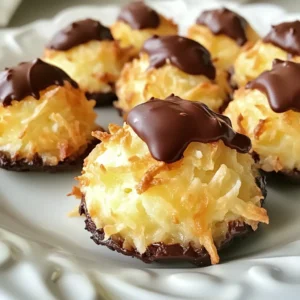 To make chocolate dipped coconut macaroons, you will need: - 2 ¼ cups shredded sweetened coconut - 1 cup sweetened condensed milk - 1 teaspoon vanilla extract - ½ teaspoon almond extract - 2 large egg whites - ¼ teaspoon salt - 1 cup semisweet chocolate chips - 1 tablespoon coconut oil These ingredients come together to create a chewy, sweet treat. The shredded coconut gives a great texture, while the sweetened condensed milk binds everything together. You can play with the flavors in your macaroons. Try adding: - A splash of mint extract for a fresh twist. - Zest from an orange for a citrus touch. - Chopped nuts like almonds or pecans for extra crunch. These add-ins can elevate your macaroons and make them unique. To prepare these macaroons, gather the following tools: - A large mixing bowl - A separate bowl for whipping egg whites - An electric mixer - A baking sheet lined with parchment paper - A microwave-safe bowl for melting chocolate - A small ice cream scoop or tablespoon Having the right tools makes the process easier and more enjoyable. {{ingredient_image_1}} First, gather your ingredients. You need shredded coconut, sweetened condensed milk, and extracts. Also, grab two large egg whites, salt, chocolate chips, and coconut oil. Next, preheat your oven to 325°F (160°C). This ensures even baking. Line a baking sheet with parchment paper. This step keeps the macaroons from sticking. In a large bowl, mix the shredded coconut, sweetened condensed milk, vanilla, and almond extracts. Stir until everything blends well. In another bowl, beat the egg whites and salt. Use an electric mixer on medium speed. Keep mixing until stiff peaks form. This usually takes about 2-3 minutes. Gently fold the beaten egg whites into the coconut mixture. Do this carefully to keep the fluffiness. You want no white streaks left. Now it’s time to shape the macaroons. Use a tablespoon or a small ice cream scoop to portion the mixture. Place them on the baking sheet, about 1 inch apart. Bake the macaroons in the oven for 20-25 minutes. Look for a light golden color on the edges. This is your sign that they are ready. After baking, let them cool on the sheet for 10 minutes. Then, transfer them to a wire rack to cool completely. While the macaroons cool, prepare for the chocolate dip. In a microwave-safe bowl, combine the semisweet chocolate chips and coconut oil. Microwave this mixture in 30-second intervals. Stir in between until it becomes smooth. Once the macaroons are cool, dip the bottom of each one into the melted chocolate. Let any extra chocolate drip off. Place the dipped macaroons back on the parchment paper. Finally, refrigerate the macaroons for about 30 minutes to set the chocolate. This makes the chocolate firm and ready to enjoy. Folding egg whites is key to light and airy macaroons. Use a rubber spatula for this. First, scoop a bit of the coconut mix into the egg whites. This helps to lighten the mix. Then, gently lift the egg whites from the bottom and fold over the coconut. You want to keep as much air as possible. Keep folding until no white streaks show. This should take about 30 seconds. Baking temperature matters. Preheat your oven to 325°F (160°C). Line your baking sheet with parchment paper. This helps the macaroons not stick. Space each scoop about 1 inch apart. This gives them room to rise. Bake until they are lightly golden, about 20-25 minutes. Watch closely during the last few minutes. Overbaking can dry them out. Melting chocolate can be tricky. Use a microwave-safe bowl for the chocolate chips. Add 1 tablespoon of coconut oil to help it melt smoothly. Microwave in 30-second bursts. Stir between each burst to avoid burning. Once melted, let it cool a bit. This helps when dipping the macaroons. Dip only the bottom and let the excess drip off. Place them back on parchment paper to set. Pro Tips Use Fresh Coconut: For an enhanced flavor, consider using fresh shredded coconut instead of packaged. It will give your macaroons a more authentic taste. Perfect Egg Whites: Make sure your mixing bowl is completely clean and dry before beating the egg whites. Any fat or moisture can prevent them from reaching stiff peaks. Chocolate Dipping: For a smooth chocolate dip, ensure that the chocolate is fully melted and incorporated with the coconut oil to create a glossy finish. Storing Macaroons: Store your chocolate dipped macaroons in an airtight container in the fridge to keep them fresh and maintain their texture for up to a week. {{image_2}} You can change the flavor of your chocolate dipped coconut macaroons easily. Adding mint gives a fresh touch. Just mix in 1 teaspoon of mint extract when combining the coconut and sweetened condensed milk. For a zesty twist, add the zest of one orange. This brightens the flavor and adds a nice aroma. You can also try using different extracts, like coconut or lemon. Each choice adds a new layer of taste. If you follow a vegan diet, you can still enjoy these treats. Replace sweetened condensed milk with coconut cream or a vegan alternative. Use aquafaba, the liquid from canned chickpeas, instead of egg whites. Just whip it until it forms stiff peaks like egg whites do. Make sure your chocolate chips are dairy-free, and you’re good to go! This way, everyone can enjoy these delicious macaroons. Presentation adds joy to your treats. After dipping in chocolate, sprinkle a bit of sea salt on top for a sweet-salty flavor. You can also drizzle white chocolate over the dark chocolate for a fun look. For colors, use colored sprinkles or edible glitter. Place the macaroons in cupcake liners for a festive touch. These small changes make your macaroons stand out and look more inviting. To keep your chocolate dipped coconut macaroons fresh, store them in an airtight container. Place parchment paper between layers to avoid sticking. This method helps maintain their chewy texture and rich taste. Keep the container in a cool, dry place, away from heat and sunlight. You can freeze macaroons for later enjoyment. First, let them cool completely. Then, place them on a baking sheet in a single layer. Freeze for about one hour. Once frozen, transfer them to a freezer-safe bag or container. They can stay frozen for up to three months. When ready to eat, thaw them in the fridge overnight. Chocolate dipped coconut macaroons last for about one week when stored properly. If you keep them in the fridge, they may last up to ten days. However, for the best flavor and texture, enjoy them fresh! Yes, you can use unsweetened coconut. However, your macaroons will be less sweet. To balance the flavor, you might want to add a little more sweetened condensed milk. This will help keep the texture nice and chewy. Unsweetened coconut can give you a richer coconut taste. Just remember, the sweetness might not be as strong. This recipe is naturally gluten-free! The main ingredients, coconut and condensed milk, contain no gluten. Always check your labels. Some brands may add fillers that include gluten. If you want extra assurance, use certified gluten-free coconut. That way, you can enjoy these treats without worry. Serving and presenting macaroons can be fun! Here are some tips: - Arrange them on a nice platter for a beautiful display. - Use colorful liners to add a pop of color. - Drizzle extra melted chocolate on top for flair. - Pair them with fresh fruit or ice cream for a tasty treat. These ideas will make your macaroons look as good as they taste! This article covers the essentials for making delicious chocolate dipped coconut macaroons. You learned about key ingredients, clear steps for baking, and helpful tips for great results. I shared flavor variations and storage tips to keep your treats fresh. Remember, these macaroons can easily fit your taste and diet. Enjoy the fun of creating your own treats, and don’t be afraid to try new flavors. Happy baking!