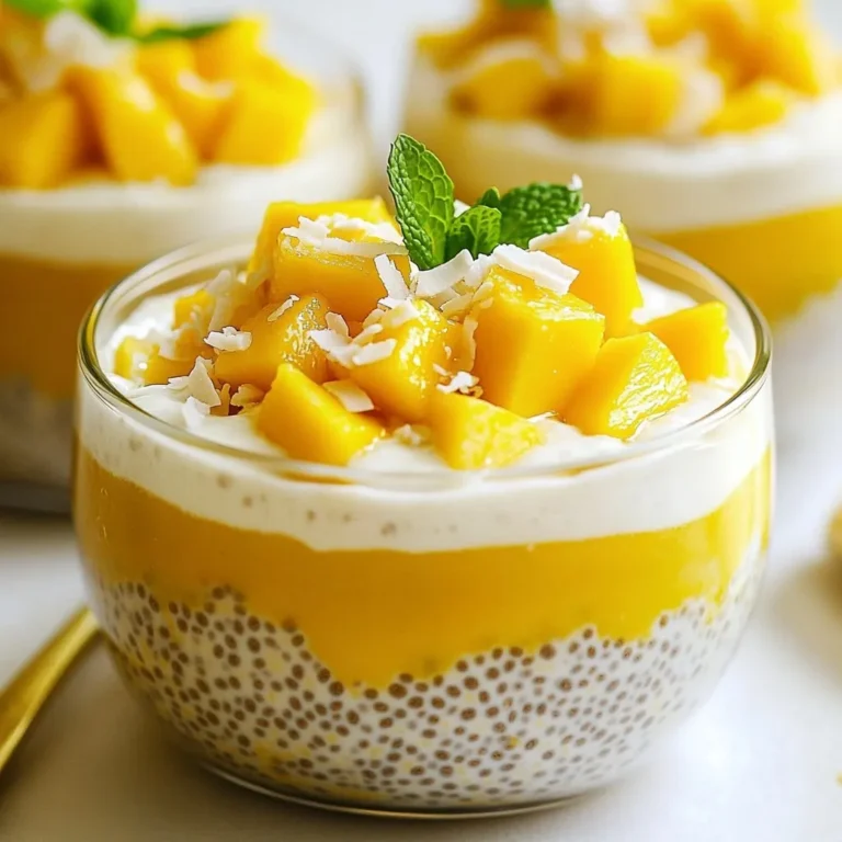 - 1 cup coconut milk (canned or cartoned) - 1/2 cup almond milk (or any plant-based milk) - 1/4 cup chia seeds - 2 tablespoons honey or maple syrup (adjust for sweetness) - 1 ripe mango, diced - 1 teaspoon vanilla extract - A pinch of salt - Shredded coconut and fresh mint for garnish You can switch coconut milk for oat milk if you prefer. Use soy milk if you like. If you want it sweeter, use agave syrup instead of honey. You can skip the mango and use berries for a different taste. For garnish, try using sliced almonds or seeds instead of coconut. Coconut milk adds creaminess and healthy fats. Almond milk is low in calories and nutty. Chia seeds are rich in fiber and omega-3s. Honey or maple syrup gives natural sweetness and energy. Mango is packed with vitamins and antioxidants. Vanilla extract adds warmth and flavor. Salt enhances all the tastes in the dish. Shredded coconut adds texture, while mint gives a fresh touch. {{ingredient_image_1}} Start by gathering your ingredients. In a mixing bowl, combine 1 cup of coconut milk and 1/2 cup of almond milk. Add 1 teaspoon of vanilla extract, 2 tablespoons of honey or maple syrup, and a pinch of salt. Stir this mix well until it is smooth and creamy. This base will give your pudding a rich flavor. Next, slowly whisk in 1/4 cup of chia seeds. Make sure they get evenly mixed in. Chia seeds are tiny but mighty. They will absorb the liquid, creating a thick pudding. Stir until you don’t see any clumps of chia seeds. Now, cover the bowl with a lid or plastic wrap. Place it in the fridge for at least 4 hours, or overnight if you can wait. This time allows the chia seeds to soak up the liquid and swell up. Once it’s ready, give it a good stir to break up any clumps. This step is key for a smooth texture. Now, your coconut mango chia pudding is ready to be layered with fresh mango and served! To make your chia pudding smooth and creamy, you need to mix well. After adding the chia seeds, whisk slowly. This helps prevent clumps from forming. Let the mixture sit for a few minutes. Then whisk again. This extra step gives you a nice texture. Sweetness is key in this recipe. You can use honey or maple syrup. Start with two tablespoons, then taste. If you want it sweeter, add more. You can also skip the sweetener if you prefer a natural taste. Adjusting the sweetness can help you find your perfect balance. Garnishes add flair to your pudding. I love using shredded coconut on top. It adds a nice texture and flavor. Fresh mint leaves also brighten the dish. You can also add diced fruit for color. Try adding berries or additional mango pieces for a tasty touch. Pro Tips Use Ripe Mango: For the best flavor and sweetness, ensure your mango is fully ripe. It should have a slight give when gently pressed and a sweet aroma. Chill Overnight: For optimal texture and flavor, let the chia pudding chill overnight. This allows the seeds to absorb more liquid and thicken perfectly. Experiment with Sweeteners: Feel free to adjust the sweetness of your pudding by using different sweeteners such as agave syrup or date syrup, depending on your preference. Garnish Creatively: Add a variety of toppings such as nuts, seeds, or other fruits for added texture and flavor. Fresh mint not only enhances presentation but adds a refreshing taste. {{image_2}} You can mix flavors with coconut mango chia pudding. Try adding passion fruit for a tangy twist. It pairs well with the sweetness of mango. Pineapple also works great. Its bright taste adds a fun touch to the pudding. For a tropical vibe, blend in some diced kiwi or starfruit. Each fruit brings its unique taste. You can create endless combinations to suit your mood. This recipe is easy to make vegan or sugar-free. Replace honey with agave syrup or maple syrup for sweetness. Both options keep the flavor rich without using animal products. To make it sugar-free, choose a sugar substitute like stevia. Just remember to adjust the amount to match your taste. You can use unsweetened almond milk to lower sugar content even more. This way, you can enjoy a healthy treat without guilt. Layering makes your pudding look and taste even better. Start with a thin layer of chia pudding in a glass. Then, add a layer of diced mango. Repeat this process for a beautiful effect. You can also switch it up. Try adding a layer of shredded coconut or nuts for a crunchy texture. Use a clear glass to show off the layers. This makes it fun to eat and great for sharing. Store your coconut mango chia pudding in an airtight container. This keeps it fresh and tasty. You can use glass jars or plastic containers with tight lids. Make sure to place it in the fridge right after making it. This helps maintain its creamy texture and flavor. Coconut mango chia pudding lasts about 5 days in the fridge. After that, it may lose quality. Always check for any changes in smell or texture before eating. If it looks or smells off, it’s best to toss it. You don’t need to heat this pudding. It tastes best served cold. For a fun twist, layer it with extra diced mango or a splash of coconut milk. You can also add a sprinkle of shredded coconut on top. Enjoy it as a snack or dessert. Chia seeds are tiny but mighty. They are high in fiber. This helps with digestion. They also have protein, which is great for strength. Chia seeds are rich in omega-3 fatty acids, which are good for your heart. Plus, they help keep you full, making them a smart snack choice. Yes! Fresh mango is a fantastic choice. It adds a bright flavor and a juicy texture. Just peel and chop it into small pieces. You’ll enjoy the same great taste with fresh mango. If you love mango, feel free to add more! Absolutely! This pudding is perfect for meal prep. You can make it a day or two ahead. Just store it in the fridge. The chia seeds will soak up the liquid and thicken nicely. This makes it a quick and easy treat when you're ready to eat. You can easily make this pudding nut-free. Just swap out the almond milk. Use coconut milk or oat milk instead. Both options work well in this recipe. You still get a creamy texture without any nuts. Yes, you can use different kinds of milk. Coconut milk is the star, but other plant-based milks work too. Consider soy milk or rice milk. Each milk gives a unique flavor. Choose your favorite for the best taste! This blog post covered the ingredients, instructions, tips, variations, and storage for coconut mango chia pudding. You learned about each ingredient's benefits and how to mix them. I shared tricks for a perfect texture and fun flavor options. Remember, you can tailor this recipe to fit your taste. With proper storage, your pudding stays fresh and ready to enjoy. Keep these tips in mind as you create your own delicious dessert. I hope you feel excited to try this recipe!