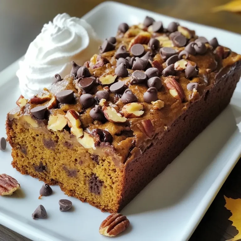 To make Chocolate Chip Pumpkin Bread, you'll need: - 1 ½ cups all-purpose flour - 1 teaspoon baking soda - ½ teaspoon baking powder - ½ teaspoon salt - 1 tablespoon pumpkin spice (or a mix of cinnamon, nutmeg, and ginger) - ½ cup unsalted butter, softened - 1 cup brown sugar, packed - 2 large eggs - 1 cup canned pumpkin puree - 1 teaspoon vanilla extract - 1 cup semi-sweet chocolate chips - ½ cup chopped pecans (optional) These ingredients blend to create a rich, moist bread with a warm spice flavor. You can make simple swaps for some ingredients: - Flour: Use whole wheat flour for a heartier bread. - Butter: Substitute with coconut oil for a dairy-free option. - Brown Sugar: Use coconut sugar for a lower glycemic index. - Pumpkin Spice: If you lack pumpkin spice, mix equal parts cinnamon, nutmeg, and ginger. - Chocolate Chips: Swap for dark chocolate or white chocolate for a twist. These swaps can give you a unique taste while keeping the essence of the bread. Quality matters for great bread. Here are some tips: - Flour: Use fresh flour for the best texture. Stale flour can ruin your bake. - Pumpkin Puree: Choose 100% pure pumpkin puree. Avoid pumpkin pie filling as it has added sugar. - Chocolate Chips: Use good quality chips. They melt better and enhance flavor. - Butter: Use unsalted butter. This allows you to control the salt level. By selecting quality ingredients, you ensure that your Chocolate Chip Pumpkin Bread tastes amazing! {{ingredient_image_1}} Start by getting everything ready. First, preheat your oven to 350°F (175°C). Grease a 9x5-inch loaf pan. Set it aside for later. Next, gather your dry ingredients. In a medium bowl, whisk together 1 ½ cups of all-purpose flour, 1 teaspoon of baking soda, ½ teaspoon of baking powder, ½ teaspoon of salt, and 1 tablespoon of pumpkin spice. This blend gives the bread its warm flavor. Set this mix aside. Now, move to a large mixing bowl. Cream together ½ cup of softened unsalted butter and 1 cup of packed brown sugar until it’s smooth and fluffy. This step is key for a light texture. Add 2 large eggs, one at a time, mixing well after each addition. Then, stir in 1 cup of canned pumpkin puree and 1 teaspoon of vanilla extract. Mix until all is combined. Slowly add the dry mix to the wet mix. Stir gently until just combined. Don’t worry about lumps; they are fine. Finally, fold in 1 cup of semi-sweet chocolate chips and ½ cup of chopped pecans if you want some crunch. Pour the batter into the prepared loaf pan. Use a spatula to smooth it out evenly. Place the pan in the preheated oven. Bake for 60-65 minutes. Check for doneness by inserting a toothpick in the center. If it comes out clean, your bread is ready. Once baked, take it out of the oven. Let the bread cool in the pan for about 10 minutes. This makes it easier to take out. After that, transfer the bread to a wire rack. Let it cool completely before slicing. Timing is crucial for the best results. If your oven runs hot, start checking the bread at 55 minutes. If the toothpick shows wet batter, it needs more time. Also, remember that the bread continues to cook a bit after you take it out. So, a little underdone is better than overdone. Keep an eye on the top color. It should be golden brown. If it browns too fast, cover it loosely with foil. This way, the inside can bake fully without burning the top. Enjoy the sweet smell filling your kitchen as it bakes! To bake chocolate chip pumpkin bread well, follow a few key steps. First, always preheat your oven to 350°F. This helps the bread rise evenly. Next, I recommend using room temperature butter. It blends smoothly with sugar. Softened butter also gives a light texture. When mixing, cream the butter and sugar until fluffy. This step adds air, making your bread rise better. Many home bakers make a few common errors. One mistake is overmixing the batter. Mix until just combined; a few lumps are okay. If you overmix, your bread can turn out tough. Another mistake is not measuring ingredients accurately. Use dry measuring cups for flour and brown sugar. This ensures you get the right amount, which affects the texture. Lastly, don’t skip the greasing step for your loaf pan. It helps the bread come out cleanly after baking. For perfect texture, pay attention to your ingredients. Use fresh pumpkin puree for rich flavor and moisture. If you prefer a lighter bread, substitute half of the butter with unsweetened applesauce. This keeps your bread moist without adding too much fat. Adding chocolate chips is a must for sweetness and texture. I suggest folding them in gently. You want them evenly spread, but don’t crush them. Lastly, let the bread cool in the pan for about 10 minutes before moving it. This helps it set and makes slicing easier. Pro Tips Use Fresh Spices: For the best flavor, use freshly ground spices instead of pre-ground ones. This will enhance the aroma and taste of your pumpkin spice chocolate chip bread. Don’t Overmix: When combining the wet and dry ingredients, mix until just combined. Overmixing can lead to dense bread, so a few lumps are perfectly fine. Check for Doneness: Ovens can vary, so start checking your bread for doneness a few minutes before the recommended baking time. A toothpick inserted in the center should come out clean. Customize Your Mix-Ins: Feel free to experiment with your favorite nuts or even dried fruits. Adding cranberries or walnuts can provide a delightful twist to the classic recipe. {{image_2}} You can boost the flavor of your chocolate chip pumpkin bread. Add a pinch of extra pumpkin spice for warmth. A splash of orange juice or zest brings a nice citrus note. You could also use dark chocolate chips for richer taste. Want a nutty twist? Try brown butter instead of regular butter. It adds a deep, toasty flavor that’s hard to beat. If you need a gluten-free option, swap in a gluten-free flour blend. Just ensure the blend has xanthan gum for better texture. For a vegan version, replace the eggs with flax eggs. Mix one tablespoon of ground flaxseed with three tablespoons of water for each egg. Use coconut oil instead of butter for a plant-based fat option. This makes the bread moist and delicious. You can make your pumpkin bread even more fun with add-ins. Chopped pecans or walnuts add a nice crunch. Dried cranberries or raisins give a sweet and tart flavor. For a twist, try adding chocolate chunks or butterscotch chips. These create pockets of gooey sweetness. Mix and match to find your favorite combinations! To keep your chocolate chip pumpkin bread fresh, wrap it well. Use plastic wrap or foil. Store it at room temperature for up to three days. If you want to keep it longer, the fridge is good too. Just remember to wrap it tightly to avoid drying out. Freezing is a great way to save leftover bread. First, let the bread cool completely. Then, slice it if you want single servings. Wrap each slice or the whole loaf in plastic wrap. After that, place it in a freezer bag. This will keep the bread fresh for up to three months. When you're ready to enjoy it, just thaw it in the fridge overnight. To reheat your pumpkin bread, use an oven or a microwave. If you use the oven, preheat it to 350°F (175°C). Place the bread on a baking sheet and heat for about 10 minutes. This warms it through and keeps it soft. If you choose the microwave, heat a slice for about 15-20 seconds. This way, the chocolate chips get nice and melty. Enjoy your warm treat! Yes, you can use fresh pumpkin. Start with a small pumpkin. Cut it in half and remove the seeds. Bake it at 400°F (200°C) for about 45 minutes. Once soft, scoop the flesh out and mash it. Measure out one cup of this fresh pumpkin. It will add a nice, homemade flavor. To check if your bread is done, insert a toothpick into the center. If it comes out clean or with a few crumbs, your bread is ready. If it has wet batter on it, bake for a few more minutes. Keep an eye on it to avoid overbaking. Yes, you can! For mini loaves, divide the batter into smaller pans. Bake for about 25-30 minutes. For muffins, fill the cups about two-thirds full. Bake for 18-20 minutes. Both options will taste just as great! Enjoy the fun shapes. This blog post covered all you need for great chocolate chip pumpkin bread. We explored key ingredients, their substitutes, and tips for choosing the best quality. Step-by-step, you learned how to prepare, bake, and cool your bread. I shared common mistakes to avoid and tricks to get the right texture. I also discussed creative variations and proper storage methods for leftovers. Baking should be fun and rewarding. Now you have the skills to make delicious pumpkin bread your way. Enjoy every slice!