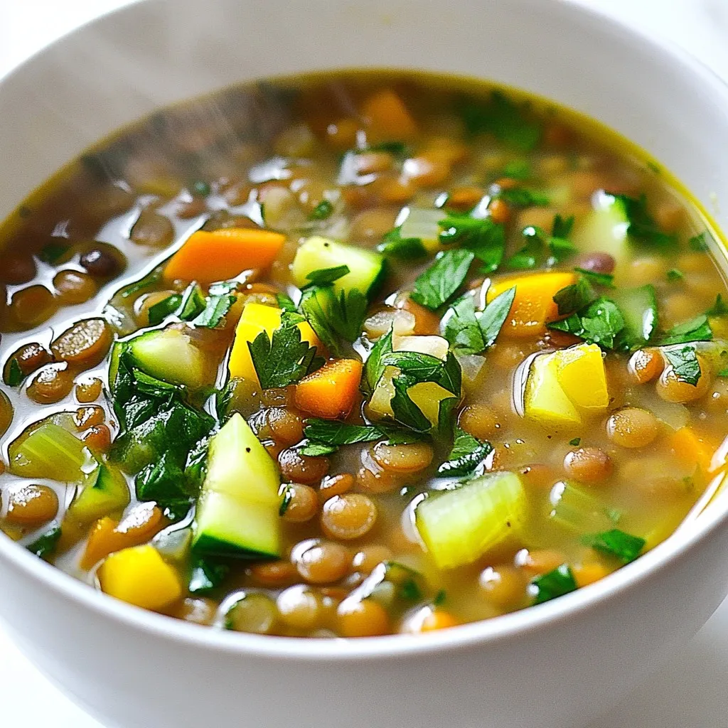 To make a flavorful Mediterranean lentil soup, you need: - 1 cup green or brown lentils, rinsed - 1 tablespoon olive oil - 1 onion, diced - 2 carrots, diced - 2 celery stalks, diced - 3 cloves garlic, minced - 1 teaspoon ground cumin - 1 teaspoon smoked paprika - 1 teaspoon dried oregano - 6 cups vegetable broth - 1 can (14 oz) diced tomatoes, with juices - 1 zucchini, diced - 2 cups spinach or kale, chopped - Juice of 1 lemon - Salt and pepper, to taste - Fresh parsley, chopped (for garnish) These ingredients come together to create a rich and hearty soup. You can swap green lentils for brown ones if you prefer. Both types work well and add protein and fiber. To dress up your soup, consider these garnishes: - Chopped fresh parsley - A dollop of yogurt These add fresh flavors and a creamy texture. You can serve the soup with warm bread like crusty baguette or pita. A simple side salad also pairs well. It adds crunch and freshness to the meal. Enjoy the blend of flavors and textures! {{ingredient_image_1}} To make this Mediterranean lentil soup, start by cooking the base. First, heat one tablespoon of olive oil in a large pot over medium heat. Once hot, add the diced onion, carrots, and celery. Sauté these veggies for about 5 to 7 minutes. You want them soft but not brown. Next, stir in three cloves of minced garlic, one teaspoon of ground cumin, one teaspoon of smoked paprika, and one teaspoon of dried oregano. Cook this mix for one more minute. You will smell a wonderful aroma fill your kitchen. Now, rinse one cup of green or brown lentils under cold water. This step is key as it removes any dust. Add the rinsed lentils to the pot along with six cups of vegetable broth and one can of diced tomatoes, including their juices. Bring everything to a boil. Once boiling, reduce the heat to low. Let the soup simmer gently for 25 to 30 minutes. Keep an eye on the lentils. You want them to be tender but not mushy. If they are too firm, give them a few more minutes. In the last ten minutes of cooking, add one diced zucchini and two cups of chopped spinach or kale. Stir well and allow them to cook until just tender. After cooking, stir in the juice of one lemon. Taste the soup and add salt and pepper as needed. Your Mediterranean lentil soup is now ready to serve hot. Don’t forget to garnish with fresh parsley for a bright touch. Enjoy! To make your lentil soup extra tasty, focus on a few key steps. First, sauté your veggies well. Cook the onion, carrots, and celery for about 5-7 minutes. This makes them soft and brings out their sweet flavor. Next, add garlic and spices like cumin and smoked paprika. This will fill your kitchen with a warm, inviting aroma. Avoid common mistakes to ensure success. Do not skip rinsing your lentils. This step removes dirt and small stones. Also, don’t overcook the soup. Keep an eye on your lentils; they should be tender but not mushy. Lastly, stir in lemon juice at the end. This brightens the flavors and makes the soup lively. When serving your lentil soup, consider using deep bowls. This helps keep the soup warm longer. Pair it with crusty bread, such as a baguette or sourdough. The bread is perfect for dipping and adds a nice texture. For drinks, a crisp white wine works great. A Sauvignon Blanc or a light Pinot Grigio enhances the meal. If you prefer non-alcoholic options, try sparkling water with a lemon slice. It refreshes the palate and balances the soup's richness. Pro Tips Rinse Your Lentils: Always rinse your lentils before cooking to remove any dust or debris, ensuring a cleaner flavor in your soup. Customize Your Greens: Feel free to swap spinach for kale or other greens based on what you have on hand. Each will add a unique flavor and texture. Add More Veggies: Don't hesitate to add more vegetables like bell peppers or sweet potatoes for extra nutrients and flavor. Enhance the Flavor: Adding a dash of red wine vinegar or balsamic vinegar just before serving can elevate the soup's flavors significantly. {{image_2}} You can change this soup in many ways! Adding new veggies can make it fun. Try sweet potatoes, bell peppers, or corn for a twist. You can also mix in proteins like cooked chicken or chickpeas. They add heartiness and flavor. Spices and herbs can change the taste, too. If you want a kick, add a pinch of cayenne pepper. For a fresh note, try fresh basil or thyme. Each option gives your soup a new vibe. Making this soup vegan is easy. Just skip the chicken and use vegetable broth. It’s still rich and tasty! If you need it gluten-free, you're in luck; lentils are naturally gluten-free. Just check the broth label to ensure it's gluten-free, too. For a low-sodium version, use low-sodium broth and skip added salt. You can still enjoy a flavorful soup without the extra salt. After making Mediterranean lentil soup, you may want to save some for later. The best way to store leftovers is in airtight containers. You can refrigerate the soup for up to five days. If you want to keep it longer, freeze it. Use freezer-safe containers or bags. This way, your soup stays fresh for up to three months. To keep the soup flavorful, let it cool before sealing. Avoid adding any garnishes until you reheat the soup. This helps keep the taste bright and fresh. When you are ready to enjoy leftovers, you can safely reheat the soup. The best methods are on the stove or in the microwave. If you use the stove, pour the soup into a pot. Heat it over medium heat, stirring often. For the microwave, place the soup in a microwave-safe bowl. Heat it for 2-3 minutes, stirring halfway through. To restore texture and flavor, add a splash of vegetable broth or water if needed. This helps bring back the soup's original creaminess. Stir well before serving to mix everything together. Enjoy your comforting dish again! How long can you store lentil soup? You can store lentil soup in the fridge for up to five days. Keep it in an airtight container. If you want to keep it longer, freeze it. It can last up to three months in the freezer. Can you make lentil soup in advance? Yes, you can make lentil soup in advance. It tastes even better the next day! Just let it cool and store it in the fridge or freezer. Reheat it gently when you are ready to enjoy. Health benefits of lentils Lentils are great for your health. They are high in protein and fiber. This helps you feel full and satisfied. Lentils also have many vitamins and minerals. They can help lower cholesterol and support heart health. Caloric and nutrient breakdown per serving One serving of Mediterranean lentil soup has about 200 calories. It provides 12 grams of protein, 4 grams of fat, and 30 grams of carbs. Each bowl is packed with nutrients from the veggies and lentils, making it a wholesome meal. Mediterranean lentil soup is simple to make and full of flavor. We covered the main ingredients, from lentils to spices. You can customize it with garnishes like parsley or yogurt. I shared key tips for cooking, ensuring your lentils are tender. Experiment with different veggies and adjust for dietary needs. Store leftovers properly to enjoy later. Finally, dive into FAQs to clear any doubts. Enjoy this healthy recipe and make it your own!