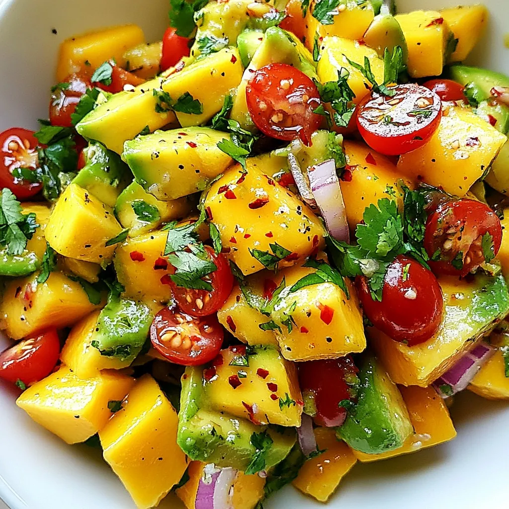 - 1 ripe mango, diced - 2 avocados, diced - 1 cup cherry tomatoes, halved - 1 small red onion, finely chopped - 1 red chili, deseeded and minced - 2 tablespoons lime juice - 1 tablespoon extra virgin olive oil - Salt and pepper to taste - Fresh cilantro, for garnish When making Mango Avocado Salad, start with fresh, ripe ingredients. A ripe mango will bring sweetness and flavor. For avocados, choose ones that yield slightly when pressed. Cherry tomatoes add a burst of color and taste. I love using a small red onion for a mild, sweet touch. A red chili adds heat, but feel free to adjust based on your spice level. - Cheese options (feta or queso fresco) - Nuts (almonds or walnuts) - Other herbs (basil or parsley) If you want to get creative, consider adding cheese. Feta or queso fresco can give a creamy texture. Nuts like almonds or walnuts add crunch. Fresh herbs such as basil or parsley can enhance the salad's flavor. {{ingredient_image_1}} To create a tasty Mango Avocado Salad, start with the mango. - Take a ripe mango and slice it. Cut the flesh away from the pit. - Dice the mango into small pieces. This adds sweetness to the salad. Next, move on to the avocados. - Cut the avocados in half and remove the pit. - Scoop the flesh out with a spoon. - Dice the avocado into chunks, just like the mango. Now, let’s chop the cherry tomatoes and red onion. - For the cherry tomatoes, simply cut them in half. - For the red onion, slice it thinly. Then, chop it finely. This gives a nice bite to the salad. Now it’s time to mix all the fresh ingredients. - In a large bowl, combine the diced mango and avocado. - Add the halved cherry tomatoes and finely chopped red onion. - Sprinkle the minced red chili on top for some heat. For the dressing, whisk together lime juice and olive oil in a small bowl. - Pour the dressing over the salad. - Gently toss everything together. Make sure not to mash the avocado. For a beautiful presentation, transfer the salad to a platter or individual bowls. - Garnish with fresh cilantro leaves. This adds color and a nice aroma. - Serve right away to enjoy the freshness! To make your Mango Avocado Salad shine, use ripe ingredients. Ripe mangoes and avocados have the best flavor and creaminess. A good mango should feel slightly soft when you squeeze it gently. For avocados, look for a dark skin tone and a slight give under pressure. Balancing salt and lime juice is key. Start with a pinch of salt and squeeze lime juice over your salad. Taste it, then adjust as needed. This balance enhances the natural flavors. Too much salt can overpower the dish, so go slow. Garnishing with fresh cilantro adds a pop of color and flavor. You can finely chop the leaves or just place whole sprigs on top for a fresh look. This small touch makes your salad more appealing. When serving, think about your options. Individual bowls look neat and are great for parties. A large platter works well for family meals. Just make sure to arrange the salad nicely, so it draws attention. Pro Tips Choose the Right Mango: Look for a mango that gives slightly to pressure and has a sweet aroma at the stem end. This ensures optimal ripeness and flavor. Prevent Avocado Browning: To keep your avocado looking fresh, add a bit more lime juice to the salad. The acidity helps delay oxidation. Customize Heat Level: Adjust the amount of minced red chili according to your spice preference. You can also substitute with jalapeño for a different flavor. Presentation Matters: For an elegant touch, serve the salad in hollowed-out avocado halves or in a clear glass bowl to showcase the vibrant colors. {{image_2}} You can easily make this salad vegan. Just skip the cheese. It stays fresh and tasty without any dairy. For gluten-free options, check all labels. Make sure your ingredients are certified gluten-free. This way, you can enjoy the salad without worry. Want some heat? Add jalapeños! Just chop them finely and mix them in. This gives the salad a spicy kick that makes it exciting. If you prefer sweet, consider adding pineapple or pomegranate seeds. These fruits add a burst of color and sweetness to the dish. After making your salad, store any leftovers in an airtight container. This keeps the salad fresh for about two days. To prevent browning of the avocados, press plastic wrap directly onto the surface of the salad. This cuts out air that causes browning. Another tip is to add a bit more lime juice on top. The acidity helps keep the green color. If you want to enjoy mango and avocado later, you can freeze them. For mango, peel and chop it into cubes. Place the cubes in a single layer on a baking sheet. Freeze them for a few hours, then transfer to a freezer bag. Avocados can also be frozen, but it's best to mash them first. This way, they blend easily into smoothies or dips later. Store the mango and avocado separately. This will keep each ingredient fresh longer. When you're ready to use them, simply thaw what you need. What can I substitute for lime juice? You can use lemon juice instead of lime juice. Lemon has a similar tang. Other options include orange juice or vinegar. Each will change the flavor slightly but will still taste good. How long does the salad last in the fridge? This salad stays fresh for about one day. The avocado can brown quickly. Store it in an airtight container to keep it fresh longer. Can I make this salad ahead of time? Yes, you can prepare the salad ahead of time. Just add the avocado and dressing right before serving. This keeps the salad looking fresh and tasty. This blog post covered all you need for a great mango avocado salad. We discussed essential ingredients, prep steps, and tips for flavor and presentation. You learned how to customize your salad with different add-ons and variations. Remember to store leftovers properly to enjoy them later. With these ideas, you can create a tasty and fresh dish that everyone will love. Enjoy making your next salad!