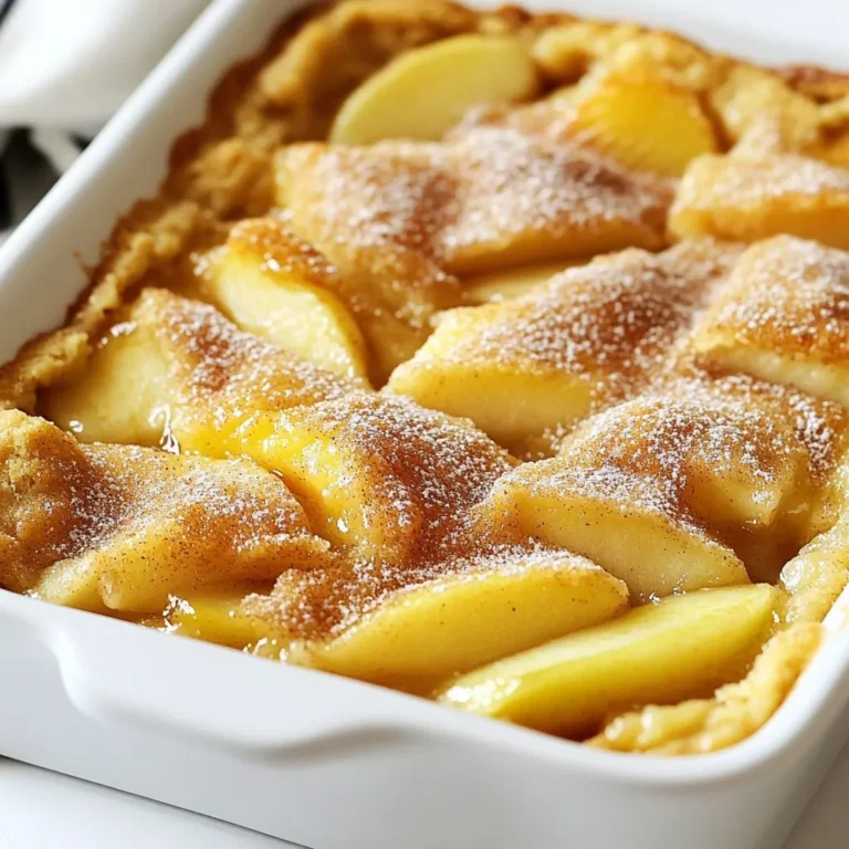 To make Snickerdoodle Apple Cobbler, gather the following items: - 4 medium apples, peeled, cored, and sliced - 1 tablespoon lemon juice - 1 teaspoon ground cinnamon - 1 cup all-purpose flour - 1 cup brown sugar, packed - 1/2 cup granulated sugar - 1/2 cup unsalted butter, softened - 1 teaspoon baking powder - 1/2 teaspoon baking soda - 1/2 teaspoon salt - 1 teaspoon vanilla extract - 1 tablespoon ground cinnamon (for sprinkling) - 1 tablespoon sugar (for sprinkling) Here are some easy swaps if you need them: - Use any firm apples like Granny Smith or Honeycrisp. - Swap lemon juice with lime juice for a different twist. - You can use coconut oil instead of butter. - For gluten-free options, use almond or oat flour. - Brown sugar can be replaced with coconut sugar for a healthier choice. Make sure you have these tools handy: - An 8-inch square baking dish - Mixing bowls for combining ingredients - A whisk or electric mixer for blending - A sharp knife and cutting board for slicing apples - Measuring cups and spoons for accuracy - A toothpick to check the cobbler’s doneness Getting these ingredients and tools ready makes the cooking process smooth and fun! {{ingredient_image_1}} Start by peeling and coring 4 medium apples. Slice them thinly for a great texture. Place the slices in a bowl. Add 1 tablespoon of lemon juice and 1 teaspoon of ground cinnamon. Stir well so every slice gets coated. This step keeps the apples fresh and adds flavor. Once mixed, spread the apples evenly in a greased 8-inch square baking dish. In a clean bowl, combine 1/2 cup of softened unsalted butter, 1 cup of brown sugar, and 1/2 cup of granulated sugar. Cream these together until the mixture is light and fluffy. This should take about 2-3 minutes. Next, add 1 cup of all-purpose flour, 1 teaspoon of baking powder, 1/2 teaspoon of baking soda, 1/2 teaspoon of salt, and 1 teaspoon of vanilla extract. Mix well until you have a thick batter that is smooth and creamy. Once your batter is ready, spoon it over the apple slices. Spread the batter gently and evenly to cover the apples. In a small bowl, mix 1 tablespoon of cinnamon and 1 tablespoon of sugar. Sprinkle this mixture over the top of the batter for a sweet finish. Place the dish in a preheated oven set to 350°F (175°C). Bake for 35-40 minutes until the top turns golden brown and a toothpick comes out clean when inserted into the center. To check if your cobbler is done, look for a golden brown top. Insert a toothpick into the center. If it comes out clean, your cobbler is ready. Let it cool for a few minutes before serving. This step helps the flavors settle and makes it easier to cut. Enjoy the warm, comforting taste of snickerdoodle apple cobbler! To get a great cobbler texture, you want a nice balance. The batter should be thick but not too dry. When you spoon it over the apples, spread it gently. You want the apples to peek through a bit. This helps keep the cobbler moist. Bake it just until the top is golden brown. A toothpick should come out clean when it's done. One common mistake is using too much flour. This can make the batter dense. Always measure flour correctly. Another mistake is not prepping the apples well. Toss them with lemon juice and cinnamon for flavor and to prevent browning. Also, don’t skip the sugar and cinnamon sprinkle on top. It adds a nice sweet crust. Serve your Snickerdoodle Apple Cobbler warm. A scoop of vanilla ice cream on top is a perfect match. You can also drizzle caramel sauce for extra sweetness. If you want a fun twist, try serving it with whipped cream. Fresh mint leaves can add a pop of color and flavor. Enjoy it as a cozy dessert for any occasion! Pro Tips Choose the Right Apples: Use a mix of sweet and tart apples, such as Granny Smith and Honeycrisp, for a more complex flavor profile. Don't Skip the Lemon Juice: The lemon juice not only prevents the apples from browning but also adds a nice brightness to the dish. Let it Cool: Allow the cobbler to cool for a few minutes before serving to let the flavors meld and to avoid burns. Serve with Ice Cream: For an indulgent treat, serve warm snickerdoodle apple cobbler with a scoop of vanilla ice cream on top. {{image_2}} You can make a gluten-free version of this dessert. Simply swap the all-purpose flour for a gluten-free blend. Many blends work well, but one with a good mix of starches and flours is best. This change keeps the texture light and fluffy. The taste remains yummy too! You can boost the flavor by adding nuts or other fruits. Chopped walnuts or pecans give a nice crunch. You can also mix in berries, like blueberries or raspberries, for a tangy twist. Just remember to adjust the sugar if your fruit is very sweet. Spices can add a fun twist to your cobbler. For a warm flavor, try adding nutmeg or ginger. You can also use pumpkin spice for a fall touch. Just a pinch can change the whole taste, making it exciting and unique! To keep your Snickerdoodle Apple Cobbler fresh, let it cool first. Then, cover it tightly with plastic wrap or foil. You can also place it in an airtight container. Store it in the fridge for up to 3 days. This way, the flavors stay nice and bright. When you're ready to enjoy leftovers, preheat your oven to 350°F (175°C). Place the cobbler in an oven-safe dish. Cover it with foil to prevent it from getting too brown. Heat for about 15-20 minutes, or until warm. You can also microwave it on a plate, heating for 30-second intervals until warm. If you want to save some for later, freezing is a great option. Allow the cobbler to cool completely. Cut it into portions and wrap each piece in plastic wrap. Place the wrapped pieces in a freezer bag, squeezing out the air. You can freeze it for up to 3 months. To enjoy, thaw it in the fridge overnight and reheat as needed. Yes, you can use any apple you like. I love using Granny Smith for their tartness. Fuji or Honeycrisp work well too. Each type brings its own flavor. Mixing different apples adds depth to your cobbler. Your cobbler is done when the top is golden brown. A toothpick should come out clean when inserted in the center. If it comes out sticky, bake it a bit longer. The apples should be soft, but not mushy. Yes, you can prepare it a day ahead. Just cover it and store it in the fridge. Bake it fresh when you’re ready to serve. This helps the flavors meld together nicely. This dessert pairs well with vanilla ice cream. Whipped cream or a drizzle of caramel also works great. A scoop of yogurt can add a nice tang too. Try serving it warm for the best taste! This blog offers all you need to make a great Snickerdoodle Apple Cobbler. We covered ingredients, helpful tips, and how to bake it just right. You learned about common mistakes and fun variations too. With these steps, you'll bake a tasty treat every time. Enjoy your dessert, and remember, practice makes perfect! Happy baking!