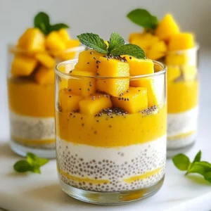 To make mango coconut chia pudding, gather these key items: - 1 cup coconut milk - 1/2 cup almond milk - 1/4 cup chia seeds - 2 tablespoons maple syrup - 1 ripe mango, peeled and diced - 1/2 teaspoon vanilla extract - A pinch of salt These ingredients combine to create a creamy and tasty treat. The coconut milk adds richness, while almond milk keeps it light. Chia seeds are the star, giving the pudding its unique texture. Maple syrup adds the perfect touch of sweetness. You can enhance the flavor with these optional ingredients: - A dash of cinnamon - A splash of lime juice - Other fruit, like pineapple or banana These ingredients bring exciting new tastes. A dash of cinnamon offers warmth, while lime juice adds zing. Extra fruit can bring more color and flavor. For a beautiful finish, consider these garnishes: - Fresh mint leaves - Extra diced mango - A drizzle of coconut milk Adding garnishes makes your pudding look appealing. Mint leaves add a pop of green, while extra mango gives sweetness. A drizzle of coconut milk can make it extra special. {{ingredient_image_1}} In a medium bowl, mix the coconut milk and almond milk. Add the chia seeds, maple syrup, vanilla extract, and a pinch of salt. Stir well to combine everything. This step is key. You want the chia seeds to be evenly distributed in the liquid. Leave no clumps behind. Now, cover the bowl with plastic wrap or a lid. Place it in the refrigerator. Let it sit for at least four hours or overnight. This gives the chia seeds time to soak up the liquid. They will swell and form a pudding-like texture. The longer you leave it, the creamier it gets. Once the chia pudding is ready, take it out of the fridge. Stir it gently to break any clumps. Grab your serving glasses and start layering. Spoon in a layer of chia pudding first. Then, add a layer of diced mango. Repeat these layers until the glass is full. Top with extra mango and a mint leaf for garnish. This makes it look extra special! You can change the sweetness of your mango coconut chia pudding. Start with two tablespoons of maple syrup. After mixing, taste it. If you want it sweeter, add more syrup. Adjust to your liking for a personal touch. You can also use honey or agave syrup instead. To get the right texture, mix the chia seeds well. Stir them into the liquids right after adding. This helps prevent clumps. Let the mixture rest in the fridge for at least four hours. If you want a thicker pudding, let it sit overnight. Stir gently before serving to break up any lumps. How you serve your chia pudding matters. Use clear glasses or jars to show off the layers. Start with a layer of pudding, then add mango, and repeat. Top with more mango and a mint sprig for color. Drizzle a bit of coconut milk on top for a nice finish. This makes your dish look fancy and inviting. Pro Tips Use Ripe Mango: Ensure that the mango is perfectly ripe for the best flavor and sweetness in your pudding. Chill for Best Results: Let the pudding sit overnight for a thicker and creamier texture; the longer it sits, the better it gets! Layering Technique: For a stunning presentation, use clear glasses and layer the pudding and mango carefully to showcase the beautiful colors. Adjust Sweetness: Feel free to adjust the maple syrup according to your taste; you can also substitute it with honey or agave if desired. {{image_2}} You can easily change the milk types in this recipe. Instead of coconut milk, try oat or soy milk. These options give a different taste and texture. Almond milk works well too, adding a nutty flavor. Mix and match to find your favorite combo! Feel free to add extra fruits or nuts for more flavor. Berries, bananas, or even kiwi can brighten up your pudding. You can also sprinkle some nuts like almonds or walnuts on top. They add a nice crunch and boost nutrition. Want to spice things up? Add a pinch of cinnamon or nutmeg for warmth. You can also try different extracts, like almond or coconut. These little changes can make a big difference in taste. Have fun experimenting with your favorite flavors! You can store your mango coconut chia pudding in an airtight container. Glass jars work great for this. Make sure to keep it in the fridge. This helps the pudding stay fresh and tasty. When you want to reuse your chia pudding, just give it a good stir. This breaks up any clumps. If it looks thick, add a splash of milk. This helps get back the creamy texture. You can also layer it with fresh fruit again for a fun twist. Your chia pudding will stay fresh for up to five days in the fridge. To keep it at its best, avoid adding toppings until you're ready to eat. This keeps the fruit from getting soggy. If you notice any off smells or changes in texture, it’s best to throw it out. Enjoy your delicious treat while it’s fresh! Yes, you can use various types of milk. Almond milk, oat milk, or soy milk work well. Each milk adds its own flavor. Experiment to find your favorite. Just keep the same amounts. Chia pudding lasts about five days in the fridge. Store it in an airtight container. This keeps it fresh and tasty. Check for any signs of spoilage before eating. Yes, chia pudding is very healthy. Chia seeds are full of fiber and omega-3 fatty acids. They help with digestion and heart health. Coconut milk adds healthy fats, making this a nutritious treat. Yes, this recipe is already vegan-friendly. Use coconut milk and almond milk as your base. Maple syrup adds sweetness without any animal products. Enjoy this healthy delight without worry. If you want a substitute for maple syrup, try agave syrup or honey. You can also use stevia or coconut sugar. Adjust the amount to taste. Each option gives a unique sweetness. Chia pudding is easy to make and fun to enjoy. You can mix flavors and toppings to suit your taste. Remember, the key steps are preparing the chia mixture, layering with mango, and letting it chill. Don't forget to tweak the sweetness and texture for the best result. Store it properly to keep it fresh, and feel free to explore different variations. With these tips, you can create the perfect chia pudding every time! Dive in and enjoy your delicious creation.