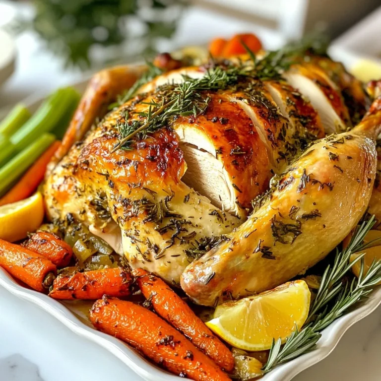 To make Garlic Herb Butter Roasted Turkey, gather these ingredients: - 1 whole turkey (12-14 pounds) - 1 cup unsalted butter, softened - 10 cloves of garlic, minced - 2 tablespoons fresh rosemary, chopped - 2 tablespoons fresh thyme, chopped - 2 tablespoons fresh sage, chopped - 2 tablespoons lemon zest - Salt and pepper to taste - 2 cups low-sodium chicken broth - 1 large onion, quartered - 1 lemon, halved - 2 cups carrots, chopped - 2 cups celery, chopped The herb butter is the star of this recipe. The mix adds rich flavor and moisture. Use these components: - Softened butter is the base. It helps spread the herbs easily. - Garlic provides a strong, savory kick. It pairs well with turkey. - Fresh herbs like rosemary, thyme, and sage add depth. They bring a garden-fresh taste. - Lemon zest brightens the mixture with a citrus touch. It cuts through the richness of the butter. - Salt and pepper enhance the overall flavor. Adjust to your taste. For this recipe, I recommend a whole turkey between 12 to 14 pounds. This size serves about 10 to 12 people, making it perfect for gatherings. When choosing your turkey, look for fresh or frozen options. A natural or organic turkey often has better flavor. Avoid pre-brined turkeys, as they may be too salty. Fresh birds are best if you can find them. {{ingredient_image_1}} Start by preheating your oven to 325°F (165°C). This step warms the oven for even cooking. Next, gather your ingredients. You need a whole turkey, butter, garlic, herbs, salt, pepper, and broth. In a medium bowl, mix the softened butter with minced garlic, chopped rosemary, thyme, sage, lemon zest, salt, and pepper. This mix brings great flavor to your turkey. Now, pat the turkey dry with paper towels. This helps the skin crisp up nicely. Carefully loosen the skin from the turkey breast with your fingers. This allows you to add flavor under the skin. Spread half of your garlic herb butter mixture under the skin. Rub the rest all over the outside of the turkey. Next, stuff the turkey cavity. Add quartered onion, halved lemon, and extra herbs. These flavors will infuse the meat while it cooks. Tie the turkey legs together with kitchen twine. Tuck the wing tips under the bird to avoid burning. Place the turkey on a rack in a roasting pan, breast side up. Surround it with chopped carrots and celery. Pour the chicken broth into the bottom of the pan. This helps keep the turkey moist. Roast the turkey in your preheated oven. Baste it every 30 minutes with the pan juices. This keeps the meat juicy and adds flavor. Cook until the internal temperature reaches 165°F (74°C). This usually takes about 3 to 3.5 hours. Use a meat thermometer for accuracy. Once your turkey is done, take it out of the oven. Let it rest for at least 20 minutes before carving. This waiting time allows the juices to spread throughout the meat. Carving too soon could dry it out. After resting, carve the turkey and place it on a large platter. Garnish with fresh herbs and lemon slices for a beautiful presentation. Serve with the roasted veggies on the side for a complete meal. Enjoy! To make the garlic herb butter, start with softened unsalted butter. This makes it easy to mix. Next, add minced garlic, chopped rosemary, thyme, sage, and lemon zest. Mix until it is smooth and creamy. This butter adds rich flavor and keeps the turkey moist. You can also add salt and pepper for more taste. Make sure to spread some of this mix under the turkey skin. This step is key for juicy meat. Basting is simple but very important. It helps keep the turkey juicy and flavorful. Every 30 minutes, use a baster to spoon the pan juices over the turkey. This adds moisture and flavor. The juices come from the chicken broth and fat that drips from the turkey. If you don’t baste, the skin may dry out. Basting helps create a beautiful, golden-brown skin. Timing is crucial when roasting a turkey. A 12-14 pound turkey takes about 3 to 3.5 hours at 325°F (165°C). Use a meat thermometer to check the internal temperature. It should reach 165°F (74°C) in the thickest part of the breast. If you take it out too early, the turkey will be undercooked. Let the turkey rest for at least 20 minutes after cooking. This helps the juices settle and makes carving easier. Pro Tips Let it Rest: Always allow the turkey to rest for at least 20 minutes after roasting. This helps the juices redistribute, ensuring a moist and flavorful bird. Use a Meat Thermometer: For the best results, use a meat thermometer to check the internal temperature. The turkey is done when it reaches 165°F (74°C) in the thickest part of the breast and thigh. Flavor Booster: For extra flavor, consider brining the turkey overnight in a saltwater solution. This will enhance moisture and flavor throughout the meat. Herb Variations: Feel free to mix and match herbs according to your taste. Fresh herbs like tarragon or parsley can add a unique twist to the garlic herb butter. {{image_2}} You can change the herbs in your butter mix to create new tastes. Try using fresh parsley for a bright flavor. Basil adds a sweet touch, while oregano gives a nice, earthy taste. For a spicier kick, add some crushed red pepper flakes. Each herb adds its own flair, making your turkey unique. Instead of just onion and lemon, you can use apples or oranges for a sweet twist. Chopped nuts like walnuts or pecans add crunch. You can also try wild rice or bread cubes soaked in broth for a hearty filling. Each option brings a different taste and texture to your turkey. Roasting gives the turkey a golden skin and juicy meat. It’s a classic method that works well for larger birds. Grilling, on the other hand, adds a smoky flavor. If you grill, use indirect heat to cook the turkey evenly. Both methods yield tasty results, so choose what you prefer. After enjoying your garlic herb butter roasted turkey, store leftovers right. First, let the turkey cool down. Next, carve the turkey and place the pieces in airtight containers. This keeps the turkey fresh and safe. You can store it in the fridge for up to four days. For best taste, cover the turkey with plastic wrap or foil before sealing your container. When reheating turkey, keep it juicy. Preheat your oven to 325°F (165°C). Place the turkey pieces in a baking dish. Add a splash of chicken broth or water to keep it moist. Cover the dish with foil to trap steam. Heat for about 20 to 30 minutes or until warm. You can also use a microwave for quick reheating. Just cover the turkey, and heat in short bursts. Be careful not to overcook it, or it may dry out. If you have extra turkey, freezing is a great option. First, carve the turkey into smaller pieces. Wrap each piece tightly in plastic wrap. Then place the wrapped pieces in freezer bags. Make sure to remove as much air as possible. This helps prevent freezer burn. You can freeze turkey for up to four months. When ready to eat, thaw it in the fridge overnight before reheating. You can check if your turkey is fully cooked by using a meat thermometer. Insert it into the thickest part of the breast without touching the bone. The turkey is done when it reaches 165°F (74°C). If you don’t have a thermometer, you can cut into the turkey. The juices should run clear, not pink. Yes, you can make the garlic herb butter a day or two in advance. Just mix the softened butter with minced garlic, chopped herbs, and lemon zest. Store it in the fridge in an airtight container. When you’re ready to use it, let it sit at room temperature for a bit to soften. Roasted turkey pairs well with many side dishes. Here are some great options: - Mashed potatoes - Green bean casserole - Cranberry sauce - Stuffing - Roasted Brussels sprouts - Sweet potato casserole These sides offer a mix of flavors and textures to enhance your meal. We covered the key steps to prepare a tasty turkey. You learned about ingredients and how to make a great herb butter mix. I walked you through preparation, roasting, and resting. Plus, you gained tips for perfect juiciness and flavor. Variations let you personalize your dish. Finally, I shared how to store and reheat leftovers. Enjoy cooking your turkey and impress your guests with your skills!