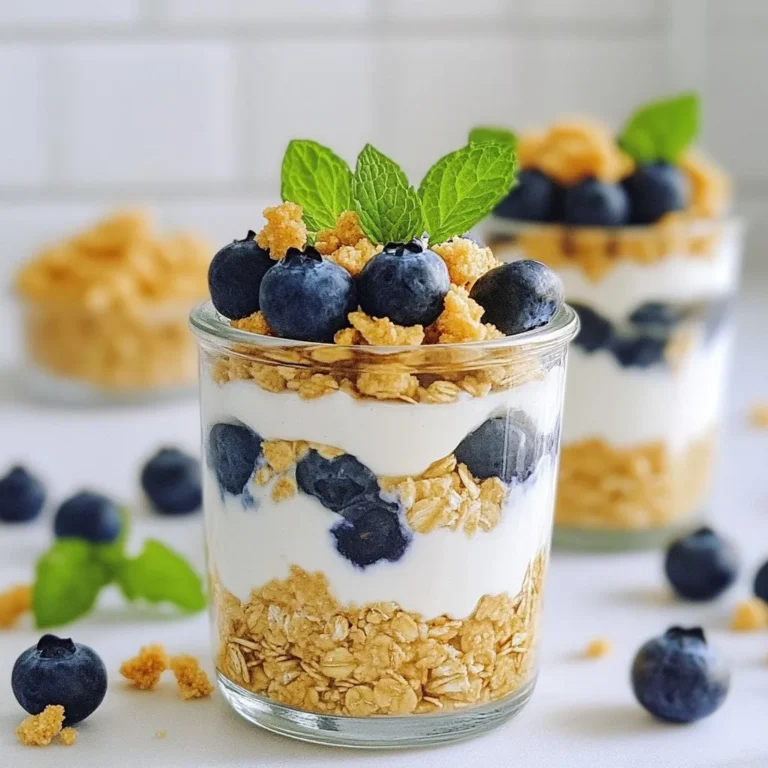 - 1 cup rolled oats - 1 cup milk (dairy or non-dairy) - 1/2 cup Greek yogurt - 1/4 cup cream cheese, softened - 2 tablespoons honey or maple syrup - 1 teaspoon vanilla extract - 1/2 teaspoon cinnamon - 1/2 cup fresh blueberries (plus extra for topping) - 2 tablespoons crushed graham crackers - A pinch of salt You can add different fruits like bananas or strawberries for variety. For extra crunch, try nuts or seeds. If you want a sweeter taste, use more honey or maple syrup. Adjust the spices too! A dash of nutmeg can add warmth, while more cinnamon can enhance the flavor. Greek yogurt is a star in this recipe. It adds creaminess and protein. This makes your oats more filling and nutritious. Fresh blueberries are not just tasty; they are also packed with antioxidants. They support heart health and provide vitamins. Cream cheese gives a rich cheesecake flavor. It balances well with the sweetness from honey or maple syrup. Each ingredient plays a role in making these oats a delicious and healthy breakfast option. {{ingredient_image_1}} First, gather your ingredients. You will need rolled oats, milk, Greek yogurt, cream cheese, honey, vanilla extract, cinnamon, fresh blueberries, crushed graham crackers, and a pinch of salt. Start by taking a large bowl. Combine the rolled oats and milk in this bowl. Stir well to make sure the oats are soaked. Let them sit for a moment while you prepare the next mixture. In a separate bowl, mix the softened cream cheese with Greek yogurt. Add honey, vanilla extract, cinnamon, and a pinch of salt. Use a whisk to blend the mixture until it is smooth and creamy. This step is key for getting that cheesecake flavor. Once smooth, gently fold this cream cheese mixture into the oat mixture. Make sure to combine them well. Then, fold in the fresh blueberries. This ensures they are spread evenly in your oats. Now, it’s time to divide the mixture. Use two jars or containers to portion out the oats. Top each jar with crushed graham crackers and a few extra blueberries. This adds a nice crunch and a pop of color. Seal the jars tightly and place them in the fridge. Let them chill overnight, or for at least four hours. This helps the oats soak up all the flavors. Before serving, give the oats a good stir. If you want it a bit sweeter, add more honey or maple syrup to taste. Enjoy your tasty treat! When making blueberry cheesecake overnight oats, avoid using quick oats. They can become mushy. Stick to rolled oats for the best texture. Also, don’t skip the soaking time. The oats need time to absorb the milk. If you add too many blueberries, the mix may become too runny. Balance is key for that creamy cheesecake feel. To boost flavor, consider adding a splash of lemon juice. It brightens the taste and pairs well with blueberries. You can also switch honey for maple syrup for a different sweetness. Adding a bit more cinnamon can deepen the flavor, making it richer. Try mixing in some vanilla bean for extra depth. These small changes can create a delightful twist on your oats. Serve your overnight oats in clear glass jars. It shows off the pretty layers of blueberries and graham crackers. For a special touch, add a sprig of mint on top. This adds color and freshness. You can also drizzle a bit of honey over the top. This simple step makes your dish look extra appealing. Don't forget to sprinkle a few whole blueberries for charm! Pro Tips Use Overnight Soaking for Best Texture: Allow the oats to soak for at least 4 hours or overnight for a creamier consistency. Customize Your Sweetness: Adjust the sweetness level to your liking by adding more honey or maple syrup before serving. Experiment with Flavors: Try adding a splash of lemon juice or zest for a bright flavor that complements the blueberries. Layer for Visual Appeal: When serving, layer the ingredients in your jars to create a beautiful presentation that highlights the blueberries and graham crackers. {{image_2}} You can change up your Blueberry Cheesecake Overnight Oats with fun toppings. Here are some ideas: - Chopped nuts like almonds or walnuts add crunch. - Slices of banana bring a sweet, creamy note. - A dollop of almond or peanut butter adds richness. - Chia seeds boost nutrients and offer a nice texture. - Shredded coconut gives a tropical twist. Feel free to mix and match these toppings to fit your taste! Want to switch things up? Try different flavor combos. Here are a few to consider: - Chocolate Chip Cheesecake: Add chocolate chips to the oat mix for a rich taste. - Banana Cream: Swap some blueberries for ripe banana slices for a creamy twist. - Strawberry Delight: Use fresh strawberries instead of blueberries for a fruity change. - Peanut Butter Bliss: Mix in a spoonful of peanut butter for a nutty flavor. These combinations keep breakfast exciting! You can make this recipe dairy-free or vegan with a few easy swaps. - Use almond milk or oat milk instead of regular milk. - Replace Greek yogurt with coconut yogurt or almond yogurt. - Choose a vegan cream cheese to keep the cheesecake flavor. - Sweeten with maple syrup instead of honey for a vegan-friendly option. These substitutions maintain the creamy texture while fitting your dietary needs! To keep your blueberry cheesecake overnight oats fresh, store them in airtight jars. I like to use glass jars because they show off the layers. Make sure the lids fit well to prevent spills. Place the jars on a shelf in the fridge, not the door. The door can get warm from opening and closing. Your overnight oats can last up to five days in the fridge. After three days, check the oats for freshness. If they smell off or look strange, it’s best to toss them. If you want to enjoy them longer, consider freezing them. You can freeze blueberry cheesecake overnight oats for up to three months. To freeze, use freezer-safe containers. Leave a little space at the top for expansion. When you’re ready to eat, move a jar to the fridge overnight to thaw. If you want to eat them warm, you can microwave them. Remove the lid and heat for about 30 seconds. Stir and check the temperature. If needed, heat for another 15 seconds. You can add a splash of milk if they seem too thick. Yes, you can use quick oats. They will soak up liquid faster. This change may make your overnight oats creamier. However, the texture will be softer compared to rolled oats. If you prefer a firmer bite, stick with rolled oats. To make vegan Blueberry Cheesecake Overnight Oats, use plant-based milk. Almond, coconut, or oat milk works well. Replace Greek yogurt with a dairy-free yogurt option. For cream cheese, opt for a vegan cream cheese. Lastly, ensure the sweetener is vegan, like maple syrup. Serve these oats in clear jars for a pretty look. Layer the oats with blueberries and sprinkle crushed graham crackers on top. You can also add a sprig of mint for color. Give the oats a stir before eating to mix the flavors. This blog post covered all you need to make Blueberry Cheesecake Overnight Oats. You learned the main ingredients and some great options to add your touch. I shared tips to avoid common mistakes and how to make them look nice for serving. You also found variations to try, including vegan options. In conclusion, these oats are easy, tasty, and versatile. Enjoy them any time of day!