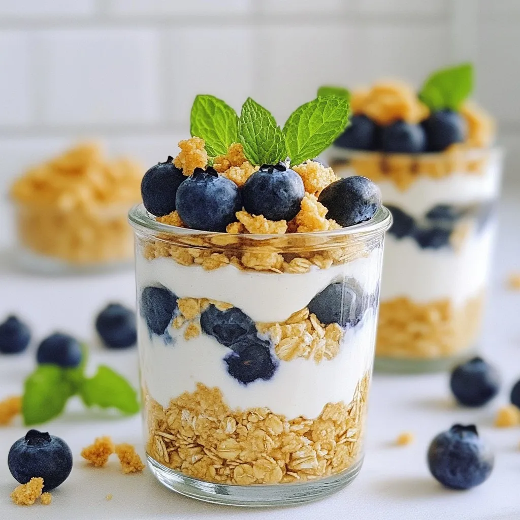 - 1 cup rolled oats - 1 cup milk (dairy or non-dairy) - 1/2 cup Greek yogurt - 1/4 cup cream cheese, softened - 2 tablespoons honey or maple syrup - 1 teaspoon vanilla extract - 1/2 teaspoon cinnamon - 1/2 cup fresh blueberries (plus extra for topping) - 2 tablespoons crushed graham crackers - A pinch of salt You can add different fruits like bananas or strawberries for variety. For extra crunch, try nuts or seeds. If you want a sweeter taste, use more honey or maple syrup. Adjust the spices too! A dash of nutmeg can add warmth, while more cinnamon can enhance the flavor. Greek yogurt is a star in this recipe. It adds creaminess and protein. This makes your oats more filling and nutritious. Fresh blueberries are not just tasty; they are also packed with antioxidants. They support heart health and provide vitamins. Cream cheese gives a rich cheesecake flavor. It balances well with the sweetness from honey or maple syrup. Each ingredient plays a role in making these oats a delicious and healthy breakfast option. {{ingredient_image_1}} First, gather your ingredients. You will need rolled oats, milk, Greek yogurt, cream cheese, honey, vanilla extract, cinnamon, fresh blueberries, crushed graham crackers, and a pinch of salt. Start by taking a large bowl. Combine the rolled oats and milk in this bowl. Stir well to make sure the oats are soaked. Let them sit for a moment while you prepare the next mixture. In a separate bowl, mix the softened cream cheese with Greek yogurt. Add honey, vanilla extract, cinnamon, and a pinch of salt. Use a whisk to blend the mixture until it is smooth and creamy. This step is key for getting that cheesecake flavor. Once smooth, gently fold this cream cheese mixture into the oat mixture. Make sure to combine them well. Then, fold in the fresh blueberries. This ensures they are spread evenly in your oats. Now, it’s time to divide the mixture. Use two jars or containers to portion out the oats. Top each jar with crushed graham crackers and a few extra blueberries. This adds a nice crunch and a pop of color. Seal the jars tightly and place them in the fridge. Let them chill overnight, or for at least four hours. This helps the oats soak up all the flavors. Before serving, give the oats a good stir. If you want it a bit sweeter, add more honey or maple syrup to taste. Enjoy your tasty treat! When making blueberry cheesecake overnight oats, avoid using quick oats. They can become mushy. Stick to rolled oats for the best texture. Also, don’t skip the soaking time. The oats need time to absorb the milk. If you add too many blueberries, the mix may become too runny. Balance is key for that creamy cheesecake feel. To boost flavor, consider adding a splash of lemon juice. It brightens the taste and pairs well with blueberries. You can also switch honey for maple syrup for a different sweetness. Adding a bit more cinnamon can deepen the flavor, making it richer. Try mixing in some vanilla bean for extra depth. These small changes can create a delightful twist on your oats. Serve your overnight oats in clear glass jars. It shows off the pretty layers of blueberries and graham crackers. For a special touch, add a sprig of mint on top. This adds color and freshness. You can also drizzle a bit of honey over the top. This simple step makes your dish look extra appealing. Don't forget to sprinkle a few whole blueberries for charm! Pro Tips Use Overnight Soaking for Best Texture: Allow the oats to soak for at least 4 hours or overnight for a creamier consistency. Customize Your Sweetness: Adjust the sweetness level to your liking by adding more honey or maple syrup before serving. Experiment with Flavors: Try adding a splash of lemon juice or zest for a bright flavor that complements the blueberries. Layer for Visual Appeal: When serving, layer the ingredients in your jars to create a beautiful presentation that highlights the blueberries and graham crackers. {{image_2}} You can change up your Blueberry Cheesecake Overnight Oats with fun toppings. Here are some ideas: - Chopped nuts like almonds or walnuts add crunch. - Slices of banana bring a sweet, creamy note. - A dollop of almond or peanut butter adds richness. - Chia seeds boost nutrients and offer a nice texture. - Shredded coconut gives a tropical twist. Feel free to mix and match these toppings to fit your taste! Want to switch things up? Try different flavor combos. Here are a few to consider: - Chocolate Chip Cheesecake: Add chocolate chips to the oat mix for a rich taste. - Banana Cream: Swap some blueberries for ripe banana slices for a creamy twist. - Strawberry Delight: Use fresh strawberries instead of blueberries for a fruity change. - Peanut Butter Bliss: Mix in a spoonful of peanut butter for a nutty flavor. These combinations keep breakfast exciting! You can make this recipe dairy-free or vegan with a few easy swaps. - Use almond milk or oat milk instead of regular milk. - Replace Greek yogurt with coconut yogurt or almond yogurt. - Choose a vegan cream cheese to keep the cheesecake flavor. - Sweeten with maple syrup instead of honey for a vegan-friendly option. These substitutions maintain the creamy texture while fitting your dietary needs! To keep your blueberry cheesecake overnight oats fresh, store them in airtight jars. I like to use glass jars because they show off the layers. Make sure the lids fit well to prevent spills. Place the jars on a shelf in the fridge, not the door. The door can get warm from opening and closing. Your overnight oats can last up to five days in the fridge. After three days, check the oats for freshness. If they smell off or look strange, it’s best to toss them. If you want to enjoy them longer, consider freezing them. You can freeze blueberry cheesecake overnight oats for up to three months. To freeze, use freezer-safe containers. Leave a little space at the top for expansion. When you’re ready to eat, move a jar to the fridge overnight to thaw. If you want to eat them warm, you can microwave them. Remove the lid and heat for about 30 seconds. Stir and check the temperature. If needed, heat for another 15 seconds. You can add a splash of milk if they seem too thick. Yes, you can use quick oats. They will soak up liquid faster. This change may make your overnight oats creamier. However, the texture will be softer compared to rolled oats. If you prefer a firmer bite, stick with rolled oats. To make vegan Blueberry Cheesecake Overnight Oats, use plant-based milk. Almond, coconut, or oat milk works well. Replace Greek yogurt with a dairy-free yogurt option. For cream cheese, opt for a vegan cream cheese. Lastly, ensure the sweetener is vegan, like maple syrup. Serve these oats in clear jars for a pretty look. Layer the oats with blueberries and sprinkle crushed graham crackers on top. You can also add a sprig of mint for color. Give the oats a stir before eating to mix the flavors. This blog post covered all you need to make Blueberry Cheesecake Overnight Oats. You learned the main ingredients and some great options to add your touch. I shared tips to avoid common mistakes and how to make them look nice for serving. You also found variations to try, including vegan options. In conclusion, these oats are easy, tasty, and versatile. Enjoy them any time of day!
