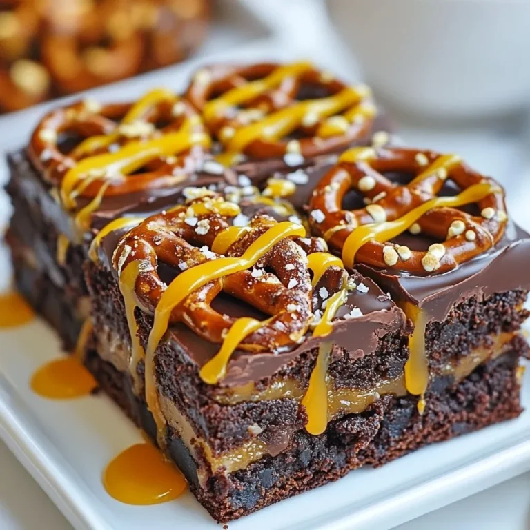 - 1 cup unsalted butter, melted - 2 cups granulated sugar - 4 large eggs - 1 teaspoon pure vanilla extract - 1 cup all-purpose flour - 1 cup unsweetened cocoa powder - 1/2 teaspoon salt - 1 cup chocolate chips (semi-sweet or dark) - 1 cup pretzel sticks, chopped (plus extra for topping) - 1 cup store-bought salted caramel sauce (or homemade) - Sea salt flakes for garnish These ingredients create a perfect balance of sweet and salty. The butter adds rich flavor. Sugar gives the brownies the sweet touch we love. Eggs bind everything together for a soft texture. If you want to make this recipe dairy-free, you can swap the butter with coconut oil. For a gluten-free option, use a gluten-free flour blend instead of all-purpose flour. These swaps let you enjoy the brownies while meeting dietary needs. - Extra pretzel pieces for crunch - Drizzle of chocolate or caramel sauce - Ice cream for serving Adding toppings can boost the flavor of your brownies. Extra pretzel pieces on top add crunch and texture. A drizzle of chocolate sauce makes it look fancy. Serve these brownies with a scoop of vanilla ice cream for a delicious treat. {{ingredient_image_1}} Start by preheating your oven to 350°F (175°C). A proper temperature ensures your brownies bake evenly. Greasing the pan is one option, but I prefer using parchment paper. It helps remove the brownies easily and keeps the bottom from sticking. In a large bowl, mix melted butter and granulated sugar until smooth. Then, add the eggs one by one. Mix well after each egg. This helps create a rich texture. Next, stir in vanilla extract for flavor. In another bowl, whisk together the flour, cocoa powder, and salt. Gradually add this mix to the wet ingredients. Stir until just mixed. Overmixing can lead to dry brownies, which we want to avoid! Finally, gently fold in chocolate chips and chopped pretzels. These add sweetness and crunch to each bite. Pour half of the brownie batter into your prepared pan. Spread it evenly across the bottom. Next, drizzle half of the salted caramel sauce over the batter. This creates a sweet layer. Now, add the remaining brownie batter on top. Smooth it out carefully. Drizzle the rest of the caramel sauce on top and sprinkle with extra chopped pretzels. This adds a nice touch! Before baking, sprinkle sea salt flakes over the caramel layer. This enhances the flavor. Bake the brownies for 25 to 30 minutes. Check for doneness by inserting a toothpick. It should come out with a few moist crumbs, not wet batter. To get that perfect fudgy texture, follow these key techniques: - Use melted butter: It adds moisture and richness. - Don’t overmix: Mix just until combined. Overmixing can make brownies tough. - Add chocolate chips: They melt and make the brownies extra gooey. Common mistakes to avoid include: - Wrong oven temperature: Always preheat your oven to 350°F. - Not checking for doneness: Use a toothpick; it should come out with a few moist crumbs. You have two great choices for caramel. Store-bought is quick and easy. Homemade gives you control over flavor. Pros of store-bought: - Saves time. - Consistent taste. Cons of store-bought: - Can contain additives. - May not match your flavor. Pros of homemade: - You can customize it. - No preservatives. Cons of homemade: - Takes more effort. - Requires practice to perfect. If you want to make your own caramel, here’s a quick recipe: 1. Ingredients: - 1 cup sugar - 1/4 cup water - 1/2 cup heavy cream - 2 tablespoons butter 2. Steps: - In a pot, combine sugar and water. - Cook over medium heat until sugar dissolves. - Increase heat until it turns golden. - Remove from heat and stir in cream and butter. Serve your brownies warm for the best taste. Cut them into squares for easy serving. - Garnish: Drizzle more caramel on top and sprinkle with sea salt. - Pairing ideas: Enjoy with vanilla ice cream or a dollop of whipped cream. - Beverage pairing: These brownies go well with coffee or a glass of milk. These tips will help you create and enjoy Salted Caramel Pretzel Brownies like a pro! Pro Tips Use Quality Chocolate: Opt for high-quality semi-sweet or dark chocolate chips for richer flavor. Chill Before Cutting: For cleaner cuts, chill the brownies in the refrigerator for about an hour before slicing. Homemade Caramel Option: If you have time, make your own salted caramel for an extra special touch. Don’t Overbake: Keep an eye on the baking time; remove the brownies when a toothpick comes out with a few moist crumbs. {{image_2}} You can easily switch up the flavors in these brownies. Try adding nuts like walnuts or pecans. They add crunch and taste. You can also use different types of chocolate chips. Dark chocolate gives a rich flavor, while milk chocolate adds sweetness. For seasonal twists, think about adding pumpkin spice in fall or crushed peppermint in winter. You can even mix in dried fruits like cherries or cranberries for a fun twist. Each change will make your brownies unique and special. You can adapt this recipe for gluten-free needs. Simply swap out all-purpose flour for gluten-free flour. Make sure it has a good binding agent, like xanthan gum, to keep the texture right. For a vegan version, replace the eggs with flax eggs. Mix one tablespoon of ground flaxseed with three tablespoons of water for each egg. Use a vegan butter or coconut oil in place of regular butter. For the caramel, choose a vegan brand or make your own with coconut cream and sugar. These changes keep the flavor while meeting dietary needs. To keep your salted caramel pretzel brownies fresh, store them in an airtight container. This will help avoid drying out. You can layer parchment paper between the brownies to prevent sticking. Keep the container in a cool, dry place, away from direct sunlight. For best taste, enjoy them within a week. If you want to save some brownies for later, freezing works great! First, let the brownies cool completely. Then, cut them into squares. Wrap each square tightly in plastic wrap. Place them in a freezer-safe bag or container. Make sure to remove as much air as possible. You can freeze the brownies for up to three months. When you’re ready to enjoy them, take the brownies out of the freezer. Let them sit at room temperature for about an hour. For a quicker thaw, you can microwave them for a few seconds. This keeps the texture nice and fudgy. Yes, you can choose other types of caramel. You might try homemade caramel if you want a richer flavor. Just melt sugar until it turns golden, then add cream and butter. You can also use butterscotch sauce for a different taste. Keep in mind that it may change the flavor slightly. To check if your brownies are done, look for a few key signs. The edges should pull away from the pan. When you insert a toothpick, it should come out with some moist crumbs, not wet batter. You can also gently press the top; it should spring back. If it sinks, they need more time. Yes, you can use other types of chocolate. Dark chocolate gives a nice rich flavor. Milk chocolate works well too if you prefer it sweeter. You can even mix different kinds for a unique taste. Just make sure to adjust the amount of sugar if needed. In this post, you learned about making delicious brownies. We covered key ingredients and helpful substitutions. You can enhance flavor with toppings and garnishes. I shared tips for baking the perfect fudgy texture. We explored variations for dietary needs and how to store brownies. Remember, experimenting with flavors can lead to your best creation. Enjoy your baking journey and share your tasty brownies with others!
