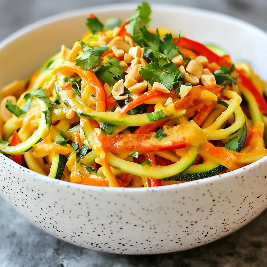 - Zucchini and Vegetables - 4 medium zucchinis, spiralized into zoodles - 1 cup red bell pepper, thinly sliced - 1 cup shredded carrots - 2 green onions, chopped - 1/4 cup fresh cilantro, chopped - Peanut Sauce Components - 1/2 cup peanut butter (smooth) - 2 tablespoons soy sauce (or tamari for gluten-free) - 1 tablespoon lime juice - 1 tablespoon sriracha (adjust to taste) - 1 teaspoon grated ginger - 1 tablespoon sesame oil - Garnishes - 1/4 cup unsalted peanuts, chopped (for garnish) - Salt and pepper to taste To make Spicy Thai Peanut Zoodles, you need fresh and simple ingredients. The zoodles start with zucchini, which are healthy and fun to eat. The red bell pepper and carrots add color and crunch. Green onions and cilantro bring freshness to the dish. For the peanut sauce, smooth peanut butter is key. It creates a creamy base. Soy sauce or tamari adds saltiness and depth. Lime juice gives a nice zing. Sriracha adds heat, but you can adjust it for your taste. Grated ginger brings warmth, while sesame oil adds a nutty flavor. Finally, chopped peanuts serve as a great garnish. They add a satisfying crunch. Don’t forget salt and pepper to enhance the flavors. With these ingredients, you are ready to whip up a delicious meal in no time! {{ingredient_image_1}} Start by spiralizing the zucchinis. A spiralizer makes this easy. You want long, thin strands. Once spiralized, place the zoodles in a bowl. Sprinkle them with a little salt. This helps draw out moisture. Let them sit while you prepare the sauce and veggies. In a clean bowl, add the smooth peanut butter. Next, pour in the soy sauce. Squeeze in the lime juice and add sriracha. Grate some ginger into the mix. Finally, drizzle in the sesame oil. Stir everything together until it’s smooth. If the sauce feels thick, add a tablespoon of water. This will help it mix better. Heat a large skillet over medium heat. Add the sliced red bell pepper and shredded carrots. Sauté these for about 2-3 minutes. You want them to soften just a bit. They should still be bright and colorful. Add your zoodles to the skillet. Gently toss them with the sautéed veggies. Cook them together for another 3-4 minutes. This warms the zoodles but keeps them crunchy. You want them to have a nice bite. Take the skillet off the heat. Pour the peanut sauce over the zoodles and veggies. Toss everything well to coat. Taste the dish and add salt and pepper if needed. Serve the zoodles in bowls. Top with chopped green onions, fresh cilantro, and chopped peanuts. Enjoy your colorful, spicy meal! To make zoodles, use a spiralizer. Cut each zucchini in half. Attach one half to the spiralizer. Turn the handle to create long, noodle-like strands. Set the zoodles aside and sprinkle them with salt. This helps remove excess moisture, keeping them firm. If you love heat, add more sriracha. Start with one tablespoon. Taste the sauce, then add more if needed. If you prefer mild flavors, use less sriracha. You can also balance the spice with more peanut butter or lime juice to enhance flavor without adding heat. Do not overcook the zoodles. Cook them for just 3-4 minutes. This helps maintain their crunch. Always toss the zoodles gently with the sauce off the heat. This way, they stay crisp while soaking up the flavors. Enjoy your fresh, crunchy zoodles! Pro Tips Use Fresh Zucchini: Choose firm, fresh zucchinis for the best texture and flavor. Older zucchinis can be watery and less flavorful. Customize Your Sauce: Feel free to experiment with the peanut sauce by adding ingredients like garlic, sesame seeds, or even coconut milk for a creamier texture. Don’t Overcook Zoodles: Zoodles should be cooked just until heated through to maintain their crunch. Overcooking can lead to a mushy texture. Garnish for Flavor: Enhance the dish with additional toppings like crushed red pepper flakes, lime wedges, or a sprinkle of sesame seeds for added flavor and texture. {{image_2}} If you want a gluten-free dish, use tamari instead of soy sauce. Tamari has a similar taste but no gluten. Also, check the peanut butter label. Some brands add gluten. Using fresh ingredients helps keep the dish tasty and safe. This dish is almost vegan! Just make sure your peanut butter and tamari are vegan-friendly. Replace the honey with agave syrup if you want to sweeten the sauce. You can also add tofu for extra protein. Tofu packs a punch of flavor and keeps it plant-based. Want to make it heartier? Add cooked chicken, shrimp, or tofu to the zoodles. Cook the protein separately, then mix it in. Chicken and shrimp work well with the peanut sauce, making it rich and filling. Tofu works great for a vegan option. Just sauté it until golden! To keep your Spicy Thai Peanut Zoodles fresh, place them in an airtight container. Store them in the fridge for up to three days. Make sure the zoodles are cool before sealing the container. This helps keep them crisp and tasty. When you're ready to enjoy your leftovers, reheat them gently. You can use a skillet over low heat. Add a splash of water to keep them moist. Stir often until they are warm. Avoid using the microwave, as it can make the zoodles soggy. Freezing zoodles can change their texture. If you want to freeze them, it’s best to freeze the peanut sauce separately. Place the sauce in a freezer-safe bag. Store it for up to three months. When you're ready to eat, thaw the sauce in the fridge overnight. Cook fresh zoodles to serve with the sauce. This keeps your dish fresh and delicious. Zoodles are noodles made from zucchini. You create them by spiralizing zucchini. This gives a fun twist to dishes. Zoodles are low in carbs and calories. They are perfect for a healthy meal. You can use them like regular pasta in recipes. Yes, you can mix in other vegetables. Broccoli, bell peppers, and snap peas work well. You can also try carrots or spinach. Feel free to get creative with your veggies. This dish is all about your taste! If your sauce is too thick, just add water. Start with one tablespoon. Mix well and see if it thins. You can keep adding water until it’s just right. This way, you can adjust the sauce to your liking. You can prep the zoodles and sauce ahead of time. Store them separately in the fridge. When you are ready, just cook the veggies and mix everything together. This makes it easy for busy days! This blog shared how to make tasty zoodles with peanut sauce. You learned about key ingredients like zucchini, various veggies, and garnishes. I explained how to spiralize zucchini and prepare a creamy peanut sauce. Tips helped you keep the zoodles crunchy and adjust spice levels. You explored gluten-free and vegan options too. In the end, try this dish your way. Enjoy cooking and savor each bite!