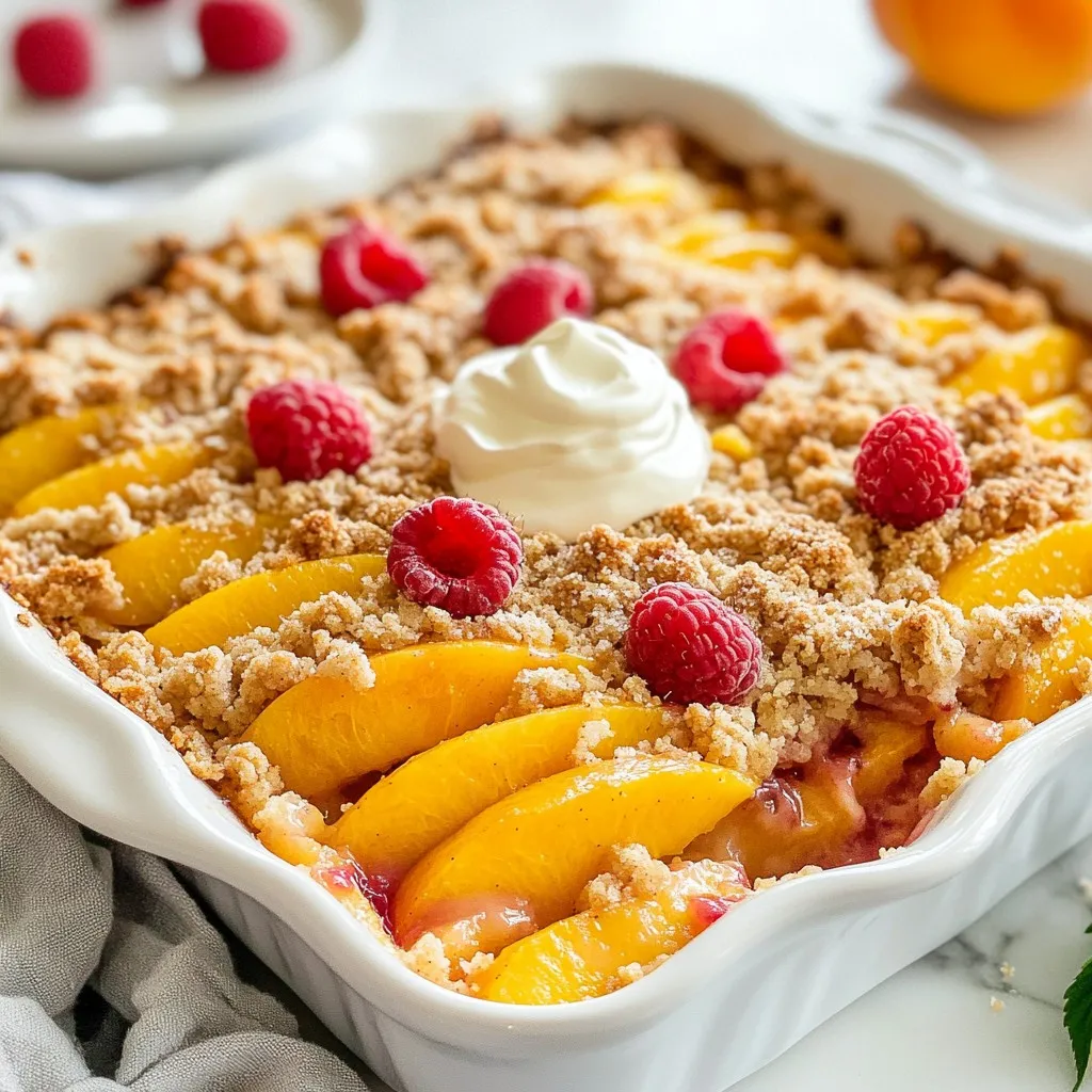 For this tasty Peach Raspberry Crumble, gather these simple ingredients: - 4 fresh peaches, peeled and sliced - 1 cup fresh raspberries - 1/2 cup granulated sugar - 1 tablespoon lemon juice - 1 teaspoon vanilla extract - 1 cup all-purpose flour - 1/2 cup rolled oats - 1/2 cup brown sugar - 1/2 teaspoon ground cinnamon - 1/4 teaspoon salt - 1/2 cup unsalted butter, melted When measuring ingredients, use dry measuring cups for flour and oats. For sugar, scoop and level off. Use a liquid measuring cup for lemon juice and vanilla extract. This helps keep your recipe right. If you don’t have a scale, remember: 1 cup of flour weighs about 120 grams. You can swap some ingredients if needed. If you can’t find fresh peaches, use canned peaches. Just drain them well. For a berry mix, swap out raspberries for blueberries or blackberries. If you need a gluten-free option, you can use almond flour instead of all-purpose flour. For dairy-free, try coconut oil instead of butter. {{ingredient_image_1}} To start, gather all your ingredients. You need four fresh peaches, one cup of raspberries, and some sugar. Peel and slice the peaches into thin wedges. Toss the peaches and raspberries in a large bowl. Next, add half a cup of granulated sugar, one tablespoon of lemon juice, and one teaspoon of vanilla extract. Gently mix these ingredients together. This makes a lovely fruity base! Now, you need to prepare the crumble topping. In another bowl, combine one cup of all-purpose flour, half a cup of rolled oats, half a cup of brown sugar, half a teaspoon of ground cinnamon, and a quarter teaspoon of salt. Mix these dry ingredients well. Pour in half a cup of melted unsalted butter. Stir until the mixture looks crumbly. Preheat your oven to 350°F (175°C). While it warms, lightly grease a 9-inch baking dish. Spoon the fruit mixture into the dish, spreading it evenly. Next, sprinkle the crumble topping over the fruit. Make sure to cover it all. Place the dish in the oven and bake for 30 to 35 minutes. Keep an eye on it. You want the crumble to turn golden brown and the fruit to bubble. The smell will make your mouth water! When the baking time is done, carefully remove the dish from the oven. Let it cool for a few minutes. This makes it easier to serve. For a special touch, serve the crumble warm. Top it with a scoop of vanilla ice cream or a dollop of whipped cream. Garnish with a few whole raspberries for color. Enjoy your delicious Peach Raspberry Crumble! To get that perfect crumble, focus on the butter. Use cold, unsalted butter. Cut it into small pieces before mixing. This keeps the crumble light and airy. Mix it with your dry ingredients until it looks like small pebbles. Don't overmix, or it may turn into dough. You want a nice, crumbly texture that bakes to a crisp. One common mistake is using overly ripe fruit. This can make the filling runny. You want fruit that is ripe but firm. Another mistake is not greasing the baking dish. A greased dish helps the crumble come out easily. Lastly, don’t skip the cooling time. Letting it cool helps the filling set. You can add a twist to your crumble easily. Try adding nuts like pecans or almonds for crunch. Spices like nutmeg or ginger can add warmth. If you like coconut, shredded coconut works well too. For extra sweetness, mix in a handful of chocolate chips or dried fruit. These add-ins can make your crumble unique and delicious! Pro Tips Choose Ripe Peaches: Select peaches that are slightly soft to the touch and have a sweet aroma for the best flavor in your crumble. Use Fresh Raspberries: Fresh raspberries add a burst of flavor and vibrant color. If using frozen, do not thaw to prevent excess moisture. Adjust Sweetness: Taste the fruit mixture before baking and adjust the sugar based on the sweetness of the peaches and raspberries. Let it Rest: Allow the crumble to cool for a few minutes after baking to set the juices, making it easier to serve. {{image_2}} You can change fruits based on the season. Instead of peaches and raspberries, try these: - Apples and cranberries in fall - Cherries and plums in summer - Blueberries and strawberries in spring Each fruit brings its own taste. Apples add crispness, while cherries bring a sweet burst. Have fun mixing and matching! You can easily make this dish gluten-free. Just swap all-purpose flour for gluten-free flour. Look for blends that work in baking. Also, check the oats. Make sure they are certified gluten-free. This way, everyone can enjoy the crumble! Want to get creative? Add new flavors to your crumble. Consider these ideas: - Almond extract instead of vanilla for a nutty twist - Fresh mint leaves for a cool taste - A dash of ginger for warmth These combinations add layers of flavor. They make your peach raspberry crumble even more special! Have fun experimenting! To store leftovers, let the crumble cool first. Cover it with plastic wrap or foil. You can also place it in an airtight container. Keep it in the fridge for up to four days. This helps keep the flavors fresh. When it's time to enjoy leftovers, preheat your oven to 350°F (175°C). Place the crumble in a baking dish. Heat for about 15-20 minutes. You can also use a microwave. Heat it for 30 seconds to 1 minute. Just check that it is warm all the way through. You can freeze Peach Raspberry Crumble for later too! First, let it cool completely. Then cover it tightly with plastic wrap. You can also use a freezer-safe container. It will stay good for up to three months. When you want some, thaw it in the fridge overnight. Bake it at 350°F (175°C) for about 25-30 minutes to warm it up. Enjoy your lovely treat again! Yes, you can use frozen fruit. Just remember to thaw and drain excess juice. Frozen peaches and raspberries work well. They may need a little longer to bake. Adjust the baking time based on the moisture. This way, you still get a tasty crumble. To make the topping less sweet, reduce the brown sugar. You can cut it by half. Adding more oats can help too. Oats add texture without extra sweetness. You could also try using a sugar substitute. This way, you keep the flavor but lower the sugar. I love to serve the crumble warm. A scoop of vanilla ice cream is perfect. You can also add a dollop of whipped cream. Fresh mint leaves on top add a nice touch. For a fun twist, try serving it with yogurt. Enjoy this dessert with your favorite toppings! In this blog post, we covered the essential ingredients and precise measuring tips for your Peach Raspberry Crumble. I shared step-by-step instructions for preparation, baking, cooling, and serving. We explored tips for the perfect crumble texture and common mistakes to avoid. You learned about delicious variations, storage methods, and answers to frequently asked questions. Remember, with practice, you can master this recipe. Enjoy creating a tasty dish that everyone will love!