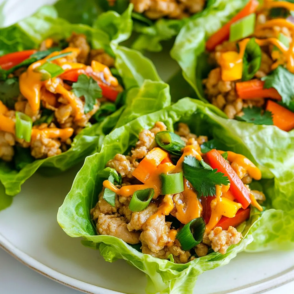 - 1 lb (450g) ground chicken - 1 tablespoon olive oil - 1 red bell pepper, finely chopped - 1 carrot, grated - 3 green onions, sliced - 1/4 cup sweet chili sauce - 2 tablespoons soy sauce (low sodium) - 1 tablespoon freshly grated ginger - 1 tablespoon lime juice - 1 tablespoon sesame oil - Salt and pepper to taste - 1 head of butter lettuce or iceberg lettuce, leaves separated - Chopped cilantro for garnish (optional) For this dish, I love using fresh and vibrant ingredients. Ground chicken is the star; it cooks quickly and absorbs flavors well. Olive oil helps to sauté the meat and keeps it moist. I use a red bell pepper for color and sweetness. Carrots add crunch and a hint of earthiness. Green onions give a mild sharpness. Sweet chili sauce adds the perfect balance of heat and sweetness. Low-sodium soy sauce enhances flavor without too much salt. Fresh ginger brightens the dish. Lime juice adds a zesty kick. Sesame oil lends a nutty aroma, while salt and pepper bring everything together. For the cups, I prefer butter lettuce or iceberg lettuce. They hold the filling well and provide a crisp bite. If you want, garnish with chopped cilantro for a fresh finish. Each ingredient plays a role in creating a dish that's colorful, tasty, and satisfying. {{ingredient_image_1}} - Heating the olive oil Start by heating one tablespoon of olive oil in a large skillet over medium heat. This oil helps cook the chicken and adds flavor. - Cooking ground chicken Add one pound of ground chicken to the skillet. Cook for about 5 to 7 minutes. Stir often until the chicken is fully cooked and browned. Make sure there are no pink bits left. - Adding vegetables Next, add one finely chopped red bell pepper, one grated carrot, and the white parts of three sliced green onions. Sauté these for 3 to 4 minutes until the veggies are tender. This step adds crunch and color to your dish. - Combining sauces and seasonings Pour in 1/4 cup of sweet chili sauce, 2 tablespoons of low-sodium soy sauce, one tablespoon of freshly grated ginger, one tablespoon of lime juice, and one tablespoon of sesame oil. Stir well to combine. Cook for another 2 to 3 minutes until everything is heated through. Season with salt and pepper to taste. - Final assembly of lettuce cups Remove the skillet from heat and let the mixture cool slightly. Take a lettuce leaf, spoon a generous portion of the chicken mixture into the center, and enjoy! You can top it with the remaining green onion slices and chopped cilantro for a fresh touch. How to prevent chicken from drying out To keep your chicken juicy, use medium heat. Cook the chicken for about 5-7 minutes. Stir it often so it cooks evenly. Adding sweet chili sauce also helps keep the chicken moist. Adjusting spice levels If you want more heat, add chili flakes or sriracha. Start with a small amount. Taste as you go, so you don’t overpower the dish. If you prefer it mild, reduce the sweet chili sauce. Selecting the best lettuce For crispy cups, use butter or iceberg lettuce. Both provide a nice crunch. Make sure to wash the leaves and dry them well. Fresh leaves hold the filling better. How to neatly serve lettuce cups Spoon the chicken mix into the center of each leaf. Don’t overfill; it makes them messy. Arrange them on a platter for a nice display. This makes it easy for guests to grab their own. Creative plating suggestions You can add color and flair! Use a sprinkle of chopped cilantro on top. Place lime wedges around the cups for a pop of color. It makes the dish look vibrant and inviting. Pro Tips Use Fresh Ingredients: Always opt for fresh vegetables and herbs to enhance the flavor of your dish. Customize the Heat: Adjust the amount of sweet chili sauce according to your spice preference. Prep Ahead: You can prepare the chicken mixture ahead of time and store it in the fridge for quick assembly later. Experiment with Wraps: Try using different types of lettuce or even cabbage leaves for a unique texture. {{image_2}} You can switch up proteins in Sweet Chili Chicken Lettuce Cups. Ground turkey works well. For a plant-based option, try tofu. It soaks up flavors nicely. If you need gluten-free options, use tamari instead of soy sauce. You can also use coconut aminos. For vegan adaptations, substitute ground chicken with tempeh or mushrooms. These options still taste great. Want to add some heat? Sprinkle chili flakes or a dash of sriracha into the chicken mix. This will give your cups a nice kick. You can also change the veggies. Try adding diced cucumber, shredded cabbage, or bell pepper. Each adds a new crunch and flavor. Feel free to get creative with your choices. To store your Sweet Chili Chicken Lettuce Cups, place the chicken mixture in an airtight container. This keeps it fresh and safe. Let it cool before sealing to avoid condensation. You can store it in the fridge for up to three days. If you have leftover lettuce, wrap it in a damp paper towel and place it in a sealed bag. This helps keep the leaves crisp and fresh for a day or two. When it's time to eat your leftovers, reheat the chicken mixture in a skillet over low heat. Stir occasionally to ensure even heating. This method keeps the chicken moist and tasty. You can also use a microwave, but heat it in short bursts to avoid drying it out. For the lettuce, serve it fresh. If it feels wilted, run it under cold water and pat it dry. This quick rinse can revive the crispness. Can I make Sweet Chili Chicken Lettuce Cups ahead of time? Yes, you can prepare the chicken filling ahead of time. Cook the chicken mixture, then store it in the fridge. Just remember to keep the lettuce leaves separate. This keeps them crisp and fresh. When you're ready, assemble the cups right before serving. What can I serve with Sweet Chili Chicken Lettuce Cups? These lettuce cups pair well with rice or quinoa. You could also serve them with a light salad. Consider adding some fresh fruit like mango or pineapple for a sweet contrast. For a fun twist, offer extra dipping sauces on the side. Are Sweet Chili Chicken Lettuce Cups suitable for meal prep? Absolutely! This dish is perfect for meal prep. The chicken mixture keeps well in the fridge for up to three days. Just store it in an airtight container. You can pack the lettuce leaves separately. This way, you can enjoy a fresh meal anytime. You learned how to make Sweet Chili Chicken Lettuce Cups using simple, tasty ingredients. We covered cooking steps and gave you tips for a great dish. Remember to adjust spice levels and choose fresh lettuce for the best flavor. Feel free to swap ingredients based on your needs. This dish is easy to store and reheat, making it great for meal prep. Now you can enjoy a fun, healthy meal anytime!