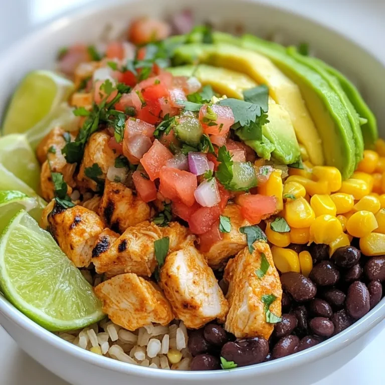 - 2 chicken breasts, diced - 1 tablespoon chipotle powder - 1 teaspoon smoked paprika - 1 teaspoon garlic powder - 1 teaspoon onion powder - Salt and pepper to taste - 1 tablespoon olive oil - 1 cup cooked brown rice - 1 cup black beans, drained and rinsed - 1 cup corn (fresh or frozen) - 1 avocado, sliced - 1 cup pico de gallo (or diced tomatoes with onion and cilantro) - ½ cup shredded cheese (cheddar or a Mexican blend) - Fresh cilantro, for garnish - Lime wedges, for serving To make a great Chipotle Chicken Burrito Bowl, you need fresh, quality ingredients. Start with chicken breasts; they provide protein and flavor. The spices include chipotle powder, smoked paprika, garlic powder, and onion powder. They add that smoky and spicy kick we love. Don’t forget salt and pepper for taste. Brown rice serves as a hearty base. Black beans and corn add fiber and sweetness. Fresh produce like avocado and pico de gallo brings brightness. Lastly, shredded cheese and cilantro enhance the dish. When picking ingredients, use fresh ones for the best taste and texture. Store any extras in the fridge to keep them fresh for your next meal. - Different cheeses for personalization - Additional vegetables and toppings - Sauces and dressings for extra flavor Feel free to get creative with toppings! Different cheeses like pepper jack or feta can change the flavor. You might add veggies like bell peppers or lettuce for crunch. Sauces like salsa or sour cream can bring more taste. Customize your bowl to match your mood or dietary needs. The options are endless! - Accompaniments to enhance the meal - Pairings with drinks - Common side dishes at Chipotle To elevate your burrito bowl experience, think about sides. Chips and guacamole always pair well. A fresh salad can lighten the meal. Drinks like iced tea or sparkling water match nicely too. Many people enjoy corn salsa or tortilla soup as sides at Chipotle. These can add variety and make your meal more fun! {{ingredient_image_1}} How do I season the chicken? Mix the diced chicken with chipotle powder, smoked paprika, garlic powder, onion powder, salt, and pepper. Ensure all pieces are coated well. This mix adds a great kick! What is the cooking process in the skillet? Heat olive oil in a large skillet over medium heat. Add the seasoned chicken. Cook for about 8-10 minutes, stirring often. Look for a golden brown color. The chicken should be cooked through and juicy. What tips help achieve the right texture? Cook the chicken evenly by stirring often. Avoid overcrowding the skillet. If needed, work in batches. This keeps the heat consistent and promotes browning. How do I layer the base with rice and beans? Start with cooked brown rice at the bottom of the bowl. Spread it evenly. Next, add black beans. Rinse them first to remove excess salt. This step adds protein and fiber. What is the best way to arrange toppings for presentation? Once the base is ready, add corn evenly on top. Then layer the cooked chicken. This creates a colorful and inviting look. How should I garnish the bowl? Top the bowl with sliced avocado, pico de gallo, and shredded cheese. Finish with fresh cilantro sprinkled on top. This adds flavor and visual appeal. Serve with lime wedges on the side for extra zest. What is the prep time breakdown? Prep time is about 15 minutes. This includes seasoning the chicken and cooking the rice. What is the total cooking time? The total time for this dish is around 25 minutes. This is quick for a tasty meal. What are some serving suggestions for optimal enjoyment? Serve this burrito bowl warm. Pair it with chips or a refreshing drink. Enjoy it with friends or family for the best experience. To get juicy chicken, use fresh chicken breasts. Cut them into small pieces. This helps them cook evenly. Cook the chicken until it is golden brown. This takes about 8-10 minutes in a hot skillet. Managing spice levels is key. If you like heat, add more chipotle powder. For less spice, reduce it. You can also mix in some lime juice. This adds flavor without extra heat. For seasoning, you can swap out spices. Try using fresh herbs like cilantro or parsley. You can also use lemon zest for a bright taste. Layering is important for a great bowl. Start with brown rice as the base. Then, add black beans and corn evenly. This makes each bite balanced and tasty. Adjust the amounts of each ingredient. If you love cheese, add more! If you prefer less, cut back. This helps you make it just how you like. Meal prep can save you time. Cook a large batch of chicken and rice. Store them in separate containers. You can assemble bowls quickly during the week. Making your own pico de gallo is easy. Mix diced tomatoes, onions, and fresh cilantro. Add lime juice for a fresh kick. This topping makes your bowl more exciting. For added depth, try spices like cumin or oregano. A pinch of cayenne can bring heat too. These small changes can make a big difference in flavor. Feel free to experiment with flavors. Try adding grilled peppers or black olives. Mixing in different toppings keeps your meals fresh and fun. Pro Tips Marinate for More Flavor: If time allows, marinate the chicken in the spice mixture for at least 30 minutes or overnight in the fridge to enhance the flavor. Customize Your Heat: Adjust the amount of chipotle powder based on your spice preference; you can add more for an extra kick or reduce it for a milder taste. Fresh Ingredients Matter: Use fresh pico de gallo or make your own with ripe tomatoes, onion, cilantro, and lime juice for a vibrant topping. Layering Technique: For the best texture and flavor, layer the ingredients in the bowl starting with rice, then beans, corn, and finally the chicken on top. {{image_2}} You can easily change up your Chipotle chicken burrito bowl. If you prefer a vegetarian or vegan option, swap the chicken for grilled veggies or tofu. Use black beans or lentils for protein. For a gluten-free bowl, make sure to use certified gluten-free grains and sauces. If you want to lower the carbs, skip the rice and add more veggies instead. Try mixing different spices to create new flavors. Add cumin or chili powder for extra heat. You can also try regional cuisines by using spices like curry or harissa. Seasonal ingredients can make a big difference too. In summer, add fresh corn or bell peppers. In winter, roasted sweet potatoes or squash work great. If you want to change the base, you have options. Instead of rice, use quinoa or cauliflower rice for a lighter dish. Lettuce wraps are also fun and low-carb. You can also mix different grains for added texture. Try brown rice with quinoa for a nutty flavor, or use farro for a chewy bite. To keep your Chipotle chicken burrito bowl fresh, use these tips: - Store leftovers in airtight containers. - Glass or BPA-free plastic containers work best. - Keep the bowl in the fridge for 3-4 days. When reheating, you have options. Here’s how: - In the microwave, cover the bowl with a damp paper towel. - For the oven, place it in a dish and cover with foil. - Heat in the microwave for 2-3 minutes. - In the oven, reheat at 350°F for about 15 minutes. - Check to ensure the chicken stays moist and warm. Preparing ahead saves time. Here are some ideas: - Cook chicken and rice in bulk on the weekend. - Portion out ingredients into separate containers. - Assemble bowls quickly for easy lunches during the week. - Mix and match toppings for variety each day. - Enjoy a tasty meal without the fuss! A Chipotle Chicken Burrito Bowl is a delicious meal. It features seasoned chicken, rice, beans, and fresh toppings. This dish combines flavors and textures that everyone loves. The bowl is popular for its freshness and customizability. You can add ingredients based on your taste. Yes, you can make this burrito bowl gluten-free. Many ingredients are naturally gluten-free, but some need care. The main ingredient to check is the seasoning. Ensure your spices do not contain gluten. You can also use gluten-free tortillas if you want a wrap-style bowl. Opt for corn or brown rice as a base instead of flour-based options. Preparing this dish takes about 25 minutes. You need 15 minutes for prep and 10 minutes for cooking. To save time, you can cook the rice ahead. Also, chop your veggies in advance. This way, you can assemble the bowl quickly when you're ready to eat. In this post, we explored how to make a Chipotle Chicken Burrito Bowl. We detailed key ingredients, optional toppings, and suggested sides that complete the meal. I provided step-by-step instructions for preparing the chicken and assembling the bowl, along with helpful tips to enhance flavor and customize your dish. Whether you want a quick meal or something special, these ideas can fit your needs. Enjoy creating your bowl, and make it your own with just a few changes. You now have the tools to make this tasty dish whenever you want!