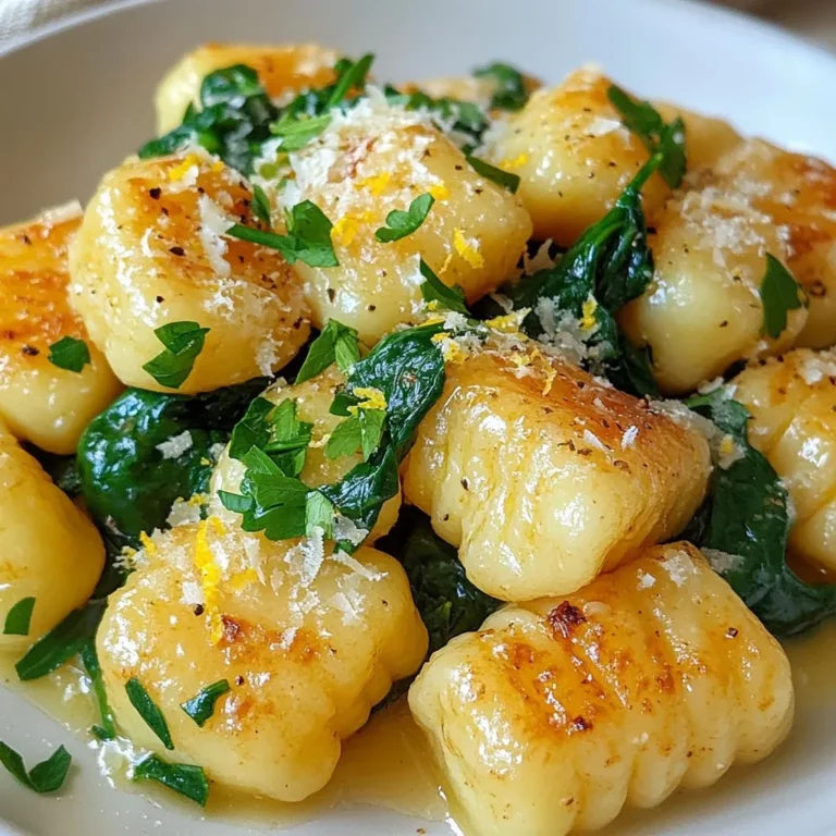 - 1 package (16 oz) potato gnocchi - 4 tablespoons unsalted butter - 4 cloves garlic, minced - 4 cups fresh spinach - 1/2 teaspoon red pepper flakes (optional) - Salt and pepper to taste - 1/4 cup grated Parmesan cheese - Zest of 1 lemon - Fresh parsley, chopped for garnish To make your garlic butter gnocchi with spinach, gather these ingredients first. The potato gnocchi gives a soft, pillowy bite. Unsalted butter adds rich flavor. Minced garlic provides a strong taste that lifts the dish. Fresh spinach adds color and nutrients. Red pepper flakes give a kick if you like spice. Salt and pepper will enhance every flavor. Grated Parmesan cheese brings a salty, nutty touch. Lemon zest adds brightness. Lastly, chopped parsley gives a fresh finish. - Additional vegetables (e.g., cherry tomatoes) - Protein options (e.g., chicken, shrimp) - Alternative cheeses You can also personalize this dish with optional additions. Cherry tomatoes can add sweetness and juiciness. You might want to add protein like chicken or shrimp for a heartier meal. If you prefer a different cheese, feel free to swap it out. These options let you make this dish your own. {{ingredient_image_1}} - Bring a large pot of salted water to boil. - Add gnocchi and cook until floating, about 2-3 minutes. The gnocchi will float to the top when ready. This means they are soft and cooked. Drain them well and set aside. - Melt butter in a skillet over medium heat. - Sauté minced garlic until fragrant, about 1-2 minutes. Watch the garlic closely. You want it to smell good but not burn. This step infuses the butter with a rich flavor. - Add cooked gnocchi and sauté until golden brown, about 2-3 minutes. - Stir in spinach and optional red pepper flakes. The gnocchi will soak up the garlic butter. Sauté until they get a nice color. The spinach will wilt quickly, adding both flavor and color. - Season with salt, pepper, Parmesan cheese, and lemon zest. - Garnish and serve immediately. The lemon zest adds a bright taste. The fresh parsley on top makes it look lovely. Enjoy your meal right away for the best flavor! To know when your gnocchi is done, watch for them floating. Once they rise to the top, they are ready. This usually takes just 2-3 minutes. If they sit at the bottom, give them a little more time. To get a golden color on your gnocchi, use medium heat. After adding them to the skillet, let them sit for a minute before stirring. This helps them brown nicely. Make sure not to crowd the pan, as this can cause steaming instead of browning. Herbs and spices can take your dish to the next level. Try adding fresh basil or thyme for a nice touch. A pinch of nutmeg can also enhance the flavor of the garlic. For pairings, consider serving garlic butter gnocchi with a light salad. A side of roasted vegetables works well too. You can even add grilled chicken for extra protein. Preparing ingredients in advance can save you time. You can chop the garlic and wash the spinach ahead of time. Store them in airtight containers in the fridge. When reheating leftovers, use low heat on the stove. This helps keep the gnocchi's texture. Add a little butter or olive oil if they seem dry. Avoid using the microwave, as it can make them tough. Pro Tips Use Fresh Ingredients: Fresh spinach and high-quality gnocchi will elevate the flavor and texture of your dish. Don’t Overcook the Gnocchi: Cook the gnocchi just until they float; overcooking can make them mushy. Customize the Spice Level: Adjust the amount of red pepper flakes to your taste for a milder or spicier dish. Experiment with Cheese: Try adding different cheeses like feta or goat cheese for a unique twist on the dish. {{image_2}} You can change garlic butter gnocchi with spinach in many fun ways. These variations keep the dish fresh and exciting. You can add different greens for more flavor. For example, kale or arugula work well. They add a nice crunch and taste. You can also include roasted vegetables. Bell peppers and zucchini are great choices. Roasting brings out their sweet, rich flavors. You can mix and match to suit your taste! Adding protein boosts the meal. You can integrate chicken or shrimp for a heartier dish. Cook the meat separately and then mix it in. If you want plant-based options, tofu or chickpeas are great. They soak up the garlic butter flavor nicely. The sauce can change your gnocchi game. You might try Alfredo or pesto for a creamy twist. These sauces pair well with the garlic butter. If you prefer dairy-free or vegan options, look for sauces made with cashews or nutritional yeast. These keep the dish rich while meeting dietary needs. To keep your garlic butter gnocchi fresh, use airtight containers. Glass or plastic containers work well. Store the gnocchi in the fridge for up to three days. If you want to save it longer, freezing is a great option. To freeze cooked gnocchi, let it cool completely first. Spread it out on a baking sheet in a single layer. This prevents it from sticking together. After an hour, transfer the gnocchi to a freezer bag. Make sure to remove as much air as possible. When you’re ready to eat, thaw the gnocchi in the fridge overnight. For quick reheating, you can put it straight in a skillet. Add a little butter or oil and heat on low until warm. Most ingredients used in this dish stay fresh for a while. Fresh spinach lasts about 5-7 days in the fridge. Store it in a bag with air holes. Garlic can last for weeks in a cool, dry place. Watch for signs of spoilage. If your spinach wilts or turns brown, it’s time to toss it. Garlic that’s soft or sprouted should also be discarded. Enjoy your meal while everything is still fresh! Making homemade gnocchi is fun and easy. Start with potatoes. Boil them until soft. Then, mash the potatoes in a bowl. Mix in flour, an egg, and salt until smooth. Shape the dough into small pieces. Roll each piece into a rope and cut it into small chunks. Press each piece with a fork for texture. Finally, cook them in boiling water. They are ready when they float! Yes, you can use frozen gnocchi! It is a great time-saver. Just boil them straight from the freezer. Follow the package's cooking time, usually around 3-5 minutes. You can also sauté them in garlic butter after boiling. This gives them a nice, golden color. Garlic butter gnocchi pairs well with many sides. Here are some tasty options: - Simple salad: A fresh green salad with lemon vinaigrette. - Roasted vegetables: Carrots, zucchini, or asparagus work great. - Grilled chicken or shrimp: Adds a protein boost. - Crusty bread: Perfect for soaking up extra garlic butter. Try these sides to make your meal complete! You now have a clear guide for making delicious garlic butter gnocchi. We covered the necessary ingredients, cooking steps, and tips for perfecting your dish. You can easily customize it with optional veggies or proteins to suit your taste. Store leftovers wisely, or try freezing them for later use. Experiment with new flavors and variations to make each meal unique. Enjoy cooking and sharing this comforting dish!