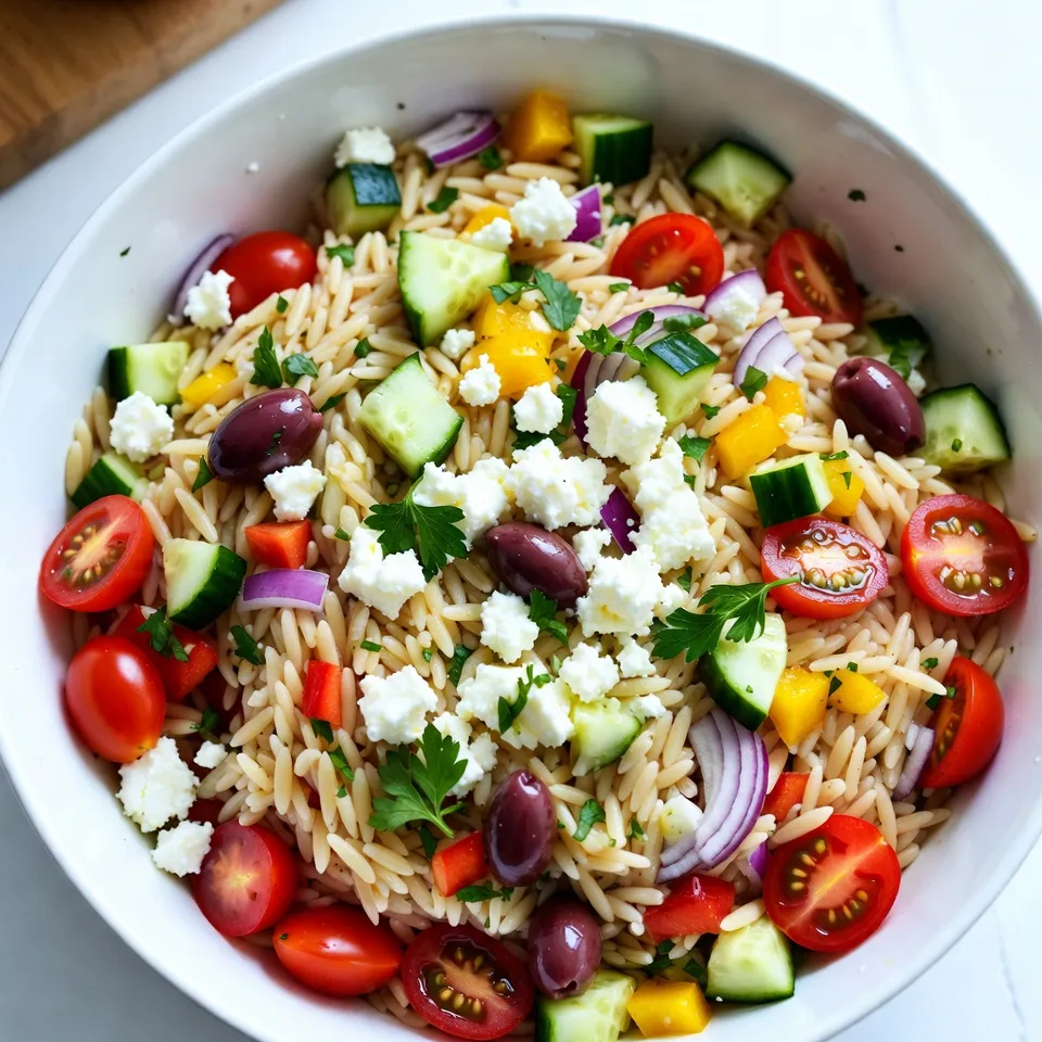 To make a tasty Greek Orzo Salad with Feta, you'll need the following: - 1 ½ cups orzo pasta - 1 cup cherry tomatoes, halved - 1 medium cucumber, diced - 1 bell pepper (red or yellow), diced - ½ red onion, finely chopped - 1 cup Kalamata olives, pitted and halved - 1 cup feta cheese, crumbled - ½ cup fresh parsley, chopped - ¼ cup extra virgin olive oil - 2 tablespoons red wine vinegar (or lemon juice) - 1 teaspoon dried oregano - Salt and black pepper to taste I know you might not have every ingredient on hand. Here are some easy swaps: - Orzo: Use quinoa or farro if you want a gluten-free option. - Kalamata olives: Black olives work well too. - Feta cheese: Try goat cheese or mozzarella for a different taste. - Red wine vinegar: Lemon juice gives a bright flavor that works great. - Fresh parsley: Basil or mint can add a fresh twist. This salad is not just tasty; it's healthy too! Here’s what you get per serving: - Calories: 320 - Protein: 10g - Carbohydrates: 30g - Fat: 20g - Fiber: 3g - Sugar: 2g This Greek Orzo Salad with Feta is full of flavor and good for you. Enjoy making it! {{ingredient_image_1}} Start by boiling a large pot of water. Add a pinch of salt to the water. Once it boils, add 1 ½ cups of orzo pasta. Cook the orzo according to the package instructions until it is al dente. This usually takes about 8 to 10 minutes. When it's done, drain the pasta in a colander. Rinse it under cold water to stop the cooking process. While the orzo cooks, grab your chopping board. Dice 1 medium cucumber and chop 1 cup of cherry tomatoes in half. Next, take 1 bell pepper and dice it. You can use red or yellow bell pepper based on your taste. Finally, finely chop ½ of a red onion. Set all the chopped veggies aside for later. In a small bowl, combine ¼ cup of extra virgin olive oil and 2 tablespoons of red wine vinegar. If you prefer, you can use lemon juice instead. Add 1 teaspoon of dried oregano, salt, and black pepper to taste. Whisk all the ingredients together until they blend well. This dressing adds great flavor to your salad. In a large mixing bowl, combine the cooked orzo, chopped vegetables, and 1 cup of Kalamata olives. Sprinkle in 1 cup of crumbled feta cheese and ½ cup of chopped parsley. Gently toss everything together so the ingredients mix well. The colors and textures will look amazing already! Now, it’s time to taste your salad. Grab a spoon and take a small bite. Adjust the seasoning if needed. You might add more salt, pepper, or olive oil to enhance the flavor. This step is important for making the salad delicious. Cover the salad with plastic wrap or a lid. Place it in the fridge for at least 30 minutes. This chilling time helps the flavors mix nicely. When you’re ready to serve, take it out and give it a gentle toss. You can serve it chilled or at room temperature. For a nice touch, garnish with extra feta and parsley before serving. To stop orzo from sticking, add salt to the water. Salty water helps keep the pasta separate. Stir the orzo during cooking to break up clumps. After cooking, rinse the orzo under cold water. This cools it quickly and stops the cooking process. Make sure it's dry before adding it to the salad. A little olive oil can also help keep it from sticking together. Chop your vegetables evenly for a nice look. Start with the cherry tomatoes. Cut them in half to let their juice mix in. Next, take the cucumber and dice it into small pieces. This adds crunch to the salad. For the bell pepper, remove the seeds before dicing. A sharp knife makes cutting easier and safer. Finally, the red onion should be finely chopped to balance its strong taste. Fresh herbs bring life to your salad. Use parsley for a bright taste. Dried oregano adds warmth and earthiness. When mixing, taste as you go. This helps you find the right flavor. If you want a kick, add a pinch of red pepper flakes. A splash of lemon juice can brighten the flavors, too. Mixing these herbs and spices will make your Greek orzo salad really shine. Pro Tips Cook Orzo Al Dente: Make sure to cook the orzo just until al dente for the best texture. Overcooking can make it mushy. Use Fresh Herbs: Fresh parsley adds a vibrant flavor. You can also experiment with fresh mint for a refreshing twist. Chill for Flavor: Allowing the salad to chill for at least 30 minutes helps the flavors meld together, enhancing the overall taste. Customize Your Veggies: Feel free to add or substitute other vegetables like bell peppers or artichokes based on your preference. {{image_2}} You can make this Greek Orzo Salad heartier by adding protein. Cooked chicken is a great choice. Simply grill or bake it, then slice it into pieces. Shrimp is another tasty option. Sauté shrimp in olive oil and garlic until they are pink. For a plant-based option, try chickpeas. Drain and rinse canned chickpeas, then mix them in. Each protein option adds flavor and keeps you full. This salad is flexible with vegetables. You can use what is fresh and in season. In summer, add sweet corn or zucchini. In fall, include roasted butternut squash or Brussels sprouts. You can also use leafy greens like spinach or arugula. These swaps let you enjoy different flavors throughout the year. Plus, it keeps the salad exciting and fresh! Feta is classic, but you can try other cheeses. Goat cheese brings a creamy texture and tangy flavor. Crumble it over the salad for a nice twist. Ricotta is another option. It adds richness and softness. You can dollop it on top for a lovely presentation. Switching up the cheese can change the whole dish while keeping it delicious. To keep your Greek orzo salad fresh, store it in an airtight container. This helps prevent air from drying it out. If you have added dressing, keep it separate to maintain crunch in the veggies. Use a small jar for the dressing, then mix it in just before serving. When stored properly, your orzo salad can last up to three days in the fridge. After this time, the veggies may lose their crispness and flavor. Always check for any signs of spoilage before eating. If it smells off or looks unusual, it’s best to toss it out. Freezing is not ideal for this salad. The orzo and vegetables can become mushy once thawed. However, if you want to freeze it, do so without the dressing. Store the salad in a freezer-safe container and consume it within a month for best quality. When ready to eat, let it thaw in the fridge overnight, then add fresh dressing before serving. If you can't find orzo, don't worry! You can use other small pastas like ditalini or couscous. Quinoa and rice also work well, adding a different texture. Just make sure to cook them according to the package instructions. Each option brings its own flavor and style. Yes, you can make this salad ahead of time! It tastes even better after sitting for a few hours. I suggest making it the night before. Just store it in the fridge. It allows all the flavors to blend nicely. If you plan to serve it later, add the dressing just before serving. Greek orzo salad goes great with many dishes. Try serving it alongside grilled chicken or fish. It also pairs well with lamb or veggie skewers. For a lighter meal, serve it with a soup like tomato or lentil. The options are endless, making it a versatile side dish! You learned how to make a delicious Greek Orzo Salad by combining fresh ingredients and flavors. You explored tips for cooking, seasoning, and storage. Remember, you can swap ingredients to fit your taste. This salad is perfect for any meal or gathering. Enjoy making it your own with different proteins or veggies! Keep these ideas in mind, and your salad will always impress. Now, it’s time to gather your ingredients and create something tasty!