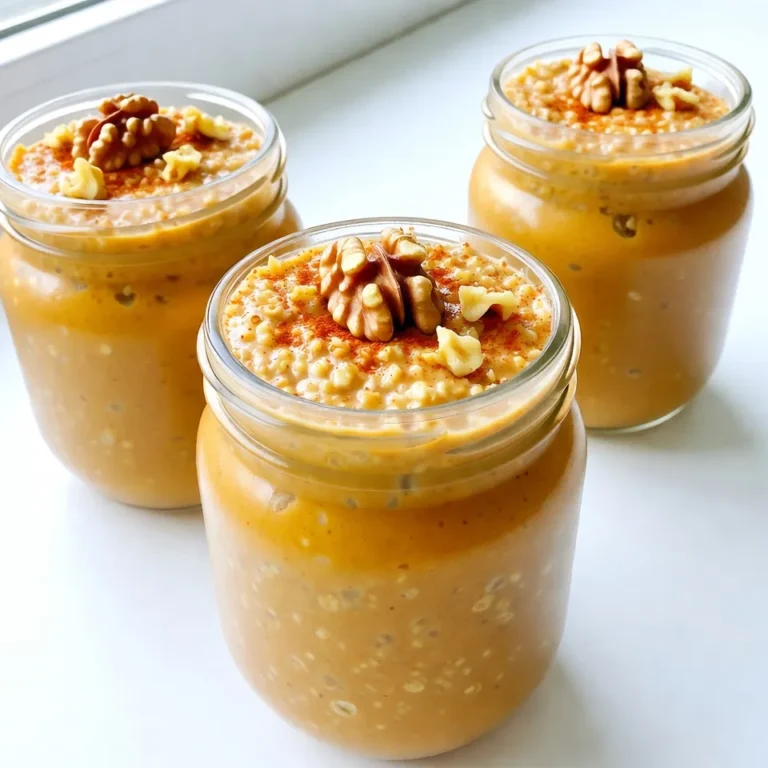 To create delicious pumpkin pie overnight oats, gather these key ingredients: - 1 cup rolled oats - 1 cup almond milk (or any milk of choice) - 1/2 cup canned pumpkin puree - 1 tablespoon maple syrup (adjust for sweetness) - 1 teaspoon vanilla extract - 1 teaspoon pumpkin pie spice (plus extra for garnish) - 1/4 teaspoon salt - 1/4 cup Greek yogurt (or dairy-free alternative) These items work together to give you creamy, autumn-flavored oats. The rolled oats soak up the milk, making them soft and tasty. The pumpkin puree adds nutrition and that lovely fall flavor. If you want to swap ingredients, here are some options: - Milk: Use oat milk, soy milk, or coconut milk if you prefer. - Maple Syrup: Honey or agave syrup can replace maple syrup easily. - Greek Yogurt: Try coconut yogurt or silken tofu for a dairy-free twist. These swaps keep your oats tasty and let you adjust for dietary needs. Toppings enhance the flavor and texture of your pumpkin pie overnight oats. Consider these fun ideas: - Chopped nuts (walnuts or pecans) for crunch - Dried cranberries or raisins for sweetness - Extra pumpkin pie spice for a flavor boost These toppings not only taste great, but they also make your oats look beautiful. Enjoy trying different combinations! {{ingredient_image_1}} First, gather your ingredients. You need rolled oats, almond milk, pumpkin puree, and a few more items. In a large bowl, combine: - 1 cup rolled oats - 1 cup almond milk (or any milk of your choice) - 1/2 cup canned pumpkin puree - 1 tablespoon maple syrup - 1 teaspoon vanilla extract - 1 teaspoon pumpkin pie spice - 1/4 teaspoon salt Mix these well until they are fully combined. Next, add 1/4 cup Greek yogurt. Stir until the mixture is smooth and creamy. This is the base for your oats. Now, divide the mixture into jars or airtight containers. This makes it easy to grab in the morning. Cover the jars tightly and place them in the fridge. Let them chill overnight, or at least 4 hours. This soaking time helps the oats absorb the flavors. The longer they sit, the better they taste. When morning comes, take your jars out of the fridge. Give the oats a good stir. If they seem too thick, splash in some extra almond milk. Now, it's time to serve! Top your oats with chopped nuts, like walnuts or pecans. You can also add a sprinkle of pumpkin pie spice for extra flavor. If you want more sweetness, toss in some dried cranberries or raisins. Enjoy this tasty breakfast cold, and savor every bite! To get smooth, creamy overnight oats, use rolled oats. They soak up the liquid well. Mix your oats with almond milk and pumpkin puree. If your oats seem too thick in the morning, just add a splash of milk. This keeps them delicious and easy to eat. You can boost the flavor with a few simple tweaks. Try adding more maple syrup for sweetness. A pinch of salt can enhance the pumpkin flavor. You can also mix in some chopped nuts for crunch. Dried cranberries or raisins add a nice touch of sweetness too. Make these oats for a quick breakfast all week. Prepare several jars at once. Store them in the fridge for up to five days. This way, you can grab one in the morning. You’ll always have a tasty and filling meal ready to go. Pro Tips Use Fresh Pumpkin: For a more vibrant flavor, consider roasting your own pumpkin instead of using canned pumpkin puree. Fresh pumpkin can add a lovely sweetness and depth to your overnight oats. Adjust Sweetness: Feel free to adjust the amount of maple syrup according to your taste. If you prefer less sweetness, start with a smaller amount and add more if needed after mixing. Experiment with Milk: While almond milk works great, try different types of milk such as oat milk or coconut milk for unique flavors and creaminess. Make It Ahead: These overnight oats can be prepared for the week ahead. Just portion them out into jars and store in the fridge for easy grab-and-go breakfasts. {{image_2}} You can add chocolate to your pumpkin pie oats for a fun twist. Simply mix in a tablespoon of cocoa powder when you combine the oats and other ingredients. This will give your oats a rich, chocolate flavor. You can also top them with mini chocolate chips for a sweet touch. It adds a nice contrast to the pumpkin flavor. If you want to make vegan and gluten-free pumpkin pie oats, it’s easy! Use almond milk or any plant-based milk. Choose gluten-free oats to keep it safe for those with gluten allergies. For a creamy texture, swap Greek yogurt for a vegan yogurt. This way, you can enjoy all the flavor without any animal products. You can change up the flavors based on what you have at home. In the fall, use fresh pumpkin if you have it. In winter, try sweet potato puree for a different taste. For a fruity twist, toss in some chopped apples or pears. You can even mix in spices like nutmeg or ginger for extra warmth. To keep your pumpkin pie overnight oats fresh, use airtight containers. Glass jars are great because they show off the pretty layers. Make sure to seal the lids tightly. Store them in the fridge right after you mix them. This helps keep each layer tasty and full of flavor. These oats last up to four days in the fridge. After that, the oats may become too soft or soggy. I recommend eating them within three days for the best texture and taste. If you notice any odd smells or changes in color, it’s best to toss them. If you prefer warm oats, you can reheat them. Pour them into a bowl and microwave for about 30 seconds. Stir and heat for another 30 seconds if needed. If they seem too thick after heating, add a splash of almond milk. Stir well to get the right creamy texture again. Enjoy your tasty breakfast! Yes, you can use quick oats. Quick oats cook faster and soak up liquid more. This change will make your oats softer and creamier. Just remember, the texture will be different. Rolled oats give a chewier bite, while quick oats are smooth. If you like a softer mix, quick oats work well. To lower the sugar, cut back on maple syrup. You can use less than one tablespoon. You can also swap maple syrup for a sugar-free sweetener. Stevia or monk fruit sweetener are good options. They add sweetness without the sugar. Using less pumpkin pie spice can also help, as some blends add sugar. Yes, you can make these oats for the whole week. Just prepare them in jars. Store each jar in the fridge. They will last for up to five days. This makes breakfast easy and quick. Just grab a jar and enjoy. You can add toppings fresh each morning for the best taste. In this article, we covered how to make Pumpkin Pie Overnight Oats. You learned about key ingredients and tasty substitutes, plus optional toppings. The step-by-step instructions helped simplify the process. We explored tips for perfect consistency and meal prep. Variations like chocolate and vegan options add fun twists. Overall, overnight oats are easy, healthy, and customizable. Give your taste buds this treat and enjoy a delightful start to your day!