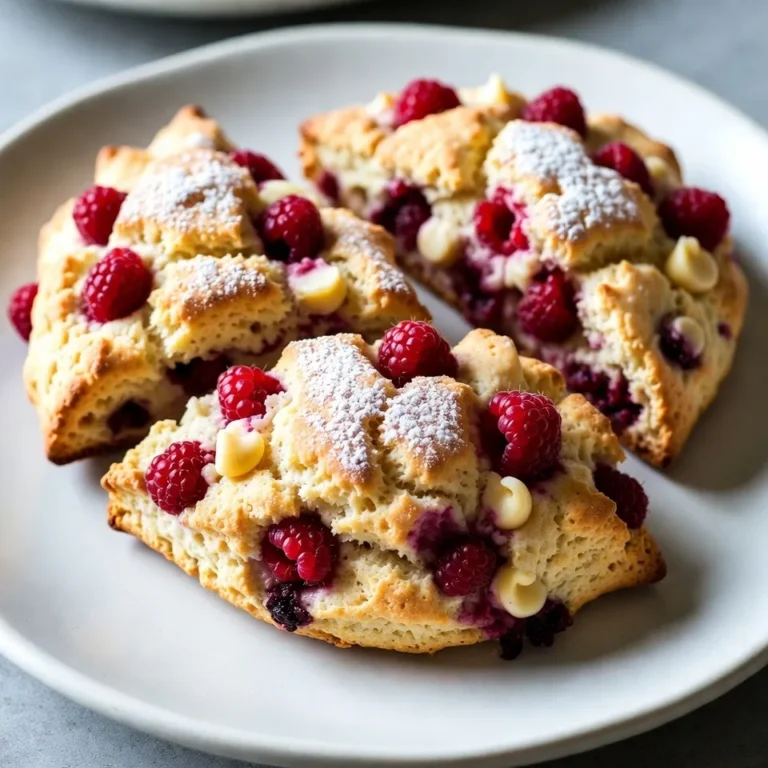 To make these delightful scones, gather the following ingredients: - 2 cups all-purpose flour - 1/3 cup granulated sugar - 1 tablespoon baking powder - 1/4 teaspoon salt - 1/2 cup unsalted butter, chilled and diced - 1/2 cup heavy cream - 1 large egg - 1 teaspoon vanilla extract - 1 cup fresh raspberries (or frozen, thawed) - 1/2 cup white chocolate chips - Extra sugar for sprinkling on top If you have dietary needs, you can make a few swaps. For a dairy-free option, use coconut cream instead of heavy cream. You can also replace the butter with vegan butter. If you need gluten-free scones, use a gluten-free flour blend. Fresh raspberries bring a bright flavor and vibrant color to your scones. They hold their shape well while baking. Frozen raspberries are a good option too. Just ensure they are thawed and drained of excess moisture. They can add a nice touch to your scones, especially when fresh ones are out of season. {{ingredient_image_1}} Start by gathering all your ingredients. You need: - 2 cups all-purpose flour - 1/3 cup granulated sugar - 1 tablespoon baking powder - 1/4 teaspoon salt - 1/2 cup unsalted butter, chilled and diced - 1/2 cup heavy cream - 1 large egg - 1 teaspoon vanilla extract - 1 cup fresh raspberries (or frozen, thawed) - 1/2 cup white chocolate chips - Extra sugar for sprinkling on top Make sure to measure everything carefully. This step ensures your scones turn out great. Keep your butter cold. Chilled butter helps create flaky layers in your scones. 1. Preheat your oven to 400°F (200°C). This step is key for even baking. 2. Line a baking sheet with parchment paper. This helps prevent sticking. 3. In a large bowl, whisk flour, sugar, baking powder, and salt until mixed. 4. Add the chilled butter to this mix. Use your fingers or a pastry cutter to blend until it looks like coarse crumbs. 5. In another bowl, whisk together heavy cream, egg, and vanilla until smooth. 6. Pour this cream mix into the flour mix. Stir gently until just combined. Avoid overmixing. 7. Carefully fold in raspberries and white chocolate chips. Make sure they are spread evenly. 8. Turn the dough onto a lightly floured surface. Knead gently a couple of times to bring it together. 9. Shape the dough into a circle about 1 inch thick. Cut into 8 wedges, like a pizza. 10. Place the wedges on your baking sheet. Sprinkle a little extra sugar on top for sweetness. 11. Bake for 15-20 minutes. They are done when golden brown, and a toothpick comes out clean. 12. Let the scones cool slightly on a wire rack before serving. When cutting the dough, use a sharp knife. This gives clean edges. Make sure not to twist the knife, as it can seal the edges. For best results, shape the dough quickly. The less you handle it, the fluffier the scones will be. Enjoy the fun of creating these treats! To get the best texture for your scones, use cold butter. When you mix it with flour, it creates flakiness. Avoid overworking the dough. This keeps the scones light and airy. Mix until just combined. You want some lumps in the dough. This will give your scones a great rise. Store your scones in an airtight container. They stay fresh for about two days. For longer storage, freeze them. Wrap each scone tightly in plastic wrap or foil. When ready to eat, thaw them at room temperature. To reheat, pop them in the oven at 350°F (175°C) for about 5-10 minutes. This warms them up and brings back their crunch. Serve your scones warm for the best taste. You can dust them with powdered sugar for a pretty touch. Pair them with whipped cream for a rich flavor. Fresh berries on the side add color and freshness. Enjoy them with tea or coffee for a delightful treat. Pro Tips Chill the Ingredients: For a flakier texture, ensure your butter and cream are very cold. You can even chill your mixing bowl beforehand. Don’t Overmix: When combining the wet and dry ingredients, mix just until combined. Overmixing can lead to tough scones. Use Fresh Raspberries: While frozen raspberries work, fresh ones will provide a brighter flavor and texture. If using frozen, ensure they’re thawed and drained. Store Properly: Store leftover scones in an airtight container at room temperature for up to 2 days, or freeze for longer freshness. {{image_2}} You can add nuts or other fruits to your scones for a twist. Chopped walnuts or almonds give a nice crunch. They also add a nutty flavor that pairs well with the sweet chocolate. You can even swap out raspberries for blueberries or strawberries. Try mixing in some chopped apples or peaches for a fruity surprise. Want to change the flavor? You can use almond extract instead of vanilla. This adds a lovely nutty taste. You can also add lemon zest for a fresh kick. A hint of cinnamon or cardamom can warm up the flavor. These small changes can make your scones unique and delightful. If you need a gluten-free option, use a gluten-free flour blend. Make sure it has xanthan gum for the right texture. For a dairy-free version, swap heavy cream with coconut milk or almond milk. Use dairy-free butter for a rich taste. These simple swaps let everyone enjoy these tasty scones! To keep your scones fresh, place them in an airtight container. This will help retain their soft texture. If you plan to eat them within a couple of days, store them at room temperature. For longer storage, the fridge works well too. Just make sure they are sealed tight. If you want to enjoy your scones later, freezing them is a great option. First, let them cool completely. Then, wrap each scone in plastic wrap. Place the wrapped scones in a freezer bag. They will stay fresh for up to three months. When you're ready to eat, just thaw them overnight in the fridge. You can warm them in the oven for a few minutes before serving. These scones taste best within a few days of baking. When stored properly, they can last up to 5 days at room temperature. In the fridge, they may stay fresh for about a week. If frozen, as mentioned, they last for three months. Enjoy them while they are still soft and delicious! Yes, you can use frozen raspberries. Just thaw and drain them first. This helps keep the dough from getting too wet. Frozen raspberries work well and still taste great in scones. To reduce the sweetness, cut back on the sugar. Try using 1/4 cup instead of 1/3 cup. You can also skip the extra sugar sprinkle on top. This will make the scones less sweet while keeping them tasty. Serve these scones warm. Dust them lightly with powdered sugar for extra flair. Pair them with whipped cream or fresh berries for a delightful touch. You can also enjoy them with a cup of tea or coffee. Yes, these scones are great for both breakfast and dessert. They are light and tasty enough for a morning treat. They also satisfy your sweet tooth after lunch or dinner. Enjoy them anytime! Raspberry white chocolate scones are a tasty treat. We covered the key ingredients, prep steps, and baking tips. Remember to choose fresh or frozen raspberries based on what you need. Try different flavors or ingredients for fun variations. Store any leftovers well to keep them fresh. Now, you can impress others by serving these delightful scones for breakfast or dessert. Happy baking!