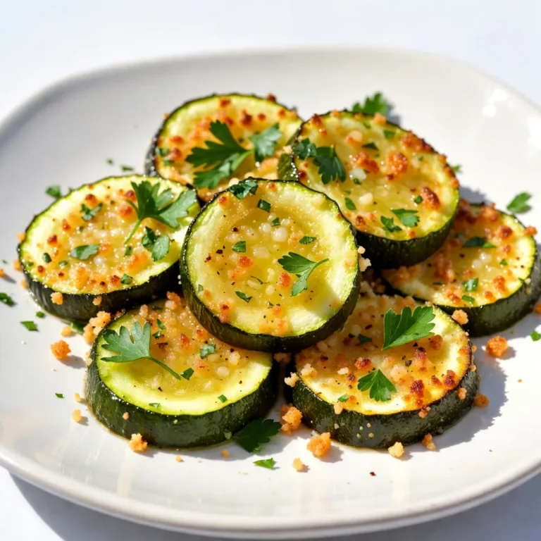 - 2 medium zucchinis, sliced into ½-inch rounds - 1 cup grated Parmesan cheese - 1 cup breadcrumbs (preferably whole wheat) - 2 cloves garlic, minced - 1 teaspoon dried oregano - 1 teaspoon dried thyme - 1 teaspoon paprika - Salt and pepper to taste - 2 tablespoons olive oil - Fresh parsley, chopped (for garnish) Gather these ingredients before you start. Fresh zucchini makes a big difference. - Baking sheet - Parchment paper - Large mixing bowl - Knife and cutting board - Measuring cups and spoons - Spatula or tongs These tools help you mix and bake easily. Parchment paper prevents sticking and makes clean-up simple. Choose firm zucchinis with shiny skin. Avoid any with soft spots or wrinkles. Store them in the fridge. Use them within a week for best taste. You can wash them just before use. This keeps them fresh and crisp for your dish. {{ingredient_image_1}} First, set your oven to 425°F (220°C). This high heat helps make the zucchini crisp. While the oven heats, line a baking sheet with parchment paper. This step keeps the zucchini from sticking. It also makes cleanup easy. In a large bowl, combine the breadcrumbs, grated Parmesan cheese, minced garlic, oregano, thyme, paprika, salt, and pepper. Mix these dry ingredients well. You want an even blend for great flavor. The mix should smell nice and savory. Next, add the sliced zucchini rounds to the bowl. Drizzle the olive oil over them. Toss gently to coat each slice well. Make sure every piece gets some of the breadcrumb mix. This coating adds a tasty crunch when baked. Arrange the coated zucchini in a single layer on your baking sheet. Avoid overlapping the slices. This space lets them bake evenly. Bake for 15-20 minutes. Halfway through, check them and flip if needed for even browning. You’ll know they’re done when they turn golden brown and crispy. Once baked, let them cool slightly. Garnish with fresh parsley for a pop of color. To get your Baked Parmesan Crusted Zucchini nice and crispy, follow these simple steps. First, slice the zucchini into ½-inch rounds. This size helps them cook evenly. Next, make sure your oven is preheated to 425°F (220°C). The high heat is key for that crisp texture. Use a baking sheet lined with parchment paper. This keeps the zucchini from sticking and helps with browning. Lastly, arrange the zucchini in a single layer. If they overlap, they will steam instead of crisp up. Avoid a few common mistakes to ensure your zucchini turns out great. First, don’t skip the olive oil. It helps the breadcrumbs stick and adds flavor. Second, mix the dry ingredients well before adding the zucchini. This ensures every piece gets seasoned. Another mistake is not checking halfway through baking. Flip the zucchini to help them brown evenly. Lastly, resist the urge to crowd the baking sheet. Give each slice space to get crispy. Baked Parmesan Crusted Zucchini makes a fantastic side dish. You can serve it on a rustic wooden platter. Sprinkle extra parsley on top for a fresh look. Pair it with marinara sauce for dipping. This adds a nice touch of flavor. You can also serve this dish with grilled chicken or fish. The flavors work well together. For a light meal, enjoy it with a fresh salad. Pro Tips Use Fresh Zucchini: Choose firm and bright green zucchinis for the best flavor and texture. Fresh zucchinis will yield a better crunch and taste. Experiment with Cheese: While Parmesan adds a nice flavor, you can mix in other cheeses like mozzarella or cheddar for a different twist on the classic recipe. Customize the Seasoning: Feel free to adjust the herbs and spices according to your preference. Adding Italian seasoning or chili flakes can elevate the flavor profile. Serve Immediately: For the best texture, serve the zucchini right after baking when they are hot and crispy. They tend to lose their crunch as they cool. {{image_2}} You can switch up the cheese to suit your taste. Try using sharp cheddar for a bolder flavor. Mozzarella adds a nice stretchy texture. If you want a tangy twist, go for feta. Each cheese brings a unique taste to the dish. Experiment to find your favorite! If you need a gluten-free option, use almond flour or crushed rice crackers. Both will give a nice crunch. You can also try gluten-free panko for a light texture. Just make sure to check the labels for gluten-free claims. Add more spices to boost the flavor profile. A pinch of cayenne can add heat. Try Italian seasoning for a herb blend. For a smoky flavor, use smoked paprika instead of regular. These small changes can make a big difference in taste! To keep your baked Parmesan crusted zucchini fresh, place it in an airtight container. This will help maintain its crispiness. You can store it in the fridge for up to three days. Just make sure it cools down before sealing it. Reheating is simple. Preheat your oven to 350°F (175°C). Place the zucchini on a baking sheet. Bake for about 10 minutes or until warm. This method helps restore some crispiness. You can also use a microwave, but it may not keep the crunch. If you want to freeze your leftovers, let them cool first. Then, arrange the zucchini in a single layer on a baking sheet. Freeze until solid, then transfer to a freezer-safe bag. This way, you can enjoy them for up to three months. When ready to eat, bake straight from the freezer for about 15-20 minutes. Yes, you can use other vegetables! Eggplant, yellow squash, or bell peppers work well. Just slice them into similar sizes. Each will bring a unique taste. Adjust cooking times based on the vegetable. To make this recipe dairy-free, replace Parmesan with nutritional yeast. It gives a cheesy flavor without dairy. You can also use a dairy-free cheese alternative. Just ensure it melts well during baking. The best dipping sauce is marinara sauce. Its rich taste complements the crunchy zucchini. You can also try ranch dressing or garlic aioli. These add extra flavor and creaminess. Yes, you can prepare the zucchini ahead of time. Slice and coat the zucchini, then store it in the fridge for up to 2 hours. This makes it easy to bake right before serving. This blog post covered all you need to know about making baked Parmesan crusted zucchini. You learned about the right ingredients, tools, and tips for freshness. I showed you step-by-step instructions to bake it perfectly. We shared tricks for crispiness and common mistakes to avoid. You now have ideas for variations, storage, and answers to FAQs. Enjoy this tasty treat, and don’t hesitate to mix it up!