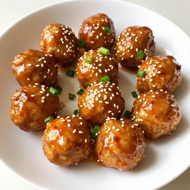 The main ingredients are key to making tasty sweet chili glazed chicken meatballs. Here’s what you need: - 1 pound ground chicken - 1/2 cup breadcrumbs - 1/4 cup green onions, finely chopped - 2 cloves garlic, minced - 1 tablespoon fresh ginger, grated - 1 large egg, beaten - Salt and pepper to taste - 1/4 cup sweet chili sauce (store-bought or homemade) - 1 tablespoon soy sauce - 1 tablespoon honey - 1 teaspoon sesame oil These ingredients work together to create juicy and flavorful meatballs. The ground chicken provides a light base. Breadcrumbs help bind everything, while green onions and garlic offer freshness. Ginger adds a nice zing to the mix. You can easily customize your meatballs with a few optional ingredients. Here are some ideas: - Diced bell peppers for crunch - Chopped cilantro for extra flavor - Crushed red pepper for heat These additions let you get creative and tailor the dish to your taste. Feel free to mix and match based on what you like! Garnishing is key to making your dish look great and taste even better. Here are some garnish ideas: - Sesame seeds for crunch - More chopped green onions for freshness These simple garnishes add a pop of color and enhance the overall flavor profile. They also make your sweet chili glazed chicken meatballs look more appealing on the plate! {{ingredient_image_1}} Start by gathering all your ingredients. You will need ground chicken, breadcrumbs, green onions, garlic, ginger, and a beaten egg. Place these in a large mixing bowl. Sprinkle in some salt and pepper for taste. Use your hands to mix everything together. Make sure all the ingredients blend well. The mixture should feel sticky but firm. This texture helps the meatballs hold their shape when you bake them. Next, preheat your oven to 400°F (200°C). Line a baking sheet with parchment paper. This will help the meatballs cook evenly and not stick. Now, form the meat mixture into small balls, about 1 inch wide. Place them on the baking sheet with some space in between. Bake for 15 to 20 minutes. Keep an eye on them until they turn golden brown. You want them fully cooked, so make sure they are no longer pink inside. While the meatballs bake, prepare the sweet chili glaze. In a small bowl, whisk together the sweet chili sauce, soy sauce, honey, and sesame oil. Mix until smooth. This glaze adds a burst of flavor to the meatballs. Once the meatballs are done baking, take them out of the oven. Drizzle or brush the glaze over the hot meatballs. Toss them gently to coat well. If you want a caramelized finish, broil them for 2 to 3 minutes. Just watch closely to avoid burning! To get the best texture, start with ground chicken. It is lean and moist. Make sure to mix the meat gently. Over-mixing can make them tough. Use breadcrumbs to help bind the meat and add softness. The egg is also key; it keeps the meatballs from being dry. Aim for meatballs about one inch wide. This size cooks evenly and stays juicy. Baking is a great method for cooking meatballs. It keeps them healthy and allows for even cooking. Preheat your oven to 400°F (200°C). Line your baking sheet with parchment paper. This step makes cleanup easy. Bake the meatballs for 15-20 minutes. They should turn golden brown. If you want extra flavor, broil them for a few minutes. Watch closely so they don’t burn! Marinades can really boost the flavor of your meatballs. For this recipe, a simple glaze works well. Mix sweet chili sauce, soy sauce, honey, and sesame oil. This blend adds sweetness and depth. Brush the glaze on right after baking. Toss the meatballs gently to coat them. For an added kick, let them sit in the glaze for a few minutes. This lets the flavors soak in more. Pro Tips Use Cold Ingredients: Ensure your ground chicken and other ingredients are cold before mixing. This helps the meatballs hold their shape better during cooking. Don’t Overmix: When combining the meatball mixture, mix just until everything is incorporated. Overmixing can lead to tough meatballs. Check for Doneness: Use a meat thermometer to ensure the internal temperature of the chicken meatballs reaches 165°F (74°C) for safe consumption. Customize Your Glaze: Feel free to adjust the sweetness or spiciness of the glaze by adding more honey or chili sauce according to your taste preferences. {{image_2}} You can swap ground chicken for turkey or beef. Both work well. Turkey gives a leaner taste, while beef adds a rich flavor. The steps stay the same. Just mix and bake as before. Adjust cooking time if needed. Use a meat thermometer to check the inside temperature. Aim for 165°F (74°C) for turkey and 160°F (71°C) for beef. This keeps your meatballs safe and tasty. Want a plant-based twist? Use lentils or chickpeas instead of meat. Mash the lentils or chickpeas well. Mix them with breadcrumbs, green onions, and spices. You can also add grated carrots for a sweet touch. For binding, use a flax egg or a bit of mashed potato. The glaze works great on these options too. Bake until golden brown for a satisfying crunch. While sweet chili glaze shines, other sauces can add fun flavors. Try teriyaki sauce for a sweet and savory mix. BBQ sauce brings a smoky twist. For a kick, use sriracha mixed with honey. You can even make a peanut sauce for a nutty taste. Glaze the meatballs after baking. Feel free to experiment and find your favorite! To keep your sweet chili glazed chicken meatballs fresh, store them in an airtight container. Place a piece of parchment paper between layers to prevent sticking. You can keep them in the fridge for up to three days. If you want to enjoy them later, freezing is a great option. To freeze your meatballs, first let them cool completely. Then, arrange them on a baking sheet in a single layer. Freeze for about one hour. Once they are firm, transfer them to a freezer bag. Be sure to remove excess air to avoid freezer burn. They can stay in the freezer for up to three months. When you’re ready to enjoy your meatballs, reheat them in the oven or microwave. For the oven, preheat it to 350°F (175°C). Place the meatballs on a baking sheet and heat for about 10-15 minutes. If using the microwave, place them on a microwave-safe plate. Heat them for about one to two minutes, checking to make sure they are hot throughout. Drizzle a bit more sweet chili sauce on top for extra flavor when serving. Yes, you can use many sauces. Try teriyaki, barbecue, or hoisin sauce. Each sauce will change the taste. For a spicy kick, add sriracha. If you want it sweeter, a honey glaze works great. Experiment with flavors to find your favorite! The best way to check is by using a meat thermometer. The inside should reach 165°F (74°C). If you don't have one, cut a meatball open. The center should be white with no pink. The meatballs should feel firm and spring back when touched. These meatballs pair well with rice or noodles. Serve them over jasmine rice for extra flavor. You can also have them with steamed veggies or a fresh salad. For a fun twist, use them in a wrap or sandwich! This article explored how to make sweet chili glazed chicken meatballs. We covered the key ingredients, steps for cooking, and tips for great texture and flavor. You learned about variations using different proteins and vegan options. Storing leftovers and reheating were also discussed. Now, you can create a tasty dish anyone will enjoy. Use these ideas and make your sweet chili meatballs shine. Happy cooking!