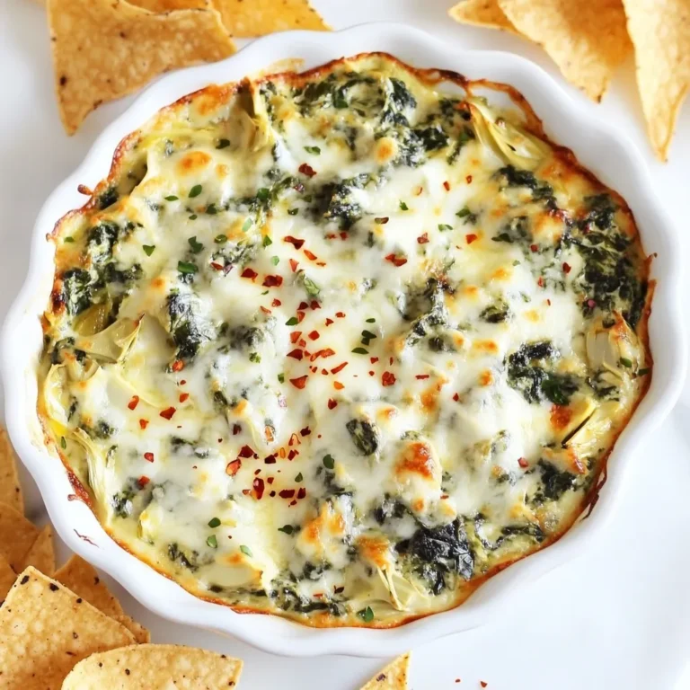 To make the best creamy spinach artichoke dip, you need these key ingredients: - 1 cup fresh spinach, chopped - 1 cup canned artichoke hearts, drained and chopped - 1 cup cream cheese, softened - 1/2 cup sour cream - 1/2 cup mayonnaise - 1 cup shredded mozzarella cheese - 1/4 cup grated Parmesan cheese - 2 cloves garlic, minced - 1/2 teaspoon garlic powder - 1/2 teaspoon onion powder - Salt and pepper to taste - 1 tablespoon olive oil These items work together to create a rich and creamy texture that everyone loves. You can also add some optional ingredients for more flavor: - Red pepper flakes for heat This simple addition can take your dip to the next level. If you need to make some changes, here are a few substitutions: - Use Greek yogurt instead of sour cream for a healthier option. - Swap mozzarella for Gouda or cheddar cheese for a different taste. - Try fresh garlic if you prefer a stronger flavor. These swaps can help fit your taste or dietary needs while still keeping the dip delicious! {{ingredient_image_1}} 1. Preheat your oven to 350°F (175°C). This helps your dip bake evenly. 2. In a medium skillet, heat 1 tablespoon of olive oil over medium heat. 3. Add 2 cloves of minced garlic and sauté for 1 minute. Watch it closely! 4. In a large bowl, mix 1 cup of softened cream cheese, 1/2 cup sour cream, and 1/2 cup mayonnaise until smooth. 5. Stir in 1 cup of chopped fresh spinach and 1 cup of drained, chopped artichoke hearts. 6. Blend in 1 cup of shredded mozzarella cheese and 1/4 cup of grated Parmesan cheese. 7. Add the sautéed garlic, 1/2 teaspoon garlic powder, and 1/2 teaspoon onion powder. 8. Season with salt and pepper to taste. If you like heat, add red pepper flakes. 1. Transfer the dip mixture to an oven-safe baking dish. Spread it out evenly. 2. Bake for 25-30 minutes. Look for a bubbly, golden top. This means it’s ready! 3. Once done, take it out and let it cool slightly before serving. Serve your warm dip with tortilla chips, sliced baguette, or fresh veggie sticks. For a nice touch, garnish with fresh parsley or a sprinkle of red pepper flakes. Enjoy! To get a creamy dip, you want to mix well. Start with softened cream cheese. Mix it with sour cream and mayonnaise until smooth. This base gives your dip a nice, rich feel. When you add spinach and artichokes, chop them finely. This helps them blend better. For that gooey stretch, use fresh mozzarella. It melts beautifully and adds flavor. Baking your dip right is key. Preheat your oven to 350°F (175°C) to start. This temperature helps the dip cook evenly. Aim for 25 to 30 minutes in the oven. You want the top to turn golden and bubbly. If you bake it too long, it can dry out. So, keep an eye on it as it cooks. One mistake is not softening the cream cheese. Cold cream cheese makes it hard to mix. Another mistake is overcooking the dip. Watch for that golden top! Also, don’t forget to season well. Salt and pepper can enhance the flavors. Lastly, if you want heat, add red pepper flakes before baking. This gives a nice kick to your dip! Pro Tips Fresh Ingredients: Using fresh spinach and high-quality artichoke hearts will enhance the flavor of your dip significantly. Adjust the Creaminess: If you prefer a creamier dip, feel free to add more cream cheese or sour cream to the mixture. Make Ahead: This dip can be prepared a day in advance. Just store it covered in the fridge and bake it right before serving. Flavor Variations: Experiment with adding different spices or cheeses such as feta or cheddar for a unique twist on the classic recipe. {{image_2}} You can change the cheese for new flavors. Try adding Gouda or Cheddar for a rich taste. Gouda melts well and adds a smoky flavor. Cheddar gives a sharp bite that many love. You can mix different cheeses for more depth. Just remember to keep the blend creamy. Fresh herbs can brighten your dip. Add basil or dill for a fresh twist. Basil gives a sweet, aromatic quality. Dill adds a nice, tangy note. You can also try parsley or chives for a mild flavor. Mix these herbs right into the dip for a burst of taste. Want a lighter dip? Use Greek yogurt instead of sour cream. It adds creaminess and cuts calories. You can also swap out some mayo for more yogurt. This keeps the dip tasty while making it healthier. You can enjoy your dip guilt-free while still savoring every bite. To keep your creamy spinach artichoke dip fresh, store it in an airtight container. Let the dip cool to room temperature before sealing it. Place the container in the fridge. It will stay good for about three to five days. When you're ready to enjoy the dip again, reheat it gently. Use the oven or microwave. If using the oven, preheat to 350°F (175°C). Place the dip in an oven-safe dish and cover with foil. Bake for about 15-20 minutes, or until warm. If using a microwave, heat in 30-second intervals, stirring in between. This keeps it creamy and delicious. You can freeze the dip if you want to save some for later. Place it in a freezer-safe container. Make sure to leave some space at the top for expansion. It can last for about two to three months in the freezer. To use, thaw it in the fridge overnight. Reheat as mentioned before for the best taste. Yes, you can make this dip ahead of time. Prepare it fully, then cover and refrigerate it. When you are ready to bake, just pop it in the oven. It may need a few extra minutes to heat through. I often prepare it the night before and bake it just before serving. This way, it’s fresh and warm for my guests. Yes, this dip is gluten-free. All the ingredients listed, like cream cheese and artichoke hearts, do not contain gluten. Just be sure to check any store-bought items, like mayonnaise, to ensure they are labeled gluten-free. This dip is a great choice for gluten-free gatherings. You can serve this dip with many tasty options. Here are some of my favorites: - Tortilla chips - Sliced baguette - Fresh vegetable sticks, like carrots or celery - Pita chips These choices add a nice crunch and complement the creamy dip well. You can mix and match to find what you like best! In this post, we explored how to make creamy spinach artichoke dip, from key ingredients to baking tips. We discussed optional ingredients and substitutions to boost flavor. I shared the best ways to store and reheat leftovers, plus common mistakes to avoid. This dip is versatile, and you can even try different cheeses. Keep experimenting until you find your favorite version. With these tips, you will impress everyone with your dip at the next gathering. Enjoy making it!