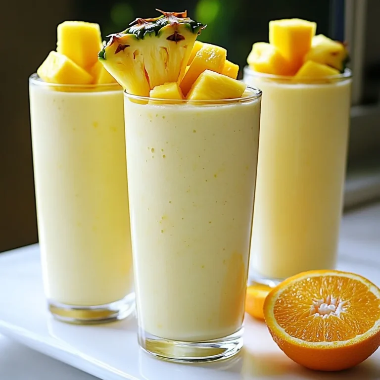 To make the Tropic Sunrise Smoothie, gather these simple ingredients: - 1 ripe banana - 1 cup pineapple chunks (fresh or frozen) - 1/2 cup mango chunks (fresh or frozen) - 1/2 cup coconut milk - 1/2 cup orange juice - 1 tablespoon chia seeds - 1 teaspoon honey or agave syrup (optional) - Ice cubes (optional for a thicker texture) You can customize your smoothie with these add-ins: - Spinach or kale for extra greens - A scoop of protein powder for a boost - A tablespoon of nut butter for creaminess - Flax seeds for added fiber These add-ins can enhance flavor and nutrition. Feel free to mix and match based on your taste! If you don't have something on hand, here are some easy swaps: - Use almond milk or oat milk instead of coconut milk. - Try using frozen fruit if fresh is not available. - Maple syrup can replace honey or agave syrup. - For a tropical twist, add passion fruit or guava. These substitutions keep the flavors tasty while fitting your needs. Enjoy being creative! {{ingredient_image_1}} To make the Tropic Sunrise Smoothie, start by gathering your ingredients. You need: - 1 ripe banana - 1 cup pineapple chunks (fresh or frozen) - 1/2 cup mango chunks (fresh or frozen) - 1/2 cup coconut milk - 1/2 cup orange juice - 1 tablespoon chia seeds - 1 teaspoon honey or agave syrup (optional) - Ice cubes (optional for a thicker texture) Begin by peeling the banana and breaking it into smaller pieces. Next, add the banana, pineapple chunks, and mango chunks into your blender. These fruits give the smoothie its fresh and fruity flavor. Now, pour in the coconut milk and orange juice. The coconut milk adds creaminess, and the orange juice gives a zesty touch. Then, sprinkle the chia seeds into the mix. If you want to sweeten your smoothie, add honey or agave syrup at this stage. If you like a thicker texture, toss in a handful of ice cubes. Blend everything on high speed for about 30 to 60 seconds. Keep blending until smooth and creamy. Taste your smoothie and adjust the sweetness if you want. Just blend again to mix any changes. Finally, pour the smoothie into tall glasses. Enjoy your vibrant drink right away! For the best results, use a high-speed blender. This helps break down all the fruits and seeds quickly. If your blender struggles, stop and stir the mix. You can add a bit more liquid if needed. Blend until everything is smooth. If you want a thicker smoothie, add more ice cubes and blend again. This will give you that perfect tropical texture. Serve your Tropic Sunrise Smoothie in tall glasses for a beautiful look. To make it even more appealing, garnish with fresh mango or pineapple chunks on top. You can also add a slice of orange on the rim of the glass. This adds color and makes it fun to drink! The Tropic Sunrise Smoothie is packed with health benefits from each ingredient. - Banana: This fruit gives you energy and helps with digestion. It has potassium, which is good for your heart. - Pineapple: Pineapples are high in vitamin C. They help your body fight off illness and boost your immune system. - Mango: Mangoes are rich in vitamins A and C. They support your skin and eyes and add sweetness without added sugar. - Coconut milk: This milk is creamy and adds healthy fats. It helps keep your heart healthy and makes you feel full. - Orange juice: Fresh orange juice adds a tasty zing. It hydrates and provides vitamin C, which helps your skin glow. - Chia seeds: These tiny seeds are full of fiber and protein. They keep you full and help with digestion. This smoothie is not only tasty but also low in calories. Here’s a quick look at the calories from each main ingredient: - Banana: 105 calories - Pineapple: 82 calories - Mango: 60 calories - Coconut milk: 50 calories - Orange juice: 112 calories - Chia seeds: 58 calories If you add honey or agave syrup, count an extra 21 calories per tablespoon. This means the total calories for the smoothie is around 388 without added sweeteners. One serving of the Tropic Sunrise Smoothie contains: - Calories: About 194 (if divided into two servings) - Carbohydrates: 42 grams - Protein: 3 grams - Fat: 8 grams - Fiber: 7 grams This smoothie gives you vitamins and minerals your body needs. It fills you up and keeps your energy high, making it a great choice for breakfast or a snack. Enjoy! Pro Tips Use Frozen Fruit: For a creamier texture and colder smoothie, use frozen pineapple and mango chunks instead of fresh. Chia Seed Benefits: Chia seeds not only add texture but also boost the nutritional value with fiber, protein, and omega-3 fatty acids. Sweetness Adjustment: Depending on the ripeness of your fruit, you may need to adjust the sweetness. Always taste before serving! Garnish for Presentation: Enhance the visual appeal by garnishing with fresh fruit or a sprig of mint on top of your smoothie. {{image_2}} To get a smooth and creamy Tropic Sunrise Smoothie, use ripe fruits. Ripe bananas and juicy pineapples blend well. If you want a thicker smoothie, add more ice cubes. For a thinner texture, add extra coconut milk or orange juice. Blend for 30 to 60 seconds until everything is well mixed. Check the texture and blend longer if needed. The sweetness of your smoothie can change based on the fruit's ripeness. If it tastes too tart, add a teaspoon of honey or agave syrup. Blend again to mix in the sweetness. You can also skip the sweetener if you prefer a natural taste. Always taste before serving to make sure it’s just right for you. A fun drink needs a fun look! Pour your smoothie into tall glasses. Top with fresh chunks of mango or pineapple for color. A slice of orange on the glass rim adds a sunny touch. Use colorful straws to make it even more inviting. Serve right away to enjoy the best flavors! To make the Tropic Sunrise Smoothie vegan, simply skip the honey. You can use agave syrup if you want some sweetness. All the other ingredients are vegan-friendly. This smoothie is still tasty and creamy without any animal products. Want to boost your smoothie with protein? Add a scoop of your favorite protein powder. It blends well with the fruit and coconut milk. You can also use Greek yogurt for a creamy texture. This option keeps you full longer and gives you energy. For a green twist, add a handful of spinach or kale. These greens mix well with the fruit and coconut milk. They add nutrients without changing the flavor much. You can also try adding avocado for creaminess. This is a great way to sneak in some veggies. To make the smoothie thinner, add more liquid. You can use water, more orange juice, or even extra coconut milk. Blend it again to mix. Start with a little and add more as needed. This way, you control the texture just how you like it. Yes, you can prepare the smoothie in advance. Just blend the ingredients and store it in a sealed container. Keep it in the fridge for up to 24 hours. When you are ready to drink, shake it well or blend it again. This helps keep the flavors fresh and tasty. If you want an alternative to coconut milk, try almond milk or soy milk. Both options give a nice flavor and keep it creamy. You can also use oat milk for a thicker texture. Choose what you like best! This blog post covered the key ingredients, steps, and nutritional benefits of making smoothies. We explored optional add-ins and ingredient substitutions to tailor your drink. Tips helped with consistency and presentation, ensuring a tasty result. In the end, smoothies offer a fun way to enjoy nutrients. Experimenting with flavors and variations keeps it exciting. Try different combos to find your favorite! Make healthy drinks a part of your day.