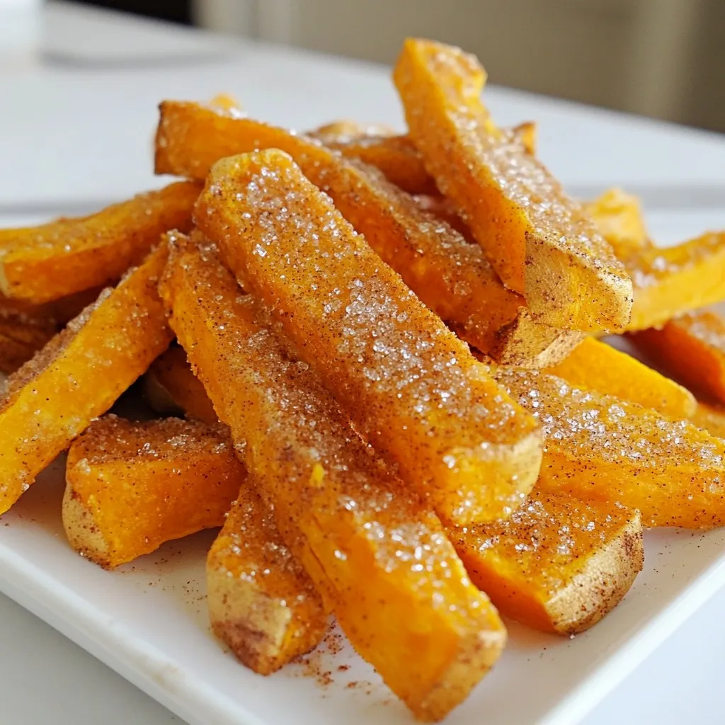 - 2 large sweet potatoes, peeled and cut into thin fries - 2 tablespoons olive oil - 1/4 cup granulated sugar - 1 teaspoon ground cinnamon - 1/4 teaspoon salt - 1/4 teaspoon cayenne pepper (optional) - Cooking spray - Baking sheet - Parchment paper - Large bowl - Small bowl - Calories per serving: Approximately 180 - Macronutrient breakdown: - Carbohydrates: 38g - Protein: 2g - Fat: 7g - Fiber: 5g {{ingredient_image_1}} First, peel the sweet potatoes. This step is key. Then, cut them into thin fries. Aim for uniform sizes. This helps them cook evenly. Next, place the cut fries in a large bowl. Drizzle 2 tablespoons of olive oil over them. Toss the fries well until they are coated. You want them shiny, not greasy. In a small bowl, combine 1/4 cup of granulated sugar and 1 teaspoon of ground cinnamon. Add 1/4 teaspoon of salt to balance the flavors. If you like a bit of heat, add 1/4 teaspoon of cayenne pepper. Mix well to blend all the spices. Taste it. If you want it sweeter, add more sugar. If you want more spice, add more cinnamon. Preheat your oven to 425°F (220°C). Line a baking sheet with parchment paper. Lightly spray it with cooking spray. This helps with sticking. Spread the sweet potato fries on the sheet. Make sure they are in a single layer. Do not let them overlap. This step is crucial for crispiness. Bake for 20-25 minutes. Flip the fries halfway through. They should turn golden brown and crispy. Once done, take them out and let cool for a few minutes. For extra flavor, sprinkle a bit more cinnamon sugar on top. To get crispy fries, space them out on the baking sheet. If you crowd them, they will steam instead of crisp up. Aim for one even layer. Flipping the fries halfway through baking helps them cook evenly. Use a spatula to turn them gently for a nice brown color on all sides. You can boost the flavor of your fries with more spices. Try adding nutmeg, ginger, or even vanilla. If you want a savory twist, mix in some garlic powder or smoked paprika. You can also switch things up by using less sugar for a more savory take. Serve your fries in a fun way. Use a colorful plate or a basket lined with parchment paper. Drizzle them with a bit of honey or maple syrup for added sweetness. For dipping, try a creamy yogurt sauce or a spicy ketchup. These options can make your fries even more enjoyable! Pro Tips Cut Evenly: Make sure to cut the sweet potatoes into uniform sizes to ensure even cooking and crispiness. Soak for Crispiness: Soaking the cut sweet potatoes in cold water for 30 minutes before baking can help achieve a crispier texture. Adjust Spices: Feel free to adjust the amount of cinnamon and cayenne pepper according to your taste preferences for a personalized flavor. Storage Tips: Store any leftovers in an airtight container in the refrigerator and reheat in the oven to maintain crispiness. {{image_2}} You can make your sweet potato fries spicy. Just add chili powder or paprika to the cinnamon sugar mix. This gives a nice kick and balances the sweetness. Start with a small amount. You can always add more if you want extra heat. The spice adds fun to each bite. You can make these fries vegan by switching a few things. Instead of olive oil, use avocado oil or melted coconut oil. The cinnamon sugar mix stays the same, so that part is easy. Check your sugar too. Some brands use bone char in the processing. Look for vegan sugar to keep it plant-based. Want to try different flavors? Use maple syrup or honey instead of granulated sugar. Drizzle it on the fries before baking. This gives a unique taste. You can also sprinkle some sea salt on top after baking. This contrast of sweet and salty will wow your taste buds. To keep your fries fresh, let them cool down. Place the sweet potato fries in an airtight container. This will help keep them crispy. Store them in the fridge for up to three days. If you want to keep them longer, consider other options. The best way to reheat your fries is in the oven. Preheat your oven to 400°F (200°C). Spread the fries on a baking sheet. Bake them for about 10 minutes. This will help them regain their crispiness. You can also use an air fryer. Just heat it to 375°F (190°C) and cook for 5-7 minutes. You can freeze sweet potato fries for longer storage. To do this, lay the uncooked fries on a baking sheet. Freeze them for about 1-2 hours until they are firm. Then, transfer them to a freezer bag. Make sure to remove as much air as possible. You can also freeze fully cooked fries, but they may lose some crispiness. To use frozen fries, thaw them in the fridge overnight before reheating. Yes, you can make cinnamon sugar sweet potato fries in an air fryer. Here’s how: - Preheat your air fryer to 400°F (200°C). - Toss the sweet potato fries with olive oil and cinnamon sugar as you normally would. - Place the fries in the air fryer basket in a single layer. - Cook for 15-20 minutes, shaking the basket halfway through. - Check for crispiness and adjust the time as needed. Using an air fryer gives you a crunchy texture with less oil. It’s a great option for a quick snack! These fries pair well with many dishes. Here are some tasty ideas: - Serve with a side of creamy yogurt dip. - Try a sweet honey mustard sauce for a fun twist. - Pair with fresh fruit for a sweet and savory combo. - Enjoy with roasted chicken or pork for a complete meal. These options will enhance your snack and make it more delightful! You can make these fries healthier with a few simple changes: - Use less sugar in the cinnamon sugar mix. - Swap granulated sugar for a natural sweetener like maple syrup. - Reduce the amount of olive oil or use a spray for light coating. - Bake instead of frying to cut extra calories. These tweaks keep the flavor while making the fries a bit lighter! You can make delicious cinnamon sugar sweet potato fries by following these steps. We reviewed the key ingredients, recommended equipment, and nutrition facts. I also shared tips for crispy fries and fun variations. These tasty fries are easy to prepare and fun to eat. Whether you make them sweet or spicy, they will delight your taste buds. Remember to store leftovers properly so you can enjoy them later. Happy cooking!