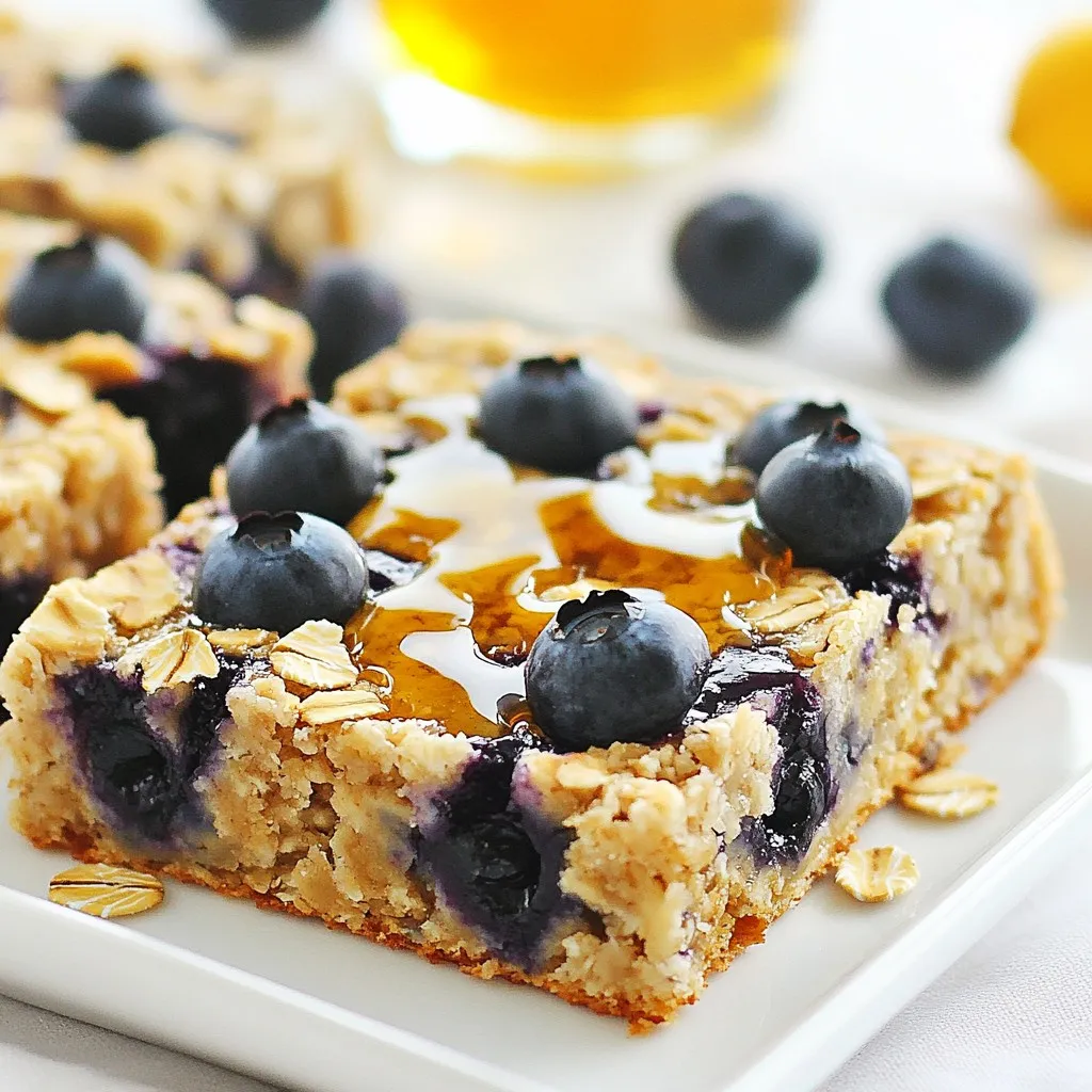 To make Blueberry Oatmeal Breakfast Squares, you'll need some simple, wholesome ingredients. Here’s the complete list: - 2 cups rolled oats - 1 cup almond milk (or any milk of choice) - 1/2 cup almond butter (or peanut butter) - 1/3 cup honey or maple syrup - 1 teaspoon vanilla extract - 1 teaspoon baking powder - 1/2 teaspoon salt - 1 teaspoon cinnamon - 1 cup fresh or frozen blueberries - Optional: Chopped nuts or seeds for added crunch Using these ingredients, you create a healthy breakfast that tastes great. The oats provide fiber, while blueberries add antioxidants. Almond butter gives healthy fats and protein. You can switch almond milk for any milk you prefer. Honey or maple syrup adds just the right amount of sweetness. The cinnamon brings warmth and flavor. These breakfast squares are perfect for busy mornings. You can grab them on the go. Plus, you can customize them with nuts or seeds for a fun crunch. Enjoy mixing these ingredients together and watching your breakfast come to life! {{ingredient_image_1}} - Preheat the Oven Start by preheating your oven to 350°F (175°C). This heat makes sure the squares bake evenly. - Prepare Baking Dish Line an 8x8 inch baking dish with parchment paper. Leave some paper hanging over the sides. This helps lift the squares out later. - Mix Dry Ingredients In a large bowl, combine 2 cups of rolled oats, 1 teaspoon of baking powder, 1/2 teaspoon of salt, and 1 teaspoon of cinnamon. Stir well to mix them evenly. - Whisk Together Ingredients In another bowl, whisk together 1 cup of almond milk, 1/2 cup of almond butter, 1/3 cup of honey or maple syrup, and 1 teaspoon of vanilla extract. Make sure this mixture is smooth. - Combine Mixtures Pour the wet mixture into the dry mixture. Stir until both mixtures blend well. Gently fold in 1 cup of fresh or frozen blueberries. Be careful not to crush them. - Transfer to Baking Dish Pour the mixture into your prepared baking dish. Use a spatula to spread it evenly. - Optional Toppings If you like, sprinkle some chopped nuts or seeds on top. This adds a nice crunch. - Bake Times and Indicators Place the dish in the oven and bake for 25-30 minutes. The edges should turn golden brown. A toothpick inserted in the center should come out clean. Let them cool for about 10 minutes in the dish. Then, lift them out using the parchment paper and let them cool on a wire rack. Once cool, slice into squares and enjoy! Ensuring Texture and Flavor To get the right texture, use rolled oats instead of quick oats. Rolled oats give a chewy bite. I love using almond butter for a creamy taste. If you want a nut-free option, peanut butter also works well. Make sure you mix the wet and dry ingredients fully. This helps all the flavors blend together. Tips for Even Baking For even baking, spread the mixture flat in the pan. Use a spatula to smooth the top. Keep an eye on the time. Check the squares at 25 minutes. If the edges are golden brown, they are ready. You can also test with a toothpick. If it comes out clean, your squares are done! Presentation Ideas Serve the squares warm for the best taste. Drizzle a bit of honey on top for extra sweetness. Add more blueberries for a fresh look. You can also sprinkle chopped nuts or seeds on top. This adds a nice crunch. Pairing with Beverages These breakfast squares pair well with almond milk or a nice cup of tea. You can also enjoy them with a smoothie. The flavors mix well and make a great start to your day. Substitutions for Ingredients If you need to swap almond milk, use oat milk or regular milk. For a nut-free option, try sunflower seed butter in place of almond butter. This keeps the squares creamy without nuts. You can also use agave syrup instead of honey for a vegan choice. Lower Sugar Options To cut sugar, reduce the honey to 1/4 cup. You can also use mashed bananas for sweetness. This adds flavor and moisture without extra sugar. Enjoy your Blueberry Oatmeal Breakfast Squares in a healthier way! Pro Tips Use Fresh Blueberries: Fresh blueberries enhance the flavor and texture of your squares. If using frozen, ensure they are thawed and drained to avoid excess moisture. Customize Sweetness: Adjust the amount of honey or maple syrup according to your taste preference. You can even use ripe bananas for natural sweetness. Chill for Easier Slicing: For cleaner cuts, chill the baked squares in the refrigerator for about an hour before slicing them into squares. Experiment with Mix-ins: Feel free to add other mix-ins like chocolate chips, dried fruits, or shredded coconut for extra flavor and texture. {{image_2}} You can change up the flavor of your Blueberry Oatmeal Breakfast Squares in fun ways. - Add-ins: Chopped nuts like walnuts or almonds add a nice crunch. Seeds like chia or flaxseed add nutrition. You can mix and match as you like. - Fruit Alternatives: If blueberries are not your favorite, try raspberries, diced apples, or even bananas. Each fruit gives a new taste. Adapting this recipe for different diets is easy and fun. - Gluten-Free Options: Use gluten-free oats instead of regular oats. This keeps your squares safe for those with gluten allergies. - Vegan Alternatives: Substitute honey with maple syrup or agave nectar. Choose a plant-based milk like soy or oat milk for a fully vegan treat. Switching ingredients by season can make this recipe even more exciting. - Using Seasonal Fruits: In summer, try peaches or strawberries. In fall, consider adding pumpkin puree and spices. Seasonal fruits add freshness and flavor. - Adjusting Spices for Seasons: Use warm spices like nutmeg or ginger in fall. In spring, stick with lighter flavors like lemon zest or mint. Adjusting spices gives your squares a seasonal twist. - Airtight Containers: Store your Blueberry Oatmeal Breakfast Squares in an airtight container. This keeps them fresh longer and prevents them from drying out. - Refrigeration Tips: Place the container in the fridge if you plan to eat them within a week. The cool air helps maintain their softness and flavor. - How to Freeze: To freeze, wrap individual squares in plastic wrap. Then, place them in a freezer-safe bag or container. This way, you can easily grab one when you want a quick snack. - Reheating Tips: Reheat frozen squares in the microwave for about 30 seconds. They should be warm and tasty. If you prefer, you can also heat them in the oven at 350°F (175°C) for about 10 minutes. - Shelf Life Without Refrigeration: These breakfast squares last about 2 days at room temperature. Keep them in a cool place to prevent spoilage. - Using Old Breakfast Squares: If you have old squares, check for any off smell or dry texture. If they seem okay, they are likely safe to eat. However, for the best taste, enjoy them fresh! You can use peanut butter or sunflower seed butter. Both work well. They add creaminess and flavor. Yes, you can use quick oats. They may change the texture slightly. The squares will be softer but still tasty. They last for about a week in an airtight container. You can also freeze them for longer storage. Absolutely! Use certified gluten-free oats. This ensures no cross-contamination occurs. Yes, you can use mashed bananas or unsweetened applesauce. These options add natural sweetness without added sugar. This blog covers a simple and tasty breakfast square recipe. You learned about the key ingredients, from oats to blueberries, and the step-by-step process for baking. Plus, I shared crucial tips for perfect texture and flavor, serving ideas, and healthy swaps. Remember, you can also explore variations to suit your taste. With the right storage, these breakfast squares can last long and stay fresh. Enjoy making this easy recipe, and feel free to experiment! It’s fun to create delicious and healthy meals for you and your family.