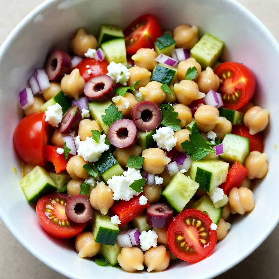 - 1 can (15 oz) chickpeas, rinsed and drained - 1 cup cherry tomatoes, halved - 1 cucumber, diced - 1 red bell pepper, diced - 1/4 red onion, finely chopped - 1/2 cup Kalamata olives, pitted and sliced - 1/4 cup feta cheese, crumbled - 2 tablespoons fresh parsley, chopped Chickpeas are the star of this salad. They add protein and fiber. Rinsing and draining them helps remove excess salt. Fresh vegetables make the dish colorful and crunchy. Cherry tomatoes bring sweetness. Cucumbers add a refreshing bite. Red bell peppers offer a slight crunch and sweetness. Red onions give a mild zing. Kalamata olives add a briny twist, while feta cheese brings creaminess and tang. Finally, parsley adds a fresh touch. - 2 tablespoons olive oil - 2 tablespoons lemon juice - 1 teaspoon dried oregano - Salt and pepper to taste The dressing is simple but flavorful. Olive oil adds richness and a smooth texture. Fresh lemon juice brightens the flavor and balances the oil. Dried oregano gives a hint of earthiness. Salt and pepper enhance all the tastes. Whisking these together creates a tasty dressing that brings the salad to life. With these fresh ingredients, you create a Mediterranean feast on your plate. Each bite is a burst of flavor and texture, making this salad a favorite for any meal. {{ingredient_image_1}} First, grab a large mixing bowl. Add one can of rinsed and drained chickpeas. Next, toss in one cup of halved cherry tomatoes. Then, add one diced cucumber, one diced red bell pepper, and a finely chopped red onion. These fresh veggies give the salad a nice crunch. Now, it's time to add flavor. Toss in half a cup of sliced Kalamata olives and a quarter cup of crumbled feta cheese. The olives add a briny taste, while the feta gives it creaminess. In a small bowl, whisk together two tablespoons of olive oil and two tablespoons of lemon juice. Add one teaspoon of dried oregano to the mix. Season with salt and pepper to taste. Whisk until the dressing is well combined. This simple dressing brings all the flavors together. Pour the dressing over the salad base. Gently toss everything together. Make sure all the ingredients are evenly coated. This step is key for great flavor. Next, sprinkle two tablespoons of chopped parsley on top for added freshness. Finally, taste the salad. Adjust the seasoning by adding more salt, pepper, or lemon juice if you want more flavor. Enjoy your fresh and colorful Mediterranean chickpea salad! - Choosing the Right Chickpeas: Use canned chickpeas for ease. Rinse them well to remove extra salt. If you have time, cook dried chickpeas for better taste. Soak them overnight and boil until tender. - Freshness of Vegetables: Select bright, firm vegetables. Look for plump cherry tomatoes and crisp cucumbers. Fresh herbs like parsley add great flavor. Always wash your veggies before cutting. - Serving Suggestions: Serve your salad in a big bowl for sharing. You can also use individual plates for a nice touch. Keep it colorful to make it eye-catching. - Garnishing Ideas: Add extra parsley on top for color. Place whole Kalamata olives around the salad. A light drizzle of olive oil adds shine and flavor. Pro Tips Fresh Ingredients: Use ripe cherry tomatoes and fresh cucumber for a burst of flavor. The quality of your ingredients can elevate this simple salad. Chill Before Serving: Let the salad sit in the refrigerator for about 30 minutes before serving. This allows the flavors to meld beautifully. Make It Your Own: Feel free to add other vegetables like bell peppers or even avocado. Customize the salad to your taste preferences! Serving Suggestions: This salad pairs wonderfully with grilled meats or can be enjoyed as a light meal on its own. Consider serving with pita bread for a complete Mediterranean experience! {{image_2}} You can switch feta cheese for goat cheese. Goat cheese gives a creamy touch. It has a tangy flavor that pairs well with the salad. You may also try mozzarella for a milder taste. Just remember, each cheese will change the salad's flavor. Feel free to mix in other vegetables. Try adding bell peppers in different colors for more crunch. Zucchini or carrots can also work well. If you like greens, add spinach or kale. Each swap offers a new taste and texture. Want to make the salad heartier? Add proteins like grilled chicken or shrimp. Chickpeas are great, but meats boost the meal. For a plant-based option, toss in some cubed tofu. You’ll get a protein-packed dish that fills you up. For those who love heat, add red pepper flakes or chopped jalapeños. A little spice can make the salad pop with flavor. Alternatively, add fresh herbs like basil or mint for a fresh kick. Each spice or herb gives a new twist to the dish. To keep your Mediterranean chickpea salad fresh, store it in an airtight container. This method helps prevent the salad from drying out or absorbing other fridge smells. You can also cover the bowl tightly with plastic wrap. The shelf life of this salad is about three days in the fridge. After that, the veggies may lose their crunch, and the taste might change. Always check for any signs of spoilage before eating. Can you freeze Mediterranean chickpea salad? I don't recommend it. Freezing can make the vegetables mushy and change the flavors. The texture of the chickpeas can also change. If you still want to freeze it, consider the best practices. First, store only the chickpeas and dressing separately from the veggies. This way, you can keep the salad fresh when you thaw it. Use freezer-safe bags or containers to prevent freezer burn. Chickpeas are a great source of protein. One can of chickpeas has about 15 grams of protein. They are also rich in fiber, which helps you feel full. Each serving has about 12 grams of fiber. This helps with digestion and keeps your heart healthy. Nutritional Profile Chickpeas are low in fat and high in nutrients. They contain vitamins and minerals like iron and magnesium. These nutrients support your body’s functions. Benefits of Each Ingredient - Cherry Tomatoes: They are full of vitamins A and C. They also add a sweet flavor. - Cucumber: This veggie is hydrating and low in calories. It adds crunch to the salad. - Red Bell Pepper: This pepper is high in vitamin C, good for your skin. - Red Onion: This adds flavor and antioxidants. - Kalamata Olives: They contain healthy fats that support heart health. - Feta Cheese: This cheese adds protein and calcium. - Parsley: It freshens the dish and adds vitamins K and C. Yes, you can make this salad ahead of time. It tastes better after sitting for a bit. The flavors mix and become more vibrant. Timing for Best Flavor For best flavor, chill the salad for at least one hour. This allows the dressing to soak into the veggies. How to Prepare in Advance You can wash and chop the veggies a day before. Store them in the fridge. Mix the dressing separately and add it just before serving. This keeps the salad fresh and crunchy. Yes, the salad can be vegan. Just leave out the feta cheese. Dairy-Free Alternatives You can use a vegan feta cheese or nutritional yeast for added flavor. This adds a cheesy taste without dairy. Customizing for Dietary Needs Feel free to swap out any veggies. You can add or remove ingredients based on your preference. This salad is flexible and fun to make! This blog post explores the delightful Mediterranean chickpea salad. We covered key ingredients, from chickpeas to fresh veggies and feta. I shared steps for perfecting the salad, along with tips for great flavors and presentation. You learned how to swap ingredients and manage storage. This salad is not just tasty; it’s also healthy and easy to make. Enjoy customizing it to fit your taste and dietary needs. Dive into the world of fresh flavors and make this salad your own!