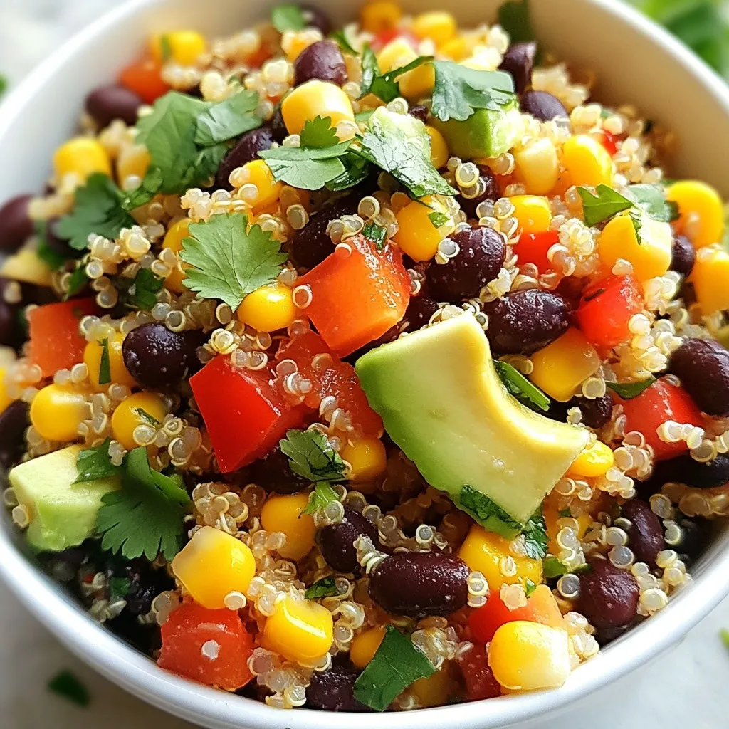 - 1 cup quinoa, rinsed: Quinoa is the star here. It adds protein and texture. - 2 cups vegetable broth or water: This gives the quinoa flavor. Broth is the best choice. - 1 can (15 oz) black beans, drained and rinsed: Black beans add fiber and protein. - 1 cup corn, frozen or canned: Corn brings sweetness and crunch to the salad. - 1 red bell pepper, diced: This adds color and a fresh taste. - 1/2 red onion, finely chopped: Onions give a nice bite to the dish. - 1 avocado, diced: Avocado adds creaminess and healthy fats. - 1 jalapeño, minced (optional for heat): This is for those who like a kick. - 1/4 cup fresh cilantro, chopped: Cilantro adds a fresh, herby flavor. - Juice of 2 limes: Lime juice gives a bright, zesty taste. - 3 tablespoons olive oil: Olive oil adds richness and helps blend flavors. - 1 teaspoon cumin: Cumin spices things up with its warm flavor. - 1 teaspoon chili powder: Chili powder adds depth and warmth. - Salt and pepper to taste: These enhance all the other flavors. - Heat options like jalapeño: If you want more heat, add jalapeño. - Garnishes for serving: Fresh cilantro and lime wedges make it look great. {{ingredient_image_1}} To cook the quinoa, start by boiling it. In a medium saucepan, mix 1 cup of rinsed quinoa with 2 cups of vegetable broth or water. Bring this to a boil over high heat. Once it bubbles, lower the heat to low. Cover the saucepan and let it simmer for about 15 minutes. You want the quinoa to be fluffy and absorb all the liquid. After cooking, remove it from the heat and let it cool completely. Next, you’ll mix the salad. In a large bowl, combine the cooled quinoa with the rest of your ingredients. Add 1 can of drained and rinsed black beans, 1 cup of corn, diced red bell pepper, finely chopped red onion, diced avocado, minced jalapeño, and chopped cilantro. Gently toss everything together to ensure even distribution. It's important that every bite has a mix of flavors and textures. Now it’s time to prepare the dressing. In a small bowl, whisk together the juice of 2 limes, 3 tablespoons of olive oil, 1 teaspoon of cumin, 1 teaspoon of chili powder, salt, and pepper. After whisking, taste the dressing and adjust the seasoning if you like. If you want more zing, feel free to squeeze in more lime juice. Pour this dressing over the salad mixture and gently toss it all again. This step makes sure everything is well coated and flavorful. To make great quinoa, avoid common mistakes. First, always rinse the quinoa before cooking. This step removes the bitter coating. Next, use the right water to quinoa ratio. For fluffy quinoa, use two cups of broth or water for each cup of quinoa. To achieve fluffy quinoa, bring the broth to a boil. Once boiling, lower the heat and cover the pot. Let it simmer for about 15 minutes. When done, all the liquid should be gone. Remove it from heat and let it cool before mixing. When presenting your Southwest Quinoa Salad, use a large bowl. This way, everyone can see the colorful layers. For a nice touch, add fresh cilantro and lime wedges on the side. They not only look good but also add flavor. Pair this salad with grilled chicken or fish for a balanced meal. You can also serve it with tortilla chips for a fun crunch. Customizing the dressing is easy. You can add garlic or herbs like oregano for extra flavor. If you want more heat, try adding a splash of hot sauce to the dressing. For a heartier meal, include more protein options. Grilled shrimp or chicken work well. You can also add more beans or nuts for a filling boost. Pro Tips Rinse Your Quinoa: Always rinse quinoa before cooking to remove its natural coating, called saponin, which can make it taste bitter. Perfectly Cooked Quinoa: For fluffier quinoa, use a ratio of 1 part quinoa to 2 parts liquid and let it sit covered for 5 minutes after cooking. Customize Your Salad: Feel free to add or substitute ingredients based on your preference; cherry tomatoes, cucumber, or even grilled chicken would work well. Make It Ahead: This salad keeps well in the fridge for up to 3 days, making it a great option for meal prep or a quick lunch. {{image_2}} You can easily change the veggies in this salad. Try adding diced cucumbers, cherry tomatoes, or even sweet potatoes. These will give your dish a new twist. If you want a different base, swap quinoa for brown rice or farro. These grains add their own flavor and texture. This salad is great for many diets. It is already gluten-free and vegan. If you're looking for low-carb options, use cauliflower rice instead of quinoa. This keeps your meal light but still full of flavor. You can switch ingredients with the seasons. In spring, add fresh peas or asparagus. In summer, use ripe tomatoes and corn. In fall, consider roasted squash or sweet peppers. In winter, try kale or Brussels sprouts. Adapting your salad to the season keeps it fresh and exciting. To keep your Southwest Quinoa Salad fresh, store it in an airtight container. This helps keep the flavors intact. In the fridge, it lasts about 3 to 5 days. Make sure to check for any signs of spoilage before eating. If you want to save the salad for later, freezing is a great option. Pack it tightly in a freezer-safe bag or container. Try to remove as much air as possible. The salad can last up to 3 months in the freezer. When you're ready to eat, thaw it in the fridge overnight. This keeps the flavor and texture better than microwaving. Once your salad is stored, it might need a little love. Add a splash of lime juice to refresh the taste. You can also toss in extra cilantro or diced avocado right before serving. These toppings bring back the vibrant flavors and colors. You can store Southwest Quinoa Salad in the fridge for about 3 to 5 days. Keep it in an airtight container to maintain its freshness. The flavors will blend even more over time, making it taste great! Absolutely! Making this salad ahead of time is a smart choice. Prepare it the day before and let it chill in the fridge. This allows the flavors to mix. Just give it a quick stir before serving. If you want to keep the avocado fresh, add it just before you serve. To make your salad more filling, consider adding a protein source. Here are some ideas: - Grilled chicken - Shrimp - Tofu or tempeh - More beans, like chickpeas or kidney beans - Cooked grains like brown rice or farro These additions will not only make your meal heartier but will also provide extra nutrition. This blog post covered the main ingredients for a Southwest Quinoa Salad, including quinoa, beans, and fresh veggies. We explored how to cook quinoa and mix the salad, plus tips to enhance flavor. You can customize your salad with different ingredients and store it properly for later. In conclusion, this salad is not only tasty but also versatile. You can adapt it to your needs and enjoy it fresh or stored. Try it out, and I’m sure you’ll love the healthy and vibrant flavors!