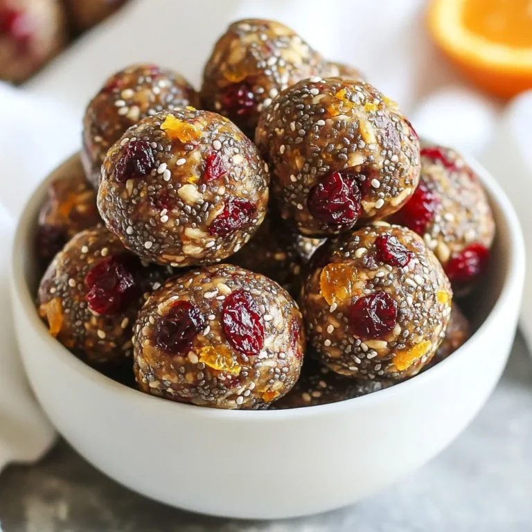 - 1 cup rolled oats - 1/2 cup almond butter (or peanut butter) - 1/4 cup honey or maple syrup - 1/2 cup chopped dried cranberries - Zest of 1 orange - 1 tablespoon fresh orange juice - 1/4 cup chia seeds - 1/2 teaspoon vanilla extract - Pinch of salt When I make Cranberry Orange Power Balls, I love using fresh and simple ingredients. Each ingredient plays a role in flavor and texture. The rolled oats give a hearty base. Almond butter or peanut butter adds creaminess and energy. Honey or maple syrup sweetens the mix and helps bind it all together. Chopped dried cranberries bring a sweet and tart punch. The zest and juice from the orange brighten everything up. Chia seeds add a nice crunch and boost nutrition. A dash of vanilla extract enhances the flavor, while a pinch of salt balances it all. - Substitute almond butter with peanut butter or sunflower seed butter. - Use agave syrup or coconut sugar in place of honey or maple syrup. - Add protein powder or dark chocolate chips for extra energy. You can easily switch things up! If you're not a fan of almond butter, peanut butter works great too. For sweeteners, try agave syrup for a lighter taste. Want a chocolate twist? Sprinkle in some dark chocolate chips or a scoop of protein powder. These small changes can create a variety of tasty snacks. {{ingredient_image_1}} To start, grab a large mixing bowl. Add 1 cup of rolled oats. Next, scoop in 1/2 cup of almond butter. If you prefer, you can use peanut butter instead. Then, pour in 1/4 cup of honey or maple syrup. Stir all these ingredients together until they blend well. Now, it’s time to mix in the fun stuff. Add 1/2 cup of chopped dried cranberries. Then, zest one orange directly into the bowl. This gives a bright flavor. Squeeze in 1 tablespoon of fresh orange juice for a splash of tang. Next, toss in 1/4 cup of chia seeds, 1/2 teaspoon of vanilla extract, and a pinch of salt. Use your hands or a spatula to mix everything until it forms a sticky mixture. Once your mixture is ready, cover the bowl. Place it in the fridge for about 30 minutes. This helps the mixture firm up, making it easier to handle. After chilling, take it out. Use your hands to scoop out small amounts. Roll them into balls about 1 inch in size. Arrange these power balls on a parchment-lined baking sheet or a plate, leaving some space between them. Now, let’s get them nice and firm. Put the tray back in the fridge for another 30 minutes. This final chilling helps the power balls keep their shape. For storage, place any leftovers in an airtight container. Store them in the fridge. To keep their texture, avoid leaving them out for long. Enjoy your tasty and healthy snack! Chilling is key to getting the right texture for your power balls. When you chill the mixture, it firms up nicely. This makes it easier to roll into balls. Aim for about 30 minutes in the fridge. To handle sticky mixtures, wet your hands slightly. This helps prevent the mixture from sticking too much. You can also use a spatula to portion out the mixture before rolling. This makes it much easier to work with. For a fun presentation, arrange the power balls in a small bowl. You can sprinkle some extra chia seeds or orange zest on top. This adds a nice touch and makes them look appealing. Serve with toothpicks for easy snacking. These power balls pair well with hot tea or cold juice. They also go great with yogurt or smoothies. Enjoy them as a quick snack or a healthy dessert! You can easily adjust the recipe for different diet needs. If you want it vegan, just use maple syrup instead of honey. For nut-free options, sunflower seed butter works well. Feel free to mix in other ingredients too. Try adding chopped nuts, seeds, or even dark chocolate chips. You can also switch the fruit. Dried apricots or raisins are tasty alternatives. The options are endless! Pro Tips Use Fresh Ingredients: Opt for fresh orange juice and zest for a vibrant flavor that enhances the overall taste of the power balls. Customize Your Mix-ins: Feel free to substitute dried cranberries with other dried fruits like apricots or raisins, and add nuts or seeds for extra crunch. Adjust Sweetness: Depending on your preference, you can adjust the amount of honey or maple syrup to make the power balls sweeter or less sweet. Perfect Storage: Keep the power balls in an airtight container in the fridge to maintain freshness for up to a week, or freeze for longer storage. {{image_2}} You can easily change the taste of your Cranberry Orange Power Balls. Adding different nuts or seeds can give them a nice crunch. Consider using walnuts, pecans, or sunflower seeds. Each option adds a unique flavor and texture. You can also swap out the dried cranberries. Try raisins, chopped dates, or even dried cherries. If you want a different twist, add some cocoa powder for a chocolatey taste. The zest of a lemon instead of orange can brighten the flavor too. If you need gluten-free options, use certified gluten-free oats. They work just as well as regular oats. You can also make these power balls vegan. Just replace honey with maple syrup or agave. This keeps the sweetness without using animal products. Different cultures can inspire your power balls. For example, add spices like cinnamon or nutmeg for a warm flavor. This gives a cozy feel, perfect for fall. You can also incorporate local fruits or nuts. If you live near a pecan farm, try using those instead of almonds. Experimenting with ingredients lets you create your own special version of these tasty snacks. To keep your Cranberry Orange Power Balls fresh, store them in an airtight container. This helps prevent moisture from making them soggy. Place the container in the fridge. The cool air keeps the flavors bright and the texture firm. These power balls will last about one week in the fridge. Check for signs of spoilage, like off smells or mold. If they feel dry or crumbly, they may be past their best. You can freeze the power balls for longer storage. Place them in a single layer on a baking sheet to freeze first. Once frozen, transfer them to an airtight container or freezer bag. They will stay good for up to three months. To serve, thaw them in the fridge overnight or leave them out for a few hours before eating. Making Cranberry Orange Power Balls takes about 1 hour. This includes 15 minutes for prep and 45 minutes of chilling time. You mix the ingredients in just a few minutes. The chilling helps the balls hold their shape. Yes, you can use other nut butters. Peanut butter works well and adds a nice flavor. Sunflower seed butter is another option for nut-free diets. Just keep the same amount as almond butter. Cranberry Orange Power Balls are healthy. They pack fiber from oats and chia seeds. Dried cranberries give natural sweetness and antioxidants. Nut butter adds healthy fats and protein. This snack is a great choice for energy. To adjust the sweetness, you can change the honey or maple syrup amount. If you want less sweetness, reduce the amount by a tablespoon. If you prefer more sweetness, add a little more. Taste the mixture before rolling. Yes, you can make these ahead of time. They store well in the fridge for about a week. Just prepare and chill them, then keep them in an airtight container. This makes snack time easy and quick. Cranberry Orange Power Balls are easy to make and full of flavor. We covered the ingredients, preparation, and variations. I shared tips for the right texture and how to customize these snacks. These bites offer a great mix of taste and health. You can make them for fun, easy snacks at home or on the go. Enjoy trying out different combinations to fit your taste. These power balls are sure to delight!