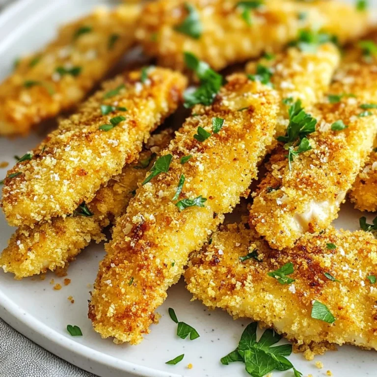 To make Air Fryer Garlic Parmesan Chicken Tenders, gather these ingredients: - Chicken breast and preparation - 1 lb chicken breast, cut into strips - Breadcrumbs and cheese - 1 cup breadcrumbs (panko preferred) - 1/2 cup grated Parmesan cheese - Seasoning ingredients - 1 teaspoon garlic powder - 1 teaspoon onion powder - 1 teaspoon Italian seasoning - 1/2 teaspoon black pepper - 1/2 teaspoon salt - Additional items for garnishing - 2 large eggs - 2 tablespoons olive oil - Fresh parsley, chopped (for garnish) Each ingredient plays a key role in making the tenders flavorful and crispy. The chicken breast provides a lean protein base. Panko breadcrumbs give a light and crunchy coating. Parmesan cheese enhances the savory taste. The seasonings add depth and warmth. Olive oil helps the coating crisp up in the air fryer. Finally, fresh parsley adds a pop of color and freshness when serving. {{ingredient_image_1}} First, cut 1 pound of chicken breast into strips. Try to make them even. This helps them cook well. Next, preheat your air fryer to 400°F (200°C). This takes about 5 minutes. Preheating makes the chicken tenders crispy. In a shallow bowl, whisk together 2 large eggs and 2 tablespoons of olive oil. Mix until smooth. Then, take another bowl and combine 1 cup of breadcrumbs, 1/2 cup of grated Parmesan cheese, 1 teaspoon of garlic powder, 1 teaspoon of onion powder, 1 teaspoon of Italian seasoning, 1/2 teaspoon of black pepper, and 1/2 teaspoon of salt. Stir until all the ingredients blend well. Now, dip each chicken strip into the egg mixture. Let the extra egg drip off. Then, coat it in the breadcrumb mix. Press gently to help it stick. Place the coated chicken tenders in a single layer in the air fryer basket. Make sure they do not touch. Cook in the air fryer for 10 to 12 minutes. Flip them halfway through. They are done when they are golden brown. The internal temperature should be 165°F (74°C). Once cooked, take them out and let them rest for a few minutes. Garnish with chopped fresh parsley before serving. Enjoy your tasty chicken tenders! To get the crispiest tenders, here are some great tips: - Avoid soggy tenders: Make sure to pat the chicken dry before you coat it. Excess moisture can make the coating soggy. Also, don't skip the egg wash step; it helps the breadcrumbs stick better. - Ensuring even cooking: Arrange the chicken strips in a single layer in the air fryer. If they overlap, they won't cook evenly. Flip them halfway through cooking for a golden brown finish. You can make these tenders your own! - Adjusting spice levels: If you like heat, add some cayenne pepper or paprika to the breadcrumb mix. For a milder flavor, skip the spices or use less garlic powder. - Alternative coating options: Try using crushed cornflakes instead of breadcrumbs for a crunchier texture. You can also use almond flour for a low-carb alternative. Pair your chicken tenders with tasty sides! - Perfect pairings and sides: Serve these tenders with a fresh salad or warm garlic bread. Sweet potato fries also make a great side. - Dipping sauce ideas: Ranch dressing and honey mustard are classic choices. For a twist, try a spicy sriracha mayo or a tangy yogurt dip. Pro Tips Tip Title: Use Panko Breadcrumbs: Panko breadcrumbs create a lighter, crispier texture compared to traditional breadcrumbs, giving your chicken tenders an irresistible crunch. Tip Title: Double-Dip for Extra Crunch: For an even crunchier coating, dip the chicken strips in the egg mixture, coat them in breadcrumbs, and then dip them in the egg mixture again before the final breadcrumb coating. Tip Title: Preheat the Air Fryer: Always preheat your air fryer for optimal cooking results. This ensures even cooking and helps achieve that golden-brown finish. Tip Title: Check Internal Temperature: Use a meat thermometer to ensure that the chicken tenders reach an internal temperature of 165°F (74°C) for safe consumption. {{image_2}} You can make these chicken tenders gluten-free. Use gluten-free breadcrumbs instead of regular ones. You can find these at many stores or make your own. If you make your own, crush gluten-free crackers or oats into fine crumbs. Keep the cooking time the same, around 10-12 minutes. Check that they are golden brown and cooked through. Want to mix things up? Try using different cheeses. Mozzarella gives a creamy taste, while cheddar adds sharpness. You can also add herbs and spices to change the flavor. Consider using smoked paprika for a smoky touch or crushed red pepper for a bit of heat. Fresh herbs like thyme or rosemary can add a fresh twist too. If you don't have an air fryer, no worries! You can bake these tenders in the oven. Preheat your oven to 425°F (220°C). Place the coated chicken strips on a baking sheet lined with parchment paper. Bake for 15-20 minutes, flipping halfway through. For pan-frying, heat oil in a skillet over medium heat. Fry the chicken strips for about 4-5 minutes on each side. Aim for that nice golden brown color! Store leftover chicken tenders in a container with a tight lid. This keeps them fresh. Let the tenders cool to room temperature first. Then, place them in the fridge for up to three days. Use glass or plastic containers for best results. If you need to stack them, place parchment paper between layers. When it’s time to enjoy your leftovers, reheating is key. The best method is to use the air fryer again. Set it to 350°F (175°C) and heat for about 5-7 minutes. This keeps them crispy. If you don’t have an air fryer, use an oven. Preheat it to the same temperature and bake for 10-15 minutes. To keep your chicken tenders crispy, don’t cover them while reheating. This helps the air circulate. You can also spritz a little olive oil on them for extra crunch. If you want to freeze your chicken tenders, here’s how. First, let them cool completely. Then, lay them flat on a baking sheet. Freeze them for about 1-2 hours until solid. After they freeze, transfer them to a freezer bag. Remove as much air as possible. Label the bag with the date for easy reference. For the best results, use the frozen tenders within three months. When you're ready to eat, thaw them overnight in the fridge. You can also use the microwave, but it may make them soggy. After thawing, reheat them in the air fryer for the best texture. You should cook chicken tenders in your air fryer for 10 to 12 minutes. This time frame gives you the best results. Flip the tenders halfway through cooking for even browning. Always check to ensure they are golden brown and cooked through. Yes, you can make chicken tenders without eggs. You can use plain yogurt or buttermilk instead. These alternatives help the breadcrumbs stick well. You can also try a mix of water and cornstarch for a crispy coating. Chicken must reach an internal temperature of 165°F (74°C) to be safe to eat. Use a meat thermometer to check. This ensures that any harmful bacteria are killed. Always prioritize food safety when cooking chicken. In this post, we explored the delicious world of air fryer chicken tenders. We covered the key ingredients, step-by-step instructions, and helpful tips to get crispy results. You learned about variations, storage options, and answered common questions. Now, you have all the tools to make tasty chicken tenders at home. Enjoy customizing your meal, experimenting with flavors, and sharing with friends. Cooking can be fun and easy!