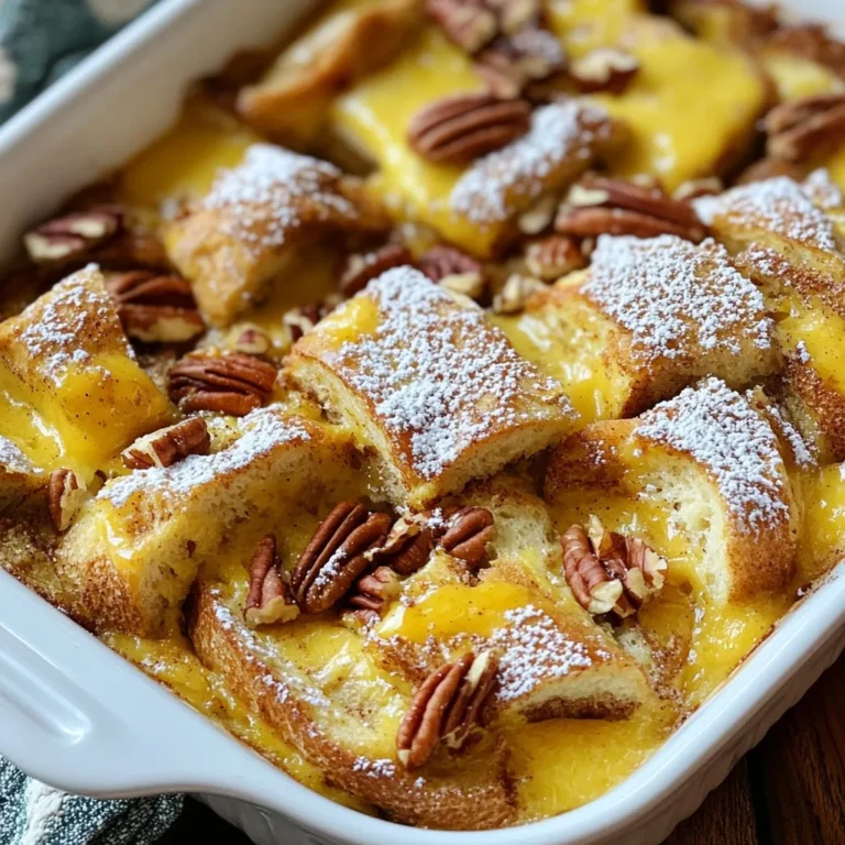 To make a delicious Maple Cinnamon French Toast Casserole, you need a few simple ingredients. Here’s the list: - 1 loaf of challah or brioche bread, cubed - 6 large eggs - 2 cups whole milk - 1/2 cup maple syrup (plus extra for serving) - 2 teaspoons vanilla extract - 1 tablespoon ground cinnamon - 1/4 teaspoon nutmeg - 1/4 teaspoon salt - 1/2 cup chopped pecans (optional) - Powdered sugar for dusting This dish shines with the right ingredients. Challah or brioche gives a soft, rich base. Eggs and milk create a creamy texture. Maple syrup adds sweetness, while vanilla and spices bring warmth. Pecans offer a nice crunch if you like. You can dust it with powdered sugar for a pretty finish. Each ingredient plays a role in making this casserole a crowd-pleaser. {{ingredient_image_1}} - Preheat your oven to 350°F (175°C). - Grease a 9x13-inch baking dish. - In a large bowl, whisk together: - 6 large eggs - 2 cups whole milk - 1/2 cup maple syrup - 2 teaspoons vanilla extract - 1 tablespoon ground cinnamon - 1/4 teaspoon nutmeg - 1/4 teaspoon salt Mix these until smooth. This creamy base is key for flavor. - Add the cubed bread to the egg mixture. - Gently fold in the chopped pecans if you choose to use them. - Pour this mixture into the greased baking dish. Spread it evenly for even cooking. - Cover the dish with plastic wrap or foil. - Let it soak in the refrigerator for at least 1 hour. For best results, let it sit overnight. - Remove the cover and place the dish in your preheated oven. - Bake for 35-40 minutes. - Check the interior to see if it is fully cooked and the top is golden brown. Watching it rise in the oven is a delight! Soaking time is key for a great texture. Letting the bread sit in the egg mix makes it soft. I suggest soaking it for at least one hour or even overnight. This helps the bread soak up all the flavors. Use challah or brioche bread for the best results. Both breads are rich and fluffy. They absorb the mixture well, making every bite delicious. You can try other breads, but they may not be as tasty. Serve your casserole warm with extra maple syrup. It adds a sweet touch that everyone loves. You can also top it with fresh fruits. Berries, bananas, or sliced apples are great choices. They add color and flavor to your dish. If you want less sweetness, try using honey or agave syrup. Both work well as a substitute for maple syrup. You can also adjust the spice levels. Add more cinnamon or nutmeg for a stronger flavor. Just be careful not to overdo it; a little goes a long way! Pro Tips Use Day-Old Bread: For the best texture, use day-old challah or brioche. Stale bread absorbs the custard better, resulting in a creamier casserole. Soak Overnight: Allowing the bread to soak in the custard mixture overnight enhances the flavor and consistency, making each bite a delicious treat. Add Variety: Experiment with mix-ins like chocolate chips, fresh berries, or dried fruits for added flavor and texture. Serve Immediately: This casserole is best enjoyed fresh out of the oven while it's warm and fluffy. Pair with whipped cream or yogurt for extra indulgence. {{image_2}} You can change the bread to fit your taste. Croissants add a rich, buttery flavor. They make the casserole soft and flaky. Whole wheat bread gives a nutty flavor and more fiber. Both choices create a unique twist on the classic recipe. Want to make it even more special? Try adding chocolate chips for a sweet surprise. Dried fruits like raisins or cranberries add a chewy texture and fruity notes. You can also sprinkle nuts or seeds on top. Pecans, walnuts, or even pumpkin seeds add crunch and flavor. If you need a dairy-free option, use almond or oat milk instead of whole milk. For gluten-free versions, choose gluten-free bread. These swaps still keep the casserole tasty and enjoyable for everyone. To store leftovers, let the casserole cool down first. Then, place it in an airtight container. This helps keep it fresh. You can store it in the fridge for up to three days. When you're ready to eat, you can reheat it easily. If you want to freeze the casserole, it's best to do this before baking. Prepare the casserole as normal, then cover it tightly with plastic wrap and foil. This keeps the flavors locked in. You can freeze it for up to three months. When you’re ready to bake, thaw it overnight in the fridge. After that, bake it at 350°F (175°C) as usual. To reheat leftovers, the oven is your best friend. Preheat it to 350°F (175°C). Place the casserole in an oven-safe dish and cover it with foil. Heat for about 15-20 minutes or until it’s warmed through. You can also use the microwave for quick reheating. Just heat it in short bursts, checking often to avoid drying it out. Enjoy your Maple Cinnamon French Toast Casserole warm and tasty! It takes about 15 minutes to prep this dish. After that, you need to let it soak. This soaking time can be at least one hour, or even overnight. The total time, including baking, is about 55 minutes. Yes, you can make this casserole the night before. Just prepare it and cover it well. Place it in your fridge overnight. This will let the flavors soak in more, making it even tastier. You can use flax eggs or chickpea flour for a vegan version. For one egg, mix one tablespoon of flaxseed meal with three tablespoons of water. Let it sit for five minutes to thicken. This works well in the casserole. Check the top for a golden brown color. Insert a knife into the center. If it comes out clean, the casserole is done. The inside should be set, not wet or runny. Absolutely! You can add fruits like diced apples, berries, or bananas. Just fold them into the bread mixture. They will add extra flavor and sweetness to your casserole. This blog post detailed a simple and tasty Maple Cinnamon French Toast Casserole. We covered the key ingredients, from cubed bread to spices, along with step-by-step baking instructions. You learned helpful tips to achieve the best texture and ways to adjust sweetness based on your taste. Variations allow for different breads and dietary needs. In the end, this dish is versatile and fun. You can serve it hot with maple syrup or fruits. Enjoy experimenting with flavors and share this recipe with others to spread the joy of cooking!