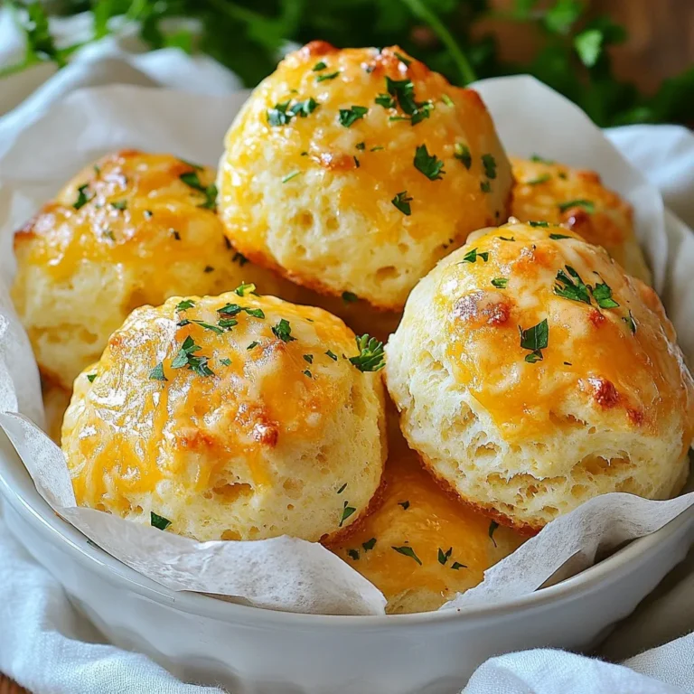 To make these tasty cheddar garlic drop biscuits, you will need: - 2 cups all-purpose flour - 1 tablespoon baking powder - 1/2 teaspoon salt - 1/4 teaspoon cayenne pepper - 1/2 cup unsalted butter, melted - 1 cup shredded sharp cheddar cheese - 2 cloves garlic, minced - 3/4 cup milk - 1 tablespoon fresh parsley, chopped (for garnish) You can make these biscuits your own! Consider adding: - Cooked bacon bits for a smoky flavor - Chopped green onions for a fresh twist - Different cheese types like mozzarella or pepper jack If you need to swap ingredients, here are some easy ideas: - Use whole wheat flour instead of all-purpose flour for a heartier biscuit. - Replace the butter with olive oil for a lighter option. - Use almond or soy milk if you want a dairy-free biscuit. {{ingredient_image_1}} 1. Start by preheating your oven to 425°F (220°C). This helps the biscuits rise well. 2. Line a baking sheet with parchment paper. This keeps the biscuits from sticking. 3. In a large bowl, whisk together 2 cups of flour, 1 tablespoon of baking powder, 1/2 teaspoon of salt, and 1/4 teaspoon of cayenne pepper. This mix creates a flavorful base. 4. In another bowl, mix 1/2 cup of melted unsalted butter with 2 cloves of minced garlic. Let it sit for a few minutes. This infuses the garlic flavor into the butter. 5. Pour the garlic butter into the flour mix. Stir until just combined. Do not overmix; this keeps the biscuits soft. 6. Fold in 1 cup of shredded sharp cheddar cheese. Make sure the cheese is evenly mixed in. 1. Gradually pour in 3/4 cup of milk. Stir gently until a soft dough forms. 2. Using a large spoon or cookie scoop, drop generous portions of dough onto the prepared baking sheet. Leave about 2 inches between each. 3. Bake in the preheated oven for 12-15 minutes. Look for golden brown tops. 4. Remove from the oven and let cool slightly. Garnish with fresh chopped parsley for a pop of color. - Use cold butter for a flakier biscuit. This helps create layers. - Do not overmix the dough. Overmixing can lead to tough biscuits. - For extra flavor, add more garlic or different herbs. Experiment and find what you love. - Serve warm for the best taste. Enjoy them fresh out of the oven! When making cheddar garlic drop biscuits, mix the dry ingredients first. This helps to ensure an even rise. Use a whisk to blend the flour, baking powder, salt, and cayenne pepper. Next, combine the melted butter and minced garlic in a separate bowl. Let the mixture sit for a few minutes. This allows the garlic to add its flavor to the butter. Pour this garlic butter into the dry mix, then stir gently. Be careful not to overmix; a few lumps are okay. This helps keep your biscuits light and fluffy. If you have leftover biscuits, let them cool first. Place them in an airtight container. You can also wrap them in plastic wrap. This keeps them fresh for up to three days at room temperature. If you want to keep them longer, consider freezing them. Wrap each biscuit in foil and place them in a freezer bag. They can last up to three months in the freezer. To enjoy leftover biscuits, reheat them for the best taste. Preheat your oven to 350°F (175°C). Place the biscuits on a baking sheet. Heat them for about 10 minutes or until warm. You can also microwave them for quick reheating. Place a biscuit on a microwave-safe plate and cover it with a damp paper towel. Heat for 15-20 seconds. This keeps the biscuit soft and moist. Enjoy them warm for the best flavor! Pro Tips Use Cold Butter: For flakier biscuits, use cold, cubed butter instead of melted. This creates pockets of steam while baking. Don't Overmix: Mix the dough just until combined to keep your biscuits tender. Overmixing can lead to tough biscuits. Experiment with Cheese: Try different types of cheese, such as Gruyère or pepper jack, for unique flavor variations. Serve Fresh: These biscuits are best served warm, straight from the oven. Reheat leftovers in a toaster oven for a crispy texture. {{image_2}} You can swap cheddar with other cheeses for fun flavors. Try mozzarella for a milder taste. Pepper jack adds a spicy kick. For a bold flavor, use blue cheese. Each cheese gives the biscuits its own twist. Mix and match for your own unique taste! Adding herbs and spices can boost flavor. Fresh rosemary or thyme brings a lovely scent. You could also add some Italian seasoning for a zesty touch. A pinch of smoked paprika will give a nice depth. Just make sure not to overpower the garlic and cheese! If you need a gluten-free option, it’s easy to adapt. Use a gluten-free flour blend instead of all-purpose flour. Make sure the blend has a good texture. You might need to adjust the liquid slightly. These biscuits can still be soft and tasty! To keep your cheddar garlic drop biscuits fresh, cool them first. Once they are cool, place them in an airtight container. This prevents air from making them stale. You can also wrap them in plastic wrap for extra protection. Store them at room temperature for up to two days. If you want to keep them longer, the fridge is a good option. Freezing biscuits is a great way to save them for later. First, let the biscuits cool completely. Next, place them on a baking sheet and freeze them for about an hour. This helps them hold their shape. Once frozen, transfer the biscuits to a freezer bag. Remove as much air as possible before sealing. They can last up to three months in the freezer. Homemade cheddar garlic drop biscuits taste best when fresh. When stored properly, they stay good for about two days at room temperature. If you keep them in the fridge, they can last up to a week. Freezing extends their life to about three months. Just remember to reheat them to enjoy their fluffy texture again! Yes, you can make these biscuits ahead of time. Prepare the dough and drop it onto the baking sheet. Cover the sheet with plastic wrap and store it in the fridge for up to 2 hours. When you’re ready, bake them straight from the fridge. This keeps your biscuits fresh and fluffy. To make these biscuits dairy-free, swap the butter for vegan butter. Use a plant-based milk like almond or soy instead of regular milk. Look for dairy-free cheese or leave it out if you prefer. The flavor will still be great without the dairy. These biscuits pair well with many dishes. Try serving them with soups, stews, or salads. They also make a great side for breakfast. Enjoy them with eggs or bacon. For a fun twist, serve them with honey or jam. They are tasty enough to stand alone, too! In this article, we explored how to make delicious cheddar garlic drop biscuits. We covered all key ingredients, from basic to optional ones, and how to customize your recipe. You learned step-by-step how to bake these biscuits to perfection, along with tips for mixing and storing. Variations let you add your favorite flavors, and proper storage keeps them fresh. With these insights, you'll create tasty biscuits to enjoy anytime. Happy baking!