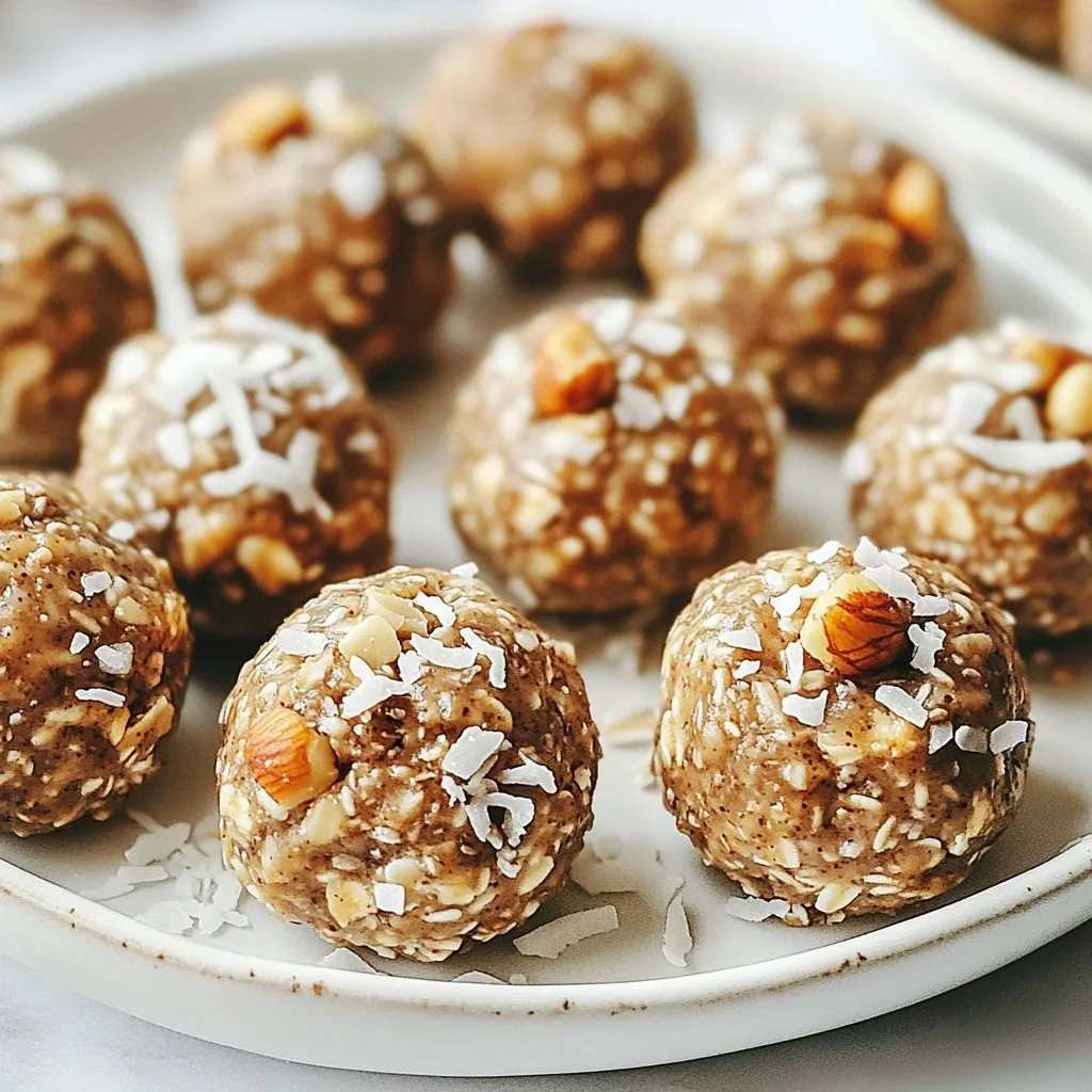 To make Vanilla Chai Energy Bites, you need these simple ingredients: - 1 cup rolled oats - ½ cup almond butter (or any nut/seed butter) - ¼ cup honey or maple syrup - 1 teaspoon vanilla extract - 1 teaspoon ground cinnamon - ½ teaspoon ground ginger - ¼ teaspoon ground cardamom - ¼ teaspoon ground cloves - ¼ teaspoon salt - ½ cup shredded coconut (unsweetened) - ¼ cup chopped nuts (walnuts or pecans) - 2 tablespoons chia seeds These ingredients all work together to create a tasty snack. The oats give you fiber, while the nut butter adds healthy fats. Honey or maple syrup sweetens the bites naturally. Vanilla extract brings in that lovely, warm flavor. The spices—cinnamon, ginger, cardamom, and cloves—give it that chai taste. Shredded coconut adds a nice chew, and nuts give a crunchy texture. Finally, chia seeds add some extra nutrition, making these bites a well-rounded snack. Feel free to adjust the nuts or sweeteners based on what you like. This recipe is quite flexible! {{ingredient_image_1}} - Step 1: In a large bowl, combine 1 cup of rolled oats, ½ cup of almond butter, ¼ cup of honey or maple syrup, and 1 teaspoon of vanilla extract. Mix until everything is well blended. This forms the base of your energy bites. - Step 2: Next, add the ground spices: 1 teaspoon of ground cinnamon, ½ teaspoon of ground ginger, ¼ teaspoon of ground cardamom, ¼ teaspoon of ground cloves, and ¼ teaspoon of salt. Stir well to ensure the spices spread evenly. Each spice adds warmth and depth to the flavor. - Step 3: Now, fold in ½ cup of unsweetened shredded coconut, ¼ cup of chopped nuts like walnuts or pecans, and 2 tablespoons of chia seeds. Mix well until all the ingredients are fully incorporated. The chia seeds pack a nutritional punch! - Step 4: Refrigerate the mixture for 20 to 30 minutes. This makes it easier to handle. Chilling helps the ingredients stick together better. - Step 5: After chilling, scoop out small portions, about 1 tablespoon each, and roll them into bite-sized balls. This step is fun and allows you to shape them as you like! - Step 6: Place the energy bites on a parchment-lined baking sheet or plate. Chill them for another 10 to 15 minutes to firm up. This step ensures they hold their shape well. - Step 7: Once set, store the bites in an airtight container in the refrigerator. They will stay fresh for up to a week. Enjoy these bites as a quick snack or a tasty energy boost anytime! To make great energy bites, chilling the mixture is key. When the mixture is cold, it holds together better. Aim for about 20-30 minutes in the fridge. This step makes rolling easier. Using kitchen gadgets helps mix your ingredients well. A sturdy spoon or spatula works fine. If you have a mixer, that can save time too. Just be gentle to keep the texture right. For rolling uniform bites, use a tablespoon to scoop out the mixture. This helps keep each bite the same size. Wet your hands slightly to prevent sticking. Roll each piece into a smooth ball for a nice finish. You can switch almond butter for any nut or seed butter you like. Sunflower seed butter is a great choice for nut allergies. When it comes to sweeteners, honey and maple syrup are both tasty. Honey gives a rich flavor, while maple syrup adds a unique twist. Choose what you prefer or have on hand. For a different taste, try other nuts. Walnuts and pecans add great crunch and flavor. You can even mix them for extra variety in each bite. Pro Tips Storage Tip: Keep your energy bites in an airtight container in the refrigerator for maximum freshness and convenience. Custom Flavor Tip: Feel free to experiment with different spices or add-ins such as cocoa powder or dried fruits for a unique twist. Nut Butter Tip: Substitute almond butter with peanut butter or sunflower seed butter for a different flavor profile that suits your preference. Chill Time Tip: Allowing the mixture to chill before rolling helps to firm it up, making it easier to form into perfect bite-sized balls. {{image_2}} You can easily change the flavor of your Vanilla Chai Energy Bites. Here are three ideas: - Adding cacao powder for a chocolate twist: Mix in two tablespoons of cacao powder. This adds rich chocolate flavor while keeping it healthy. - Incorporating dried fruits like cranberries or apricots: Chop up half a cup of dried fruit. This adds sweetness and texture. - Spicing it up with additional flavors like nutmeg or allspice: Add a pinch of nutmeg or allspice to the mix. This gives your bites a warm, cozy taste. These bites can fit many diets. Here are some adjustments you can make: - Making it vegan-friendly: Replace honey with maple syrup. This keeps it sweet without any animal products. - Gluten-free alternatives for rolled oats: Use certified gluten-free rolled oats. This makes the recipe safe for those with gluten allergies. - High-protein options: Add a scoop of protein powder. This boosts the protein content, making it a great pre-workout snack. To keep your Vanilla Chai Energy Bites fresh, use airtight containers. Glass jars or plastic containers work well. Make sure to seal them tightly. This keeps out air and moisture. Store the bites in the refrigerator. They like cool and dry places. Avoid leaving them in warm or humid spots. Heat can make them soggy. Humidity can cause them to spoil faster. These energy bites last about one week in the refrigerator. Check them before eating. If you see mold or they smell off, it's best to toss them. Fresh energy bites should feel firm and smell sweet and spicy. Enjoy them while they’re fresh for the best flavor! How many calories are in Vanilla Chai Energy Bites? Each bite has about 100 calories. This makes them a great snack choice. You can enjoy them without feeling guilty. Can these energy bites be frozen? Yes, you can freeze these bites for later. Just place them in a sealed bag. They stay fresh for up to three months. What are the health benefits of chia seeds? Chia seeds pack a punch! They are full of fiber, protein, and healthy fats. They also help keep you full and boost energy levels. How to make these energy bites more nutritious? You can add more seeds, like hemp or pumpkin seeds. You could also mix in dried fruits for extra vitamins. This makes the bites even better for you. Are there any allergens to consider with these ingredients? Yes, be mindful of nut allergies. The almond butter could cause issues for some. You can swap it with sunflower seed butter for a nut-free option. These energy bites are easy and fun to make. We covered simple ingredients, step-by-step instructions, and helpful tips. You learned how to customize your bites and where to store them. Enjoy experimenting with flavors and adjustments that fit your needs. With this guide, you can make tasty, healthy snacks anytime. Start creating and enjoy your delicious energy bites!